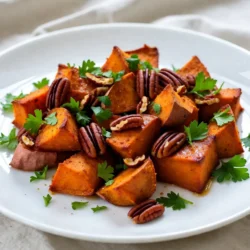 - Sweet Potatoes - Maple Syrup and Olive Oil - Spices and Seasoning Sweet potatoes are the star of this dish. Choose four medium-sized ones. Peel and cut them into cubes. Cubing helps them cook evenly. Maple syrup adds a sweet touch that balances the flavor. Use three tablespoons for a rich taste. Olive oil is key too. It helps with roasting and gives a nice crunch. You need two tablespoons for this recipe. Spices make it extra special. Ground cinnamon brings warmth. Use one teaspoon for a cozy taste. Nutmeg adds a hint of spice. You only need half a teaspoon. Don't forget salt and pepper! They enhance all the flavors. Add to your taste for the best result. Optional ingredients can boost the dish. Chopped pecans add a nice crunch. Use a quarter cup if you like. Fresh parsley makes a great garnish. It adds a pop of color and freshness. With these ingredients, you create a dish full of flavor. Each bite will be sweet, warm, and satisfying. {{ingredient_image_1}} Preheating the Oven Start by preheating your oven to 400&deg;F (200&deg;C). This step is key for getting crispy edges. Mixing Ingredients In a big bowl, add the cubed sweet potatoes. Pour in the olive oil and maple syrup. Then, sprinkle in the ground cinnamon, nutmeg, salt, and pepper. Toss everything well. Make sure the sweet potatoes are coated evenly. This mix gives them a sweet and spicy flavor. Roasting Techniques Spread the sweet potato mix on a large baking sheet. Keep them in a single layer to roast evenly. Place the sheet in the oven and roast for 25-30 minutes. Stir the sweet potatoes halfway through. This helps them cook evenly and get nice and caramelized. Recommended Oven Settings Set your oven to 400&deg;F (200&deg;C). This heat is perfect for roasting sweet potatoes. It makes them soft inside and crispy outside. Adding Pecans and Garnishing If you want extra crunch, add the chopped pecans during the last 10 minutes of roasting. This adds a nice texture. Once done, take the sweet potatoes out of the oven. Let them cool for a few minutes. If you like, garnish with fresh parsley before serving. This makes the dish look bright and fresh. Ensuring Even Cooking To make sure all sweet potatoes roast well, cut them into even cubes. Aim for about one-inch pieces. This size helps them cook at the same rate. Spread them out on the baking sheet. Avoid overcrowding, as too many pieces can steam instead of roast. Tips for Caramelization To get that perfect caramelized look, use olive oil. It helps the sugars in the sweet potatoes brown nicely. Toss the sweet potatoes well in the oil and syrup mixture. This helps create a lovely glaze. Stir them halfway through roasting. This step ensures they brown evenly on all sides. Choosing the Best Varieties When picking sweet potatoes, look for firm ones without blemishes. Garnet and Jewel varieties work great for this recipe. They are sweet and have a nice texture when cooked. I prefer the ones with smooth skin. These will roast better and give you that perfect bite. Additional Spices and Ingredients You can add more flavor with spices. Try a pinch of cayenne for heat or ginger for warmth. If you like nuts, add walnuts or almonds instead of pecans. These will give a nice crunch. Don't forget fresh herbs, like thyme or rosemary, to add freshness to your dish. Pro Tips Cut Uniformly: Ensure that the sweet potato cubes are cut into even sizes for consistent cooking and caramelization. Use Fresh Spices: Opt for freshly ground cinnamon and nutmeg to enhance the flavor profile of the dish significantly. Maple Syrup Substitutes: If you don't have maple syrup, honey or agave syrup can be used as a delicious alternative. Check for Doneness: Use a fork to check if the sweet potatoes are tender; they should easily pierce through without resistance. {{image_2}} Adding apples gives a fruity twist. Their sweetness pairs well with the maple. Use tart apples, like Granny Smith, for balance. Cut them into small cubes. Toss them with the sweet potatoes before roasting. This mix adds a lovely texture and flavor. You will enjoy the added freshness in each bite. For a savory version, add garlic and herbs. Mince 2-3 cloves of garlic. Toss them with the sweet potatoes and other ingredients. Fresh herbs like rosemary or thyme work well too. These add depth to the dish. The garlic gives a rich flavor, and the herbs brighten it. This version is perfect for a hearty meal. If you need a nut-free dish, substitute pecans with seeds. Try sunflower seeds or pumpkin seeds. These seeds add crunch without nuts. Toss them in during the last ten minutes of roasting. This keeps them crunchy and flavorful. You still get that nice texture without allergens. To keep your Maple Cinnamon Roasted Sweet Potatoes fresh, store them properly. Place leftovers in an airtight container. They stay good in the refrigerator for up to four days. If you want to keep them longer, freeze them. In the freezer, they last for about three months. Just make sure to label your containers. This helps you know what you have and when you made it. Reheating is easy and keeps the flavor intact. The best way is to use the oven. Preheat it to 350&deg;F (175&deg;C). Spread the sweet potatoes on a baking sheet. Heat them for about 10-15 minutes. This helps them get nice and warm without losing their texture. You can also use a microwave. Just warm them in short bursts. Stir between each burst to keep them even. Making these sweet potatoes ahead saves time. You can peel and cube the sweet potatoes a day before. Store them in water in the fridge to keep them fresh. You can also mix the spices and maple syrup in a bowl. This way, when you're ready, you can quickly toss everything together. Roasting them in bulk makes for easy meals all week long. Yes, you can make this dish vegan. To do this, you need to focus on the ingredients. The recipe already uses maple syrup, which is vegan. Instead of olive oil, you can use coconut oil or avocado oil. Both will keep the sweet potatoes moist and tasty. To check if the sweet potatoes are done, you can use a fork. Insert the fork into a piece of sweet potato. If it goes in easily, they are ready. You want them to be soft and caramelized. If they need more time, just roast them for a few more minutes. You can use other types of potatoes, but they will change the taste. For example, regular potatoes will be less sweet. Red potatoes or Yukon Gold potatoes can work well. Just make sure to cut them into similar sizes for even cooking. Adjust roasting time if needed, as different potatoes may cook faster or slower. In this post, we covered the key ingredients for tasty roasted sweet potatoes. I shared step-by-step instructions, tips for perfect roasting, and fun variations you can try. We also looked at storage tips to keep leftovers fresh. With these insights, you'll create delicious sweet potatoes every time. Explore your flavor options and enjoy preparing this dish. Happy cooking!
