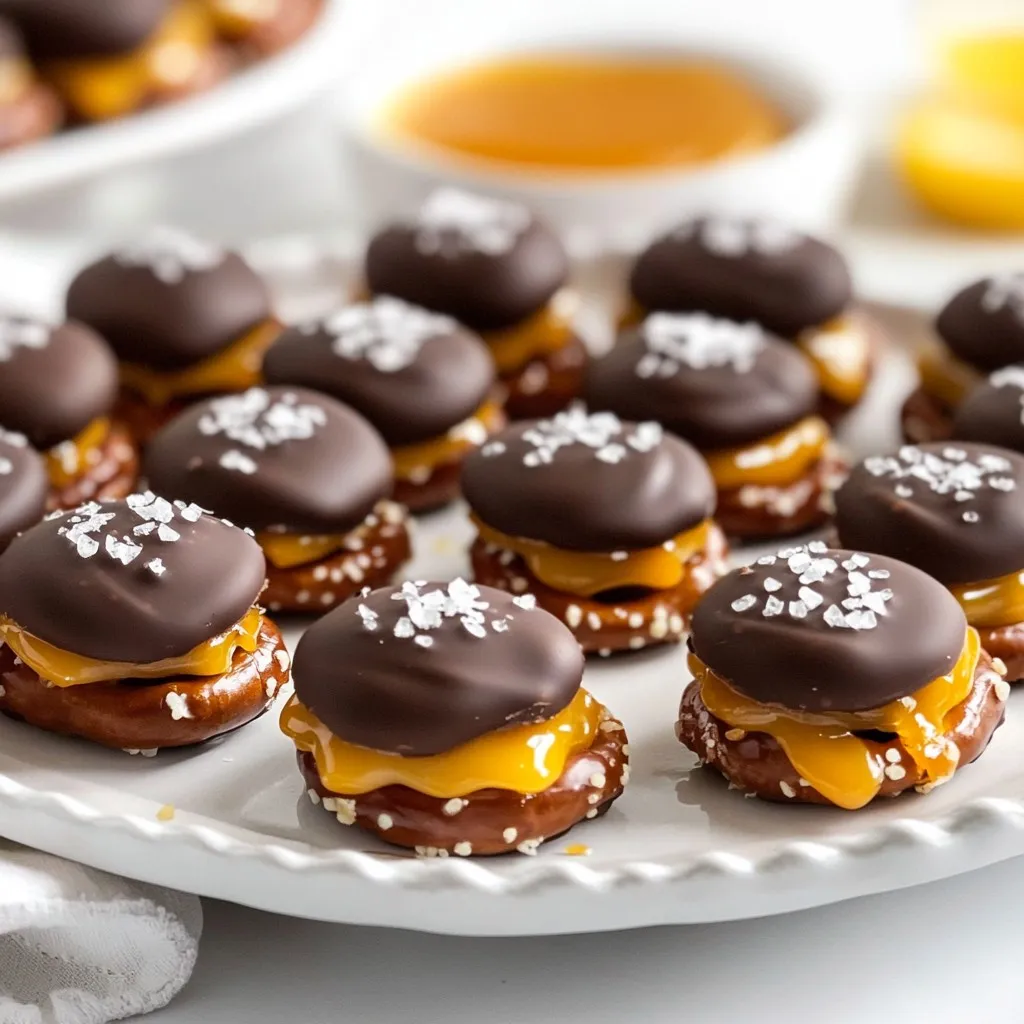 - 2 cups small pretzel twists - 1 cup soft caramel candies (or caramel sauce) - 1 cup dark chocolate chips - Sea salt for sprinkling - Optional: chopped nuts for topping (e.g., pecans or peanuts) - Alternative pretzel options: You can use pretzel sticks or large pretzels. They work well. Choose what you like best. - Caramel sauce vs. candy: Both work great. Caramel sauce offers a smoother pour. Soft caramel candies give a nice bite. - Types of chocolate chips: Dark chocolate chips are rich. You can use milk chocolate or white chocolate too, for a sweeter taste. This list helps you gather what you need to make these bites. Adjust the ingredients to fit your taste. Enjoy mixing flavors and textures in this fun snack! {{ingredient_image_1}} 1. Preheat the oven to 350°F (175°C). This step is key for even baking. 2. Line a baking sheet with parchment paper. It helps with easy cleanup. 3. Place the small pretzel twists in a single layer on the baking sheet. They should not touch each other. 1. Unwrap the soft caramel candies. Place one on each pretzel twist. If you use caramel sauce, drizzle it over the pretzels. 2. Bake in the oven for about 5-7 minutes. Watch closely! You want the caramel to soften without melting completely. 3. Once done, take the baking sheet out. Gently press another pretzel on top of each softened caramel. This creates a delicious sandwich. 1. For the chocolate, use a microwave-safe bowl. Melt the dark chocolate chips in 30-second increments. Stir in between until smooth. 2. You can either drizzle or dip the pretzel sandwiches in the melted chocolate. Make sure to cover them well. 3. While the chocolate is still warm, sprinkle a pinch of sea salt on top. If you like, add chopped nuts for extra crunch. 4. Let the pretzel bites cool. You can place them at room temperature or in the fridge until the chocolate sets. Enjoy your tasty treats! How to avoid caramel overflow To prevent caramel from spilling out, only use soft caramel. This melts but stays contained. Press the pretzel firmly on the caramel. This helps keep the bites neat. Monitor them closely in the oven. Remove them right when the caramel is soft. Temperature control for chocolate melting For smooth melted chocolate, use low heat. Start with 30 seconds in the microwave. Stir and repeat until smooth. Avoid overheating. If chocolate burns, it becomes thick and clumpy. Keep stirring for a creamy texture. Arranging bites for serving To showcase your Chocolate Caramel Pretzel Bites, use a nice plate. Place them in a circle or rows. This makes them look inviting. Leave space between each bite. This prevents them from sticking together. Creative plating ideas Add a small bowl of extra caramel on the side. Guests can dip their bites for more flavor. Use fresh fruit or nuts as garnish. These add color and texture to your plate. Perfect pairings with drinks These bites pair well with milk or coffee. The sweetness balances the flavors. Try serving with a light sparkling drink too. It adds a refreshing touch. Storage ideas for serving later Keep your leftovers in an airtight container. Store them at room temperature for a few days. If you want to keep them longer, put them in the fridge. This keeps them fresh and tasty for up to a week. Pro Tips Use Fresh Caramels: Ensure your caramel candies are soft and fresh for easy melting and spreading. Try Different Chocolates: Experiment with milk chocolate or white chocolate for a different flavor profile. Chill for Better Coating: Refrigerate the pretzel bites for a few minutes after drizzling chocolate to help it set faster. Customize Your Toppings: Get creative with toppings like crushed pretzels, sprinkles, or coconut for added texture and flavor. {{image_2}} You can change the flavor of these bites easily. Use white chocolate instead of dark chocolate for a sweeter taste. White chocolate gives a creamy finish that pairs well with pretzels. You can also infuse flavors using extracts. Add a touch of vanilla for warmth. Almond extract adds a nice nutty hint. Mix and match to find your favorite. If you need gluten-free options, look for gluten-free pretzels. Many brands offer tasty choices that work well. For those wanting a vegan treat, use vegan caramel. Brands like Coconut Bliss make great vegan caramel. This way, everyone can enjoy these bites, no matter their diet. Toppings can take these pretzel bites to a new level. Try adding chopped nuts like pecans or peanuts for crunch. You can also sprinkle colorful sprinkles over the chocolate. Dried fruits like cranberries or apricots can add sweetness and chewiness. Get creative and have fun with the toppings you choose! Store your chocolate caramel pretzel bites carefully to keep them fresh. If you plan to eat them within a few days, keep them at room temperature in an airtight container. This will help maintain their crunch and flavor. If you want them to last longer, place them in the refrigerator. Just note that the chocolate may become a bit firmer when chilled, but they’ll still taste great! These bites can last for about a week at room temperature. If stored in the fridge, they can stay fresh for up to two weeks. Look for signs of spoilage, like a change in texture, or if the chocolate develops a white film. This film is called bloom, and it happens when the chocolate is exposed to moisture or temperature changes. While it may not be harmful, it can affect the taste. Yes, you can freeze chocolate caramel pretzel bites! To freeze them, layer them between parchment paper in an airtight container. This way, they won’t stick together. When you’re ready to enjoy them, remove them from the freezer. Let them thaw at room temperature for about 15 to 30 minutes. This will help the chocolate soften back up. Enjoy your bites just like they were fresh! Making chocolate caramel pretzel bites takes about 30 minutes. First, you will spend 15 minutes prepping. This includes unwrapping caramels and laying out pretzels. Then, you will bake them for 5 to 7 minutes. After that, melting the chocolate takes another few minutes. So, in just half an hour, you can enjoy these tasty treats. Yes, you can use various pretzel types! You could try pretzel sticks or even pretzel crisps. Each shape gives a unique look and taste. Just ensure they are sturdy enough to hold the caramel and chocolate. Experimenting with different pretzels can lead to fun new flavors. To melt chocolate without burning it, use a microwave or stovetop. For the microwave, heat chocolate chips in 30-second bursts. Stir after each burst to check if they are melted. For stovetop, use a double boiler. Fill a pot with water and place a heat-safe bowl on top. Stir the chocolate until smooth. Both methods help keep the chocolate creamy and delicious. In this guide, we covered how to make chocolate caramel pretzel bites. We explored each ingredient, from pretzels to chocolate. I shared step-by-step instructions for preparing, baking, and finishing touches. You learned tips for baking and serving that make a big difference. These treats are easy to customize, and storage is simple. Enjoy making these bites for any occasion. Get creative and have fun!