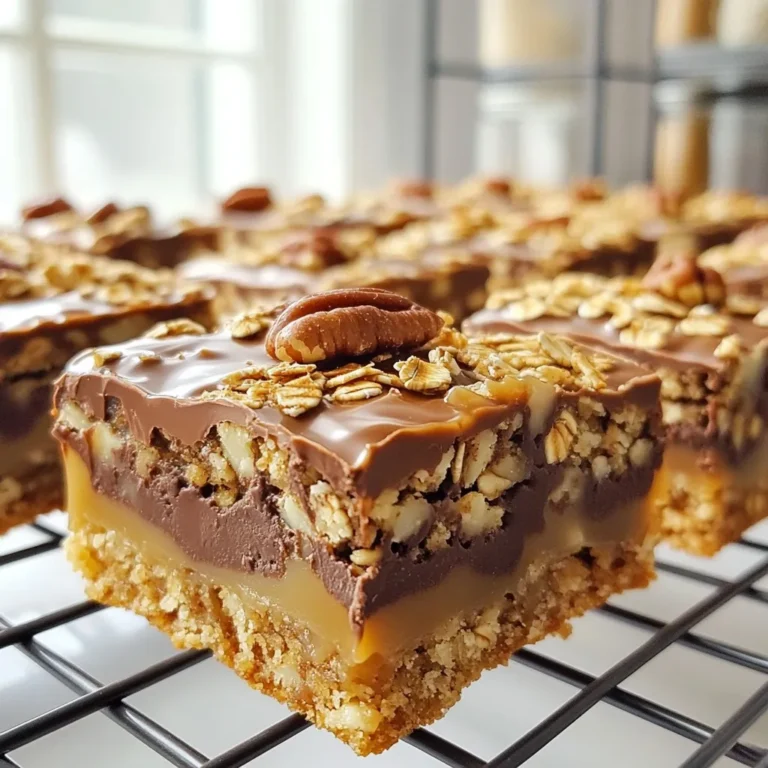 - 1 cup rolled oats - 1 cup all-purpose flour - 1/2 cup brown sugar - 1/2 teaspoon baking soda - 1/2 teaspoon salt - 1/2 cup unsalted butter, melted - 1/2 cup chocolate chips - 1/2 cup caramel sauce (store-bought or homemade) - 1/4 cup chopped pecans (optional) You can swap the all-purpose flour for whole wheat flour for a nutty flavor. If you want a gluten-free option, use almond flour or oat flour. Instead of pecans, try walnuts or almonds for a different crunch. For a richer taste, use dark chocolate chips. Always check your oats for freshness. Old oats can lose their flavor. Store your chocolate chips in a cool, dry place. This keeps them smooth and melty. If you make homemade caramel sauce, use it within a week for the best taste. Fresh butter adds a rich flavor to your Carmelitas. {{ingredient_image_1}} Start by preheating your oven to 350°F (175°C). This step is key for even baking. Next, prepare a 9x9-inch baking dish. You can grease it lightly or line it with parchment paper. Lining with paper makes it easy to lift out the squares later. In a large mixing bowl, combine the rolled oats, all-purpose flour, brown sugar, baking soda, and salt. Mix these dry ingredients thoroughly. This ensures that every bite of your Carmelitas has a great flavor. Now, pour the melted butter into your dry mix. Stir well until it forms a crumbly dough. This mixture will create the base of your Carmelitas. You want it to have a nice, sandy texture. Take half of the oat mixture and press it into the bottom of your prepared baking dish. Make sure to pack it down firmly. Next, spread the caramel sauce evenly over this oat layer. Follow this by sprinkling the chocolate chips on top of the caramel. If you like nuts, add the chopped pecans at this stage. Now, use the remaining oat mixture to crumble over the top. Aim to cover everything evenly. This layer adds a nice crunch to your treats. Place the baking dish in your preheated oven. Bake for 25 to 30 minutes. You want the top to turn a golden brown. Once done, take it out and let it cool completely in the dish. This cooling step is important before cutting into squares. For the best texture, use rolled oats. They add chewiness and hold up well. Mix the dry ingredients well before adding butter. This helps the oats blend evenly. When you press the oat mixture, do it firmly. This creates a strong base. Bake until golden brown, but not too dark. This helps keep the squares soft and chewy. Let the Carmelitas cool completely before storing. This helps them keep their shape. Place them in an airtight container. They can last up to a week at room temperature. If you want them to last longer, refrigerate them. Just remember to let them warm up before serving for the best taste. Carmelitas are great on their own but can be even better. Try serving them with vanilla ice cream. The cold ice cream pairs well with the warm Carmelitas. You can also drizzle extra caramel sauce on top. For a crunch, add chopped nuts. Enjoy them at parties or just for a cozy night in! Pro Tips Use Cold Butter: For a crumblier texture, consider chilling the butter slightly before melting. This helps maintain a better structure in the oat mixture. Customize Your Nuts: Feel free to swap out the pecans for your favorite nuts or seeds, like walnuts or sunflower seeds, to add a different flavor and crunch. Experiment with Chocolate: Try using a mix of milk, dark, and white chocolate chips for a more complex flavor profile in each bite. Storage Tips: Store leftover Carmelitas in an airtight container at room temperature for up to a week, or refrigerate them for longer freshness. {{image_2}} If you want to make these treats nut-free, just skip the pecans. The recipe still tastes great without them. You can also use seeds like sunflower or pumpkin seeds for extra crunch. They add a nice texture and a hint of flavor. To create a gluten-free version, swap the all-purpose flour for a gluten-free blend. Make sure to choose a blend that works well for baking. Also, check your oats to ensure they are certified gluten-free. This way, everyone can enjoy these delicious squares! You can easily switch up the flavors in these Carmelitas. Add a pinch of cinnamon or nutmeg for warm spice notes. If you love fruits, try adding dried fruit like cranberries or raisins. You can also mix in different types of chocolate, like dark or white. Each change gives a new twist to this classic treat! To keep your Carmelitas fresh, store them in an airtight container. This helps maintain their soft texture. Place a piece of wax paper between layers to avoid sticking. Keep them at room temperature for easy access. If you live in a warm area, store them in the fridge to prevent melting. Carmelitas can last about one week at room temperature. If stored in the fridge, they may last up to two weeks. Be sure to check for any signs of spoilage, like an off smell or changes in texture. This ensures you enjoy them at their best! Freezing is a great option if you want to save some for later. Cut the Carmelitas into squares and wrap each one in plastic wrap. Place them in a freezer-safe bag or container. They can last up to three months in the freezer. When you’re ready to enjoy them, let them thaw at room temperature or heat them slightly in the oven. Yes, you can use quick oats. They will change the texture a bit. Quick oats are finer than rolled oats. This might make your Carmelitas softer. If you want a chewy bite, stick with rolled oats. To make caramel sauce, you need sugar, butter, and cream. Start by melting sugar in a pan over medium heat. Stir until it turns golden brown. Remove from heat and add butter. Once melted, slowly stir in cream. Let it cool before using it in the recipe. These treats pair well with several options. You can serve them with a scoop of vanilla ice cream. A drizzle of extra caramel sauce adds a nice touch. Fresh fruit or whipped cream also works well. Get creative and enjoy! Yes, you can make Carmelitas ahead of time. They store well in an airtight container. Keep them at room temperature for up to three days. For longer storage, refrigerate them. Just warm them before serving for the best taste. To cut your Carmelitas into squares, let them cool completely. Use a sharp knife for clean cuts. For neat squares, warm the knife slightly before cutting. This helps reduce sticking. Aim for even pieces so everyone gets a treat! Carmelitas are easy and fun to make, as we explored in this post. We started with the key ingredients and their possible substitutes. Then, I shared clear steps for mixing, layering, and baking. I offered tips for texture and storage to keep your treats fresh. Finally, I showed you variations to try. Enjoy your baking and share these sweet treats with friends!