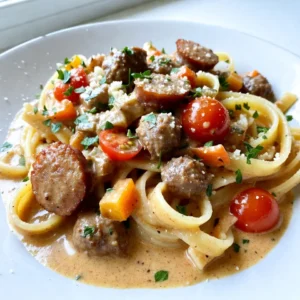 To make creamy Cajun sausage pasta, you need: - 8 oz. fettuccine or penne pasta - 2 tablespoons olive oil - 1 pound smoked sausage (like Andouille), sliced - 1 medium onion, diced - 2 cloves garlic, minced - 1 bell pepper (red or green), diced - 1 cup heavy cream - 1 cup chicken broth - 2 tablespoons Cajun seasoning - 1 cup cherry tomatoes, halved - Salt and pepper to taste - 1/2 cup grated Parmesan cheese - Fresh parsley, chopped for garnish Each ingredient plays a key role in the dish. The pasta gives the base. Use eight ounces to serve four people well. The sausage adds a rich, smoky flavor. One pound of sliced sausage will give you just that. Use a medium onion and two cloves of garlic for the best taste. They enhance the dish with depth. Bell peppers add color and crunch. One diced bell pepper is perfect. The heavy cream and chicken broth make the sauce creamy. You need one cup of each for the right consistency. Two tablespoons of Cajun seasoning give it that spicy kick you crave. Finally, add cherry tomatoes for freshness and a half cup of grated Parmesan for creaminess. You can mix in some extras to make this dish your own. Consider adding more veggies like spinach or mushrooms for added nutrition. You can also use different types of pasta, like rotini or spaghetti. If you love heat, try adding a pinch of cayenne pepper. For a touch of sweetness, toss in some corn. Each optional ingredient can change the dish and make it special! {{ingredient_image_1}} Start by boiling water in a large pot. Make sure to add salt for flavor. Once the water bubbles, add 8 oz. of fettuccine or penne pasta. Cook it until al dente, which usually takes about 8-10 minutes. Stir the pasta occasionally so it doesn't stick. After it's done, drain the pasta and set it aside. Heat 2 tablespoons of olive oil in a large skillet over medium heat. Add 1 pound of sliced smoked sausage, like Andouille. Cook it for about 5 minutes until it&rsquo;s browned. This step adds flavor! Next, toss in 1 medium diced onion and 1 diced bell pepper, either red or green. Cook for 3-4 minutes until they soften. Then, add 2 minced garlic cloves and saut&eacute; for 1 more minute. This will make your kitchen smell amazing. Pour in 1 cup of chicken broth and 1 cup of heavy cream into the skillet. Stir in 2 tablespoons of Cajun seasoning. Bring this mixture to a simmer and let it cook for about 5 minutes. This helps thicken the sauce. Add 1 cup of halved cherry tomatoes and the cooked pasta. Toss everything together well. Don&rsquo;t forget to season with salt and pepper to taste. Finally, mix in 1/2 cup of grated Parmesan cheese until it melts and creates a creamy sauce. If the sauce seems thick, a splash more broth or cream can help. Let it sit for a few minutes, then garnish with chopped fresh parsley before serving. To get the best creaminess, use heavy cream. It makes the sauce rich and smooth. If you want it even creamier, add more cheese. Parmesan cheese helps add flavor too. If the sauce is too thick, just add a little chicken broth or cream. Stir it well until it looks just right. Cajun seasoning gives this dish a nice kick. If you like it mild, use less seasoning. Start with one tablespoon and taste the sauce. You can always add more if you want more heat. If it&rsquo;s too spicy, add more cream or cheese to cool it down. Balance is key! Don&rsquo;t rush the cooking process. Take your time to saut&eacute; the sausage till it&rsquo;s brown. This adds great flavor. When cooking the pasta, make sure it's al dente. This means it should be firm, not mushy. Also, remember to save some pasta water. It can help adjust the sauce later if needed. Enjoy your cooking adventure! Pro Tips Choose the Right Sausage: For an authentic Cajun flavor, Andouille sausage is ideal, but any smoked sausage will work well too. Adjust the Spice: If you prefer a milder dish, reduce the amount of Cajun seasoning or use a mild sausage. Perfect Pasta: Be sure to reserve some pasta water before draining; it can help adjust the sauce consistency if needed. Add Freshness: Incorporating fresh herbs like thyme or basil can elevate the dish's flavor profile. {{image_2}} You can change the sausage to fit your taste. Try chicken or turkey sausage for a lighter meal. Both options still give great flavor. If you want plant-based choices, use tempeh or seitan. These options absorb flavors well and keep the dish hearty. Adding more veggies can boost nutrition and flavor. Consider using spinach or kale for a fresh touch. You could also add mushrooms for depth. Broccoli or zucchini will add texture and color. Mix and match these to suit your tastes. While fettuccine and penne work great, other pastas can shine in this dish. Try using whole wheat or gluten-free pasta for a healthier choice. Or use spiralized veggies, like zucchini or carrots, for a fun twist. Each option gives a unique texture and flavor. After you enjoy your creamy Cajun sausage pasta, store leftovers in an airtight container. Make sure it cools down first. Place it in the fridge within two hours of cooking. It will stay fresh for up to three days. For best taste, eat leftovers soon. When you're ready to eat again, reheat the pasta on the stove. Pour it into a skillet over low heat. Add a splash of chicken broth or cream to help it stay creamy. Stir often until heated through. You can also use a microwave. Place it in a microwave-safe bowl and cover it. Heat in short bursts, stirring in between, until hot. If you want to save some for later, freezing works well. Let the pasta cool completely before freezing. Use a freezer-safe container or bag. It&rsquo;s best to freeze pasta without the cheese. This way, it keeps its taste and texture. When ready to eat, thaw it overnight in the fridge. Reheat as mentioned above for a delicious meal. You can use a mix of spices to replace Cajun seasoning. Try using paprika, garlic powder, and black pepper. You can also add a pinch of cayenne for heat. If you like, chili powder works too. This way, you create a unique flavor that suits your taste. Yes, you can make this dish gluten-free. Just choose gluten-free pasta. Many brands offer great options like brown rice or quinoa pasta. Check the labels to ensure they are certified gluten-free. The rest of the recipe stays the same, so you can enjoy it without worry. To make it spicier, add more Cajun seasoning or red pepper flakes. You can also use spicy sausage for more heat. If you want it milder, reduce the Cajun seasoning. Use sweet sausage instead of spicy ones. This way, you can control the heat to fit your taste. In this blog post, we covered a complete guide to making a tasty pasta dish. We discussed the needed ingredients, step-by-step cooking instructions, and helpful tips. You learned about different variations and how to store leftovers well. Cooking pasta can be fun and easy, especially with these strategies. Remember, you can always adjust the dish to suit your taste. Enjoy your delicious creation and share it with friends and family!