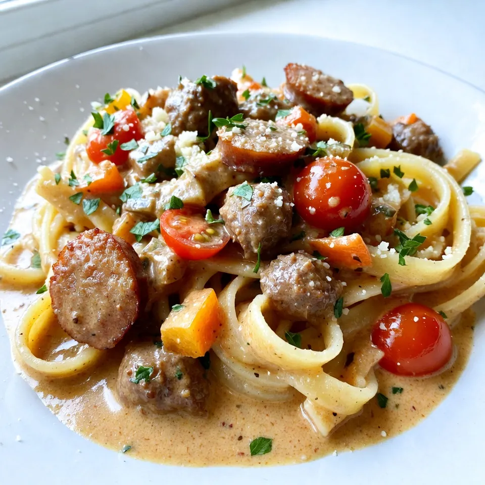 To make creamy Cajun sausage pasta, you need: - 8 oz. fettuccine or penne pasta - 2 tablespoons olive oil - 1 pound smoked sausage (like Andouille), sliced - 1 medium onion, diced - 2 cloves garlic, minced - 1 bell pepper (red or green), diced - 1 cup heavy cream - 1 cup chicken broth - 2 tablespoons Cajun seasoning - 1 cup cherry tomatoes, halved - Salt and pepper to taste - 1/2 cup grated Parmesan cheese - Fresh parsley, chopped for garnish Each ingredient plays a key role in the dish. The pasta gives the base. Use eight ounces to serve four people well. The sausage adds a rich, smoky flavor. One pound of sliced sausage will give you just that. Use a medium onion and two cloves of garlic for the best taste. They enhance the dish with depth. Bell peppers add color and crunch. One diced bell pepper is perfect. The heavy cream and chicken broth make the sauce creamy. You need one cup of each for the right consistency. Two tablespoons of Cajun seasoning give it that spicy kick you crave. Finally, add cherry tomatoes for freshness and a half cup of grated Parmesan for creaminess. You can mix in some extras to make this dish your own. Consider adding more veggies like spinach or mushrooms for added nutrition. You can also use different types of pasta, like rotini or spaghetti. If you love heat, try adding a pinch of cayenne pepper. For a touch of sweetness, toss in some corn. Each optional ingredient can change the dish and make it special! {{ingredient_image_1}} Start by boiling water in a large pot. Make sure to add salt for flavor. Once the water bubbles, add 8 oz. of fettuccine or penne pasta. Cook it until al dente, which usually takes about 8-10 minutes. Stir the pasta occasionally so it doesn't stick. After it's done, drain the pasta and set it aside. Heat 2 tablespoons of olive oil in a large skillet over medium heat. Add 1 pound of sliced smoked sausage, like Andouille. Cook it for about 5 minutes until it’s browned. This step adds flavor! Next, toss in 1 medium diced onion and 1 diced bell pepper, either red or green. Cook for 3-4 minutes until they soften. Then, add 2 minced garlic cloves and sauté for 1 more minute. This will make your kitchen smell amazing. Pour in 1 cup of chicken broth and 1 cup of heavy cream into the skillet. Stir in 2 tablespoons of Cajun seasoning. Bring this mixture to a simmer and let it cook for about 5 minutes. This helps thicken the sauce. Add 1 cup of halved cherry tomatoes and the cooked pasta. Toss everything together well. Don’t forget to season with salt and pepper to taste. Finally, mix in 1/2 cup of grated Parmesan cheese until it melts and creates a creamy sauce. If the sauce seems thick, a splash more broth or cream can help. Let it sit for a few minutes, then garnish with chopped fresh parsley before serving. To get the best creaminess, use heavy cream. It makes the sauce rich and smooth. If you want it even creamier, add more cheese. Parmesan cheese helps add flavor too. If the sauce is too thick, just add a little chicken broth or cream. Stir it well until it looks just right. Cajun seasoning gives this dish a nice kick. If you like it mild, use less seasoning. Start with one tablespoon and taste the sauce. You can always add more if you want more heat. If it’s too spicy, add more cream or cheese to cool it down. Balance is key! Don’t rush the cooking process. Take your time to sauté the sausage till it’s brown. This adds great flavor. When cooking the pasta, make sure it's al dente. This means it should be firm, not mushy. Also, remember to save some pasta water. It can help adjust the sauce later if needed. Enjoy your cooking adventure! Pro Tips Choose the Right Sausage: For an authentic Cajun flavor, Andouille sausage is ideal, but any smoked sausage will work well too. Adjust the Spice: If you prefer a milder dish, reduce the amount of Cajun seasoning or use a mild sausage. Perfect Pasta: Be sure to reserve some pasta water before draining; it can help adjust the sauce consistency if needed. Add Freshness: Incorporating fresh herbs like thyme or basil can elevate the dish's flavor profile. {{image_2}} You can change the sausage to fit your taste. Try chicken or turkey sausage for a lighter meal. Both options still give great flavor. If you want plant-based choices, use tempeh or seitan. These options absorb flavors well and keep the dish hearty. Adding more veggies can boost nutrition and flavor. Consider using spinach or kale for a fresh touch. You could also add mushrooms for depth. Broccoli or zucchini will add texture and color. Mix and match these to suit your tastes. While fettuccine and penne work great, other pastas can shine in this dish. Try using whole wheat or gluten-free pasta for a healthier choice. Or use spiralized veggies, like zucchini or carrots, for a fun twist. Each option gives a unique texture and flavor. After you enjoy your creamy Cajun sausage pasta, store leftovers in an airtight container. Make sure it cools down first. Place it in the fridge within two hours of cooking. It will stay fresh for up to three days. For best taste, eat leftovers soon. When you're ready to eat again, reheat the pasta on the stove. Pour it into a skillet over low heat. Add a splash of chicken broth or cream to help it stay creamy. Stir often until heated through. You can also use a microwave. Place it in a microwave-safe bowl and cover it. Heat in short bursts, stirring in between, until hot. If you want to save some for later, freezing works well. Let the pasta cool completely before freezing. Use a freezer-safe container or bag. It’s best to freeze pasta without the cheese. This way, it keeps its taste and texture. When ready to eat, thaw it overnight in the fridge. Reheat as mentioned above for a delicious meal. You can use a mix of spices to replace Cajun seasoning. Try using paprika, garlic powder, and black pepper. You can also add a pinch of cayenne for heat. If you like, chili powder works too. This way, you create a unique flavor that suits your taste. Yes, you can make this dish gluten-free. Just choose gluten-free pasta. Many brands offer great options like brown rice or quinoa pasta. Check the labels to ensure they are certified gluten-free. The rest of the recipe stays the same, so you can enjoy it without worry. To make it spicier, add more Cajun seasoning or red pepper flakes. You can also use spicy sausage for more heat. If you want it milder, reduce the Cajun seasoning. Use sweet sausage instead of spicy ones. This way, you can control the heat to fit your taste. In this blog post, we covered a complete guide to making a tasty pasta dish. We discussed the needed ingredients, step-by-step cooking instructions, and helpful tips. You learned about different variations and how to store leftovers well. Cooking pasta can be fun and easy, especially with these strategies. Remember, you can always adjust the dish to suit your taste. Enjoy your delicious creation and share it with friends and family!