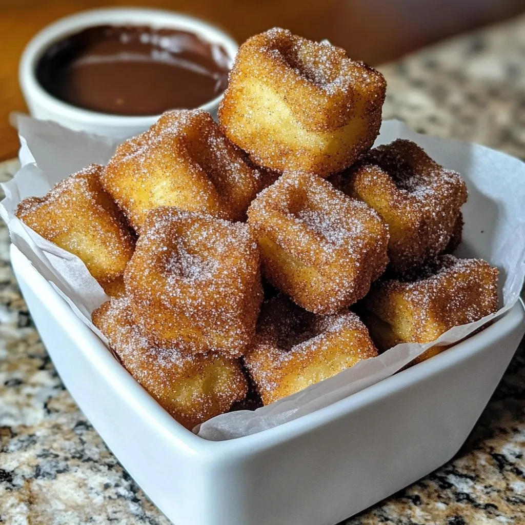 - 1 cup all-purpose flour - 2 tablespoons granulated sugar - 1 teaspoon baking powder - 1/2 teaspoon salt - 1/2 cup water - 2 tablespoons unsalted butter - 1 teaspoon vanilla extract - 1/4 cup granulated sugar (for coating) - 1 tablespoon ground cinnamon - Oil for frying Each ingredient plays a key role in making churro bites tasty. The flour gives the churros structure. Sugar adds sweetness. Baking powder helps them rise. Salt brings out flavor. Water and butter create a smooth dough. Vanilla adds a warm touch. The extra sugar and cinnamon make them delightful. Use a kitchen scale for precise measuring if you like. This helps ensure success every time you make them. For all-purpose flour, I like King Arthur Flour. It has great quality. For sugar, Domino is a reliable choice. For butter, choose brands like Land O'Lakes or Kerrygold for rich flavor. Use McCormick for vanilla extract for its strong aroma. For cinnamon, try Saigon cinnamon for a bolder taste. These brands help you make churro bites that wow your family and friends! {{ingredient_image_1}} To start, gather your ingredients. You need flour, sugar, baking powder, salt, water, butter, and vanilla. In a medium saucepan, mix the water, butter, and sugar. Heat this mixture on medium until it boils. Stir well until the butter melts fully. Once boiling, take it off the heat. Now, add the flour, baking powder, and salt. Stir until a smooth dough forms. Let it cool for a few minutes. Then, mix in the vanilla extract for extra flavor. Next, heat the oil in a deep pan or fryer. Aim for 350°F (175°C). While the oil heats, prepare a piping bag fitted with a star tip. Once the oil is hot, pipe small churro shapes into the oil. Cut them off with scissors to make pieces about 1-2 inches long. Fry them for 2-3 minutes. Keep an eye on them and turn them occasionally. They should turn golden brown. Use a slotted spoon to remove them from the oil. Place them on paper towels to drain excess oil. While the churro bites are still warm, get ready to coat them. In a shallow bowl, mix 1/4 cup of granulated sugar with 1 tablespoon of ground cinnamon. Roll each churro bite in this cinnamon sugar mixture until fully coated. This step adds a delightful sweetness. For a fun twist, serve them in a basket with parchment paper. You can add chocolate sauce or caramel on the side for dipping. Enjoy your tasty cinnamon sugar churro bites! To get that classic churro bite, you want a soft inside and a crisp outside. Start by mixing your dough well. It should feel smooth and not sticky. After frying, let them cool on paper towels to keep them crispy. The warm churros will absorb less oil this way. Frying at the right temperature is key. Use a thermometer to keep the oil at 350°F (175°C). If the oil is too hot, the churros will burn. If it’s too cool, they will soak up oil and become greasy. Fry small batches to avoid crowding. This helps them cook evenly. Serve your churro bites in a cute basket lined with parchment paper. This makes them look inviting. Add a small bowl of chocolate sauce or caramel for dipping. Sprinkle some extra cinnamon sugar on top for a beautiful finish. This not only tastes great but also makes your treat pop! Pro Tips Perfect Temperature: Ensure the oil is at the right temperature (350°F) for frying. Too hot will burn the churros, while too low will make them greasy. Freshly Made: Serve churro bites immediately after coating them in cinnamon sugar for the best texture and flavor. Flavor Variations: Experiment with different spices like nutmeg or even a hint of chili powder for a unique twist on the classic churro flavor. Batch Cooking: If making a large batch, keep cooked churros warm in a low oven (200°F) while frying the remaining dough to ensure all are served hot. {{image_2}} You can easily take churro bites to the next level. Dip them in melted chocolate for a sweet twist. Use dark, milk, or white chocolate based on your taste. Once dipped, let the chocolate set on parchment paper. This adds a rich flavor and a lovely look to your bites. Want to switch things up? You can add spices to the dough for new flavors. Try nutmeg for warmth or pumpkin spice for a fall treat. Just mix about a teaspoon of your chosen spice into the dough. This gives every bite a fun twist. While frying makes churros crispy, you can also bake them for a healthier treat. To bake, shape the dough into bites and place them on a baking sheet. Brush them with melted butter and sprinkle cinnamon sugar on top. Bake at 375°F for about 12-15 minutes or until golden brown. This method gives you delicious churro bites without the oil. Store leftover churro bites in an airtight container. Keep them in the fridge for up to three days. Make sure they cool down before sealing the container. This helps preserve their flavor and texture. To freeze churro bites, let them cool completely. Place them in a single layer on a baking sheet. Freeze them for about an hour. Once frozen, transfer them to a freezer bag or container. They can last in the freezer for up to three months. When ready to enjoy, you can reheat them directly from the freezer. To reheat churro bites, use an oven or an air fryer for the best results. Preheat your oven to 350°F (175°C). Place them on a baking sheet and heat for about 5-7 minutes. If using an air fryer, set it to 350°F (175°C) and heat for about 3-5 minutes. This keeps them crispy and warm. Avoid using the microwave, as it can make them soggy. Cinnamon sugar churro bites are small, sweet treats made from a dough that you fry. They are crispy on the outside and soft inside. After frying, you coat them in a mix of sugar and cinnamon. This gives them a delightful sweetness. They are a fun twist on classic churros, perfect for snacking or sharing. Yes, you can make churro bites in advance. You should fry them fresh for the best taste. However, you can prepare the dough earlier. Store it in the fridge for up to a day. Just pipe and fry them when you are ready to serve. You can find pre-made churro bites at some grocery stores or specialty dessert shops. Look in the frozen foods section or the bakery aisle. Many fairs and food festivals also sell them fresh. You might also find them at local food trucks. The best oil for frying churros is one with a high smoke point. Canola oil, vegetable oil, or peanut oil work great. They help achieve that crispy texture without burning. Avoid oils with low smoke points, like olive oil. To prevent churro bites from becoming soggy, fry them at the right temperature. Make sure the oil is hot enough, around 350°F (175°C). Don't overcrowd the pan, as this lowers the oil's temperature. Always drain them well on paper towels before coating them in sugar. This keeps them crispy and delicious. You learned about churro bites, from ingredients to storage tips. We covered tasty ingredient brands, measuring details, and how to make perfect dough. You now know about frying and coating in sweet cinnamon sugar. I shared tricks for great texture and even cooking. Variations like chocolate or baked options bring fun twists. Proper storage keeps them fresh for longer. Enjoy these tips to create your delicious churro bites at home!