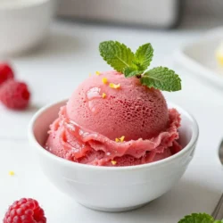 For this Raspberry Lemonade Sorbet, you need 2 cups of fresh raspberries. I love using ripe ones for their bright flavor. They should be plump and sweet, perfect for blending. You can find them at your local market during summer. If you pick them yourself, that&rsquo;s even better! Next, grab 1 cup of fresh lemon juice. This usually comes from about 4 to 6 lemons. The juice adds a tangy kick that balances the sweet berries. Don&rsquo;t forget the zest from 2 lemons. It adds a wonderful lemony aroma. Zest is the colorful outer layer of the lemon peel. Use a fine grater for the best results. You will also need 1 cup of granulated sugar and 1 &frac12; cups of water. The sugar creates a sweet syrup that helps blend the flavors. Heat the sugar and water together until the sugar dissolves. This simple syrup serves as the base for our sorbet. Make sure it cools before mixing it with the raspberries! {{ingredient_image_1}} To start, grab a medium saucepan. Measure out 1 cup of granulated sugar and 1 &frac12; cups of water. Place both in the saucepan over medium heat. Stir the mixture until the sugar fully dissolves. This creates a simple syrup. Once the sugar is gone, remove it from the heat. Let the syrup cool down while you prepare the raspberry mixture. Next, wash 2 cups of fresh raspberries. This step ensures they are clean and ready to use. Place the raspberries in a blender. Add 1 cup of fresh lemon juice and the zest of 2 lemons to the blender. Blend the mixture until it is completely smooth. After blending, take a fine mesh sieve and strain the raspberry mixture into a large bowl. This removes any seeds. Use the back of a spoon to press down. This helps extract as much puree as possible. Once your simple syrup has cooled, it is time to combine everything. Pour the cooled syrup into the bowl with the raspberry puree. Mix everything together well. Now, decide how you want to freeze your sorbet. You can either pour the mixture into a shallow dish or use an ice cream maker. If you choose the ice cream maker, follow the manufacturer&rsquo;s instructions. If using a shallow dish, place it in the freezer. Stir it with a fork every 30 minutes for about 3-4 hours. This helps achieve that fluffy sorbet texture. When ready, scoop the sorbet into serving bowls. If you like, garnish with fresh mint leaves for a nice touch. To make the best raspberry lemonade sorbet, start with fresh raspberries. Look for bright, plump berries with no mold. If you can, pick them in the morning when they are cool and sweet. Always choose ripe lemons for their juice and zest. The zest adds a great flavor. The key to a great sorbet is the texture. After blending and straining the raspberries, mix them with the cooled simple syrup. If you have an ice cream maker, use it for a smooth finish. If not, freeze the mixture in a shallow dish. Stir every 30 minutes. This helps break up ice crystals, making it light and fluffy. For a fun touch, serve the sorbet in chilled bowls. Add fresh mint leaves on top for color. You can also garnish with lemon slices or extra raspberries. This makes the sorbet look fancy and inviting. Enjoy it on a hot day as a refreshing treat! Pro Tips Use Frozen Raspberries: If fresh raspberries are not available, you can use frozen ones. Just thaw them slightly before blending to achieve a smooth puree. Adjust Sweetness: Taste the raspberry mixture before adding the simple syrup. Depending on the tartness of your lemons and raspberries, you may want to adjust the sugar to your preference. Chill Your Bowl: If you're using an ice cream maker, chill the bowl in the freezer for a few hours before churning. This helps the sorbet freeze faster and achieve a better texture. Serve with Style: For an elegant presentation, serve the sorbet in chilled bowls or glasses, and add a sprig of fresh mint or a slice of lemon on top for garnish. {{image_2}} You can mix things up with other fruits. Strawberries, blueberries, or blackberries work great. Try half raspberries and half strawberries for a new twist. The key is to keep the lemon juice in your recipe. It gives that lovely tang that balances the sweetness. If you're watching your sugar, use natural sweeteners. Honey or agave syrup can replace granulated sugar. You can also try using stevia or monk fruit sweetener. Just remember to adjust the amounts. Each sweetener has a different level of sweetness. Taste as you go to find your perfect balance. For an adult twist, add some alcohol. A splash of vodka or gin enhances the flavor. You can also try limoncello for a citrus kick. Mix in 1/4 cup of your chosen spirit after the simple syrup cools. This makes it a fun treat for summer parties. Just be sure to enjoy responsibly! Store leftover sorbet in an airtight container. This keeps the air out and helps it stay fresh. You can also cover it with plastic wrap before sealing. Make sure to label the container with the date. This will help you remember when you made it. Freeze the sorbet at the coldest part of your freezer. This helps it freeze faster and keeps it firm. Avoid opening the freezer too often. Each time you open it, warm air gets in, which can cause ice crystals to form. If your sorbet becomes too hard, re-churn it. Let it sit at room temperature for about 10 minutes. This softens it just enough. Then, place it back in the ice cream maker or mix it in a bowl with a fork. This will restore its smooth texture. Enjoy your delicious sorbet again! Yes, you can use frozen raspberries. They work well in this recipe. Just thaw them before blending. Fresh raspberries give a brighter flavor, but frozen can still taste great. They also save time, making this treat even easier. Raspberry Lemonade Sorbet lasts about two weeks in the freezer. After that, it may lose its texture and flavor. To keep it fresh, store it in an airtight container. This helps prevent ice crystals from forming. Yes, you can make sorbet without an ice cream maker. Pour the mixture into a shallow dish after mixing. Freeze it for about four hours. Stir every 30 minutes with a fork to break up ice. This gives you a smooth, fluffy texture. Yes, you can adjust the sugar to your taste. If you prefer less sweetness, reduce the sugar by half. Taste the mixture before freezing to ensure it meets your preference. You can always add more sugar later if needed. Leftover sorbet can be used in cocktails or as a topping for desserts. It also works well in smoothies. Simply blend it with yogurt or milk for a refreshing drink. You can even use it as a fruity sauce over cakes or pancakes. Absolutely! You can use strawberries, mangoes, or peaches. Just adjust the lemon juice to match the fruit&rsquo;s flavor. Each fruit gives a different taste and color to the sorbet. This lets you have fun and get creative with your recipes. Making raspberry lemonade sorbet is simple and fun. We covered the key ingredients, like fresh raspberries, lemon juice, sugar, and water. You learned how to create a smooth sorbet using a few easy steps. I shared tips for choosing the best fruits and achieving the perfect texture. You can even mix in different fruits or substitutes to make it your own. In the end, this treat is refreshing and easy to enjoy. So grab your ingredients and start making your own delicious sorbet today!