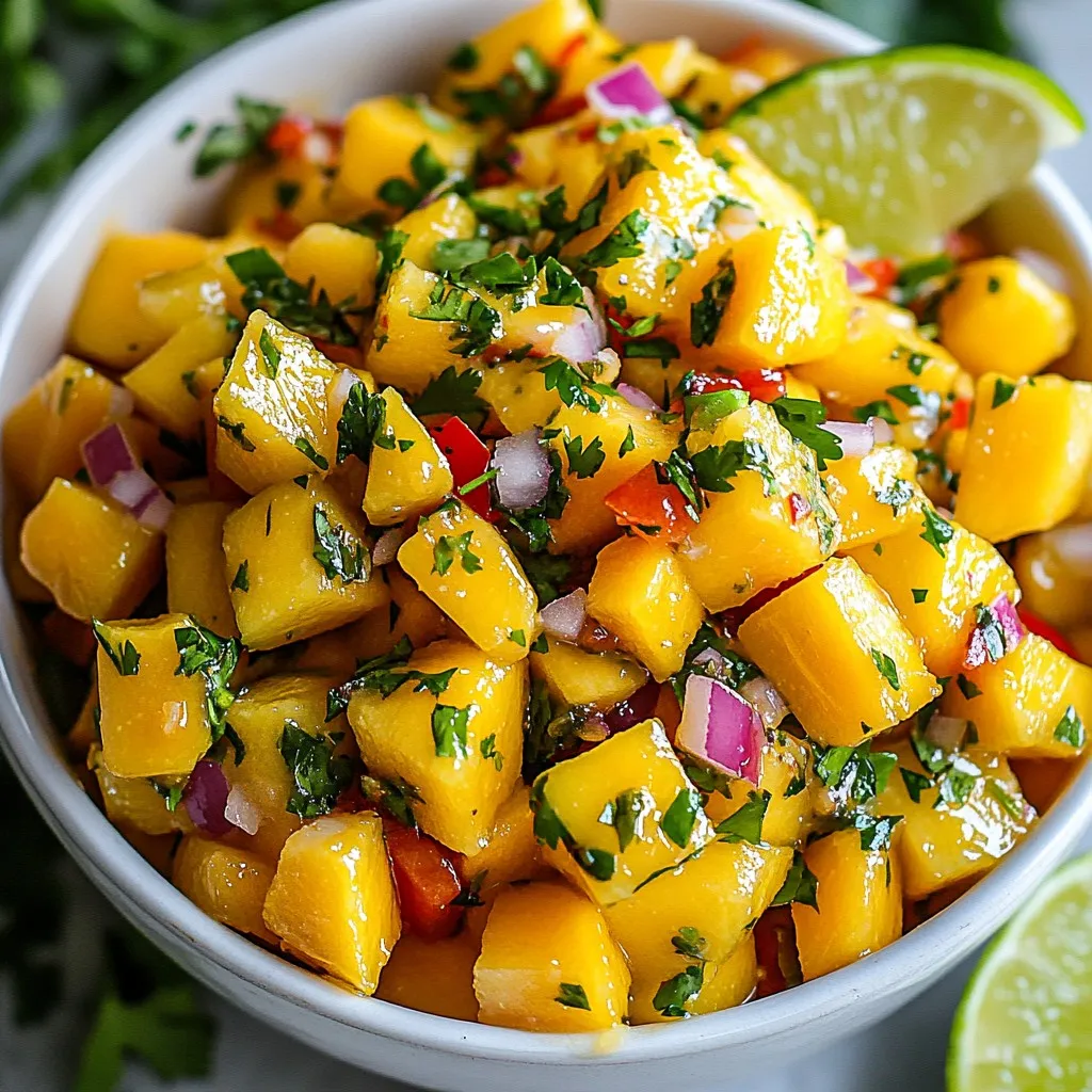 - 2 ripe mangos, diced - 1 large red bell pepper, finely chopped - 1 small red onion, finely chopped - 1-2 habanero peppers, deseeded and minced (adjust for spice preference) - 1/4 cup fresh cilantro, chopped - Juice of 2 limes - Salt to taste Choosing ripe mangos is key. Look for fruit that gives slightly when pressed. They should smell sweet and fruity. Fresh cilantro adds bright flavor. Dried cilantro is not the same. For spice, you can adjust the habaneros. Start with one if you want mild heat. Taste as you go. This salsa is low in calories. A serving has about 50 calories. Mangos provide vitamin C and A. The red bell pepper adds more vitamin C. Habaneros have capsaicin, which may boost metabolism. Enjoy this salsa for a tasty, healthy treat! {{ingredient_image_1}} 1. Peeling and dicing mangos: Start with ripe mangos. Cut off the skin with a knife. Hold the mango steady. Slice the flesh off the seed. Dice the mango into small cubes. This gives a nice texture in your salsa. 2. Chopping bell pepper and onion: Take the red bell pepper. Cut it in half and remove the seeds. Chop it finely into small pieces. Next, do the same with the red onion. Finely chop it to mix well with the other ingredients. 3. Minced habanero handling tips: Habaneros are spicy. Wear gloves when you handle them. Remove the seeds for less heat. Mince them finely after removing the seeds. Be careful not to touch your face afterward. 1. Order of ingredient mixing: In a mixing bowl, add the diced mango first. Then, add the chopped bell pepper and onion. Finally, add the minced habanero. This order helps each flavor stand out. 2. How to avoid mashing the mango: Mix gently with a spoon. Use a folding motion, not stirring hard. This way, you keep the mango cubes intact. 3. Best practices for seasoning: After mixing, add fresh cilantro and lime juice. Then, sprinkle salt over the top. Taste the salsa and adjust the salt. You can also add more habanero if you like it spicier. 1. Importance of refrigeration: Cover the bowl and place it in the fridge. Let it chill for at least 30 minutes. This step is key for flavor development. 2. Description of flavor melding process: The cold allows the flavors to blend. The sweet mango, spicy habanero, and tangy lime mix beautifully. You’ll notice a richer taste after it sits. Enjoy the salsa with chips or on your favorite dish! - For chopping mangos, try using a large spoon. Scoop out the flesh easily. - Use a sharp knife to finely chop the red onion and bell pepper. - Fresh ingredients make the salsa pop! Choose ripe mangos and bright cilantro. - Serve this salsa with tortilla chips for a tasty snack. - Try it on grilled chicken or fish for added flavor. - Use it as a topping for tacos or nachos for a fresh twist. - Use a bright bowl to serve your salsa; it makes it eye-catching. - Garnish with extra cilantro and lime wedges for a fresh look. - Arrange colorful ingredients neatly for a fun display on the table. Pro Tips Choose the Right Mango: For the best flavor, select mangos that are slightly soft to the touch and have a sweet aroma. Ataulfo or Haden varieties are excellent choices for salsas. Control the Heat: If you prefer a milder salsa, make sure to remove all the seeds from the habanero peppers and start with just one. You can always add more later if needed! Let It Rest: Allowing the salsa to chill in the fridge for at least 30 minutes helps the flavors meld together beautifully, enhancing the overall taste. Experiment with Additions: Feel free to customize your salsa by adding diced avocado, pineapple, or even a splash of coconut water for a tropical twist! {{image_2}} To adjust the heat in your salsa, consider using jalapeños instead of habaneros. Jalapeños provide a milder spice that still adds flavor. They work well for those who want a kick without too much heat. You can also add spices like cumin or smoked paprika. These spices add depth and warmth, balancing the sweetness of the mango. You can get creative by adding fruits like pineapple or peach. These fruits bring a different sweetness that pairs well with the heat. Try mixing in black beans or corn for added texture. They give your salsa a hearty feel and make it more filling. For festive occasions, think about holiday-inspired flavors. You could add cranberry or pomegranate for a seasonal twist. If you want a tropical vibe, mix in coconut or lime zest. For a Tex-Mex twist, add corn and black beans, giving it a heartier flair. Each variation allows you to explore new tastes while keeping the fresh essence of your salsa. To keep your Mango Habanero Salsa fresh, use an airtight container. Glass or plastic containers work well. Make sure to seal it tightly to prevent air from getting in. Store your salsa in the fridge right after making it. It tastes best when chilled. Mango Habanero Salsa lasts about 3 to 5 days in the fridge. Check for signs that it has gone bad. If you see mold or a sour smell, it’s time to toss it. Fresh salsa should smell bright and fruity. You can freeze Mango Habanero Salsa for up to 3 months. Follow these steps: - Pour the salsa into a freezer-safe container, leaving room for expansion. - Seal the container tightly to avoid freezer burn. - Label and date the container for easy reference. When you’re ready to use it, thaw the salsa in the fridge overnight. Stir well before serving. The flavor will still be great, but the texture may change slightly. To lower the spice in your salsa, use fewer habanero peppers. Start with just one. You can also remove the seeds, which hold a lot of heat. Another way is to add more mango or red bell pepper. This will balance the spice with sweetness. If it’s still too hot, try adding avocado or sour cream. These creamy ingredients help cool down the heat. Yes, you can use canned mangos. They save time and are easy to use. However, fresh mangos taste better and have a better texture. Canned mangos are often softer and may change the salsa's crunch. When using canned mangos, drain them well to avoid extra liquid in your salsa. Mango Habanero Salsa is great with many dishes. Serve it with tortilla chips for a fun snack. It pairs best with grilled chicken or fish, adding a fresh kick. You can also use this salsa on tacos or burrito bowls. For a twist, try it on a salad or as a topping for burgers. Mango Habanero Salsa is a bright mix of ripe mangos, fresh veggies, and spices. Remember to choose ripe fruits and adjust spice levels to suit your taste. Preparation and storage play key roles in keeping your salsa fresh and tasty. Incorporate new ingredients or change up the heat for a fun twist. Enjoy this dish with your favorite meals or try unique serving ideas. The options are endless, and with these tips, your salsa will always shine. Enjoy creating your own fresh flavors!