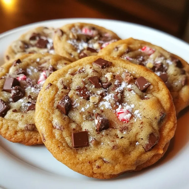 To make these tasty cookies, you need the following: - 1 cup unsalted butter, softened - 3/4 cup granulated sugar - 3/4 cup brown sugar, packed - 1 teaspoon vanilla extract - 2 large eggs - 2 1/4 cups all-purpose flour - 1 teaspoon baking soda - 1/2 teaspoon salt - 1 cup dark chocolate chunks - 1/2 cup crushed peppermint candies (or candy canes) - 1/4 teaspoon peppermint extract These ingredients create a rich, sweet base. The butter adds creaminess, while the sugars give sweetness. The dark chocolate and crushed peppermint deliver that special flavor. You can add fun twists to your cookies. Here are some ideas: - White chocolate chunks for extra sweetness - Chopped nuts, like walnuts or pecans, for crunch - A sprinkle of sea salt on top for contrast These options let you play with flavors and textures. Feel free to mix and match based on what you love. If you're missing an ingredient, here are some swaps: - Use coconut oil if you don’t have butter. - Swap brown sugar with more granulated sugar in a pinch. - For gluten-free cookies, use a 1:1 gluten-free flour blend. These substitutions help keep the recipe flexible. You can still bake delicious cookies even with changes. {{ingredient_image_1}} First, preheat your oven to 350°F (175°C). This sets the stage for baking. Line two baking sheets with parchment paper. This helps cookies bake evenly and makes clean-up easy. In a large bowl, beat 1 cup of softened butter with 3/4 cup of granulated sugar and 3/4 cup of brown sugar. Mix until creamy and fluffy, which takes about 2-3 minutes. Next, add 1 teaspoon of vanilla extract and 2 large eggs. Mix each egg in one at a time. This helps blend everything well. In another bowl, whisk together 2 1/4 cups of all-purpose flour, 1 teaspoon of baking soda, and 1/2 teaspoon of salt. Gradually add this dry mix to the wet ingredients. Stir until just combined. Don’t overmix, or the cookies may be tough. Now, fold in 1 cup of dark chocolate chunks, 1/2 cup of crushed peppermint candies, and 1/4 teaspoon of peppermint extract. Make sure these goodies are evenly mixed into the dough. Using a cookie scoop or tablespoon, drop spoonfuls of dough onto your lined baking sheets. Space them about 2 inches apart. This gives them room to spread. Bake in your preheated oven for 10-12 minutes. The edges should be lightly golden, and the centers should look set. Keep an eye on them. Ovens can vary in heat. When the cookies are done, take them out and let them cool on the baking sheets for 5 minutes. This helps them firm up a bit. After that, transfer the cookies to a wire rack to cool completely. For serving, place them on a beautiful platter or in a festive cookie jar. You can even garnish with a light dusting of powdered sugar or extra crushed peppermint for a fun touch! To get that perfect texture, start with softened butter. It helps the cookies spread just right. Mix the butter and sugars until creamy. This step creates air that makes cookies light. Don't overmix the dough after adding flour. Stir gently until just combined. This keeps your cookies soft and chewy. Always preheat your oven to 350°F (175°C). This temperature gives you a nice golden edge. Keep an eye on your cookies while they bake. They should take about 10-12 minutes. If your oven runs hot, check them a minute early. If they look set in the middle, they are done. Use quality baking sheets lined with parchment paper. This helps prevent sticking and ensures even baking. A cookie scoop makes uniform dough balls. This means all cookies bake evenly. A mixing bowl and whisk are also key. They help combine ingredients smoothly. A wire rack cools cookies quickly and keeps them crisp. Pro Tips Chill the Dough: For thicker cookies, refrigerate the dough for at least 30 minutes before baking. This helps prevent spreading and enhances flavor. Use High-Quality Chocolate: Choose premium dark chocolate chunks for a richer taste and smoother texture in your cookies. Don't Overbake: Take the cookies out of the oven when the edges are golden and the center is still soft. They will continue to set as they cool. Experiment with Mix-Ins: Feel free to add nuts or other candies to customize your cookies. Just be mindful of the overall balance of flavors. {{image_2}} You can change the flavor of your cookies by adding mix-ins. Try using nuts like walnuts or pecans for a crunch. You can also swap in white chocolate or milk chocolate chunks. These options add a sweet twist and change the cookie's texture. Each mix-in gives a new taste to the classic peppermint flavor. To make gluten-free cookies, use almond flour or a gluten-free flour blend. This keeps the taste while removing gluten. For a vegan version, replace butter with coconut oil and eggs with flaxseed meal or applesauce. Both options keep the cookies soft and delicious. You won’t miss the traditional ingredients at all! Seasonal changes can inspire new flavors. In winter, try adding white chocolate and a hint of orange zest. This gives a fresh twist to the cookies. In summer, consider adding lemon zest or dried fruits like cranberries. Each season brings a chance to experiment and create a new favorite. To keep your peppermint chocolate chunk cookies fresh, store them in an airtight container. This helps maintain their soft texture and rich flavor. Place parchment paper between layers to prevent sticking. Keep the container in a cool, dry place, away from direct sunlight. These cookies stay fresh for about one week. If you want to save some cookies for later, freezing is a great option. Let the cookies cool completely before freezing. Then, place them in a single layer on a baking sheet. Freeze until solid, about an hour. Once frozen, transfer the cookies to a zip-top bag. Squeeze out the air and seal it tight. Frozen cookies can last up to three months. If your cookies go stale, don’t worry! You can easily bring them back to life. Preheat your oven to 300°F (150°C). Place the cookies on a baking sheet. Bake for about 5-10 minutes. This warms them up and softens the texture. For extra moisture, add a slice of bread to the storage container. The cookies will absorb the moisture and regain softness. Yes, you can! Feel free to swap dark chocolate for milk or white chocolate. Each type adds its own taste. Milk chocolate gives a sweeter touch. White chocolate adds creaminess. You can also mix different types for extra flavor. To add festive flair, you can use colored sprinkles or drizzle chocolate on top. You can also use holiday-themed cookie cutters for fun shapes. Adding a light dusting of powdered sugar or more crushed peppermint makes them pop. The easiest way to crush peppermint candies is to use a plastic bag. Place the candies in the bag and use a rolling pin to crush them. You can also use a food processor for a finer crush. Just be careful not to turn them into dust. Absolutely! Doubling the ingredients works well. Just make sure you have enough space on your baking sheets. You may need to bake in batches if your oven is small. These cookies stay fresh for about a week when stored in an airtight container. If you want them to last longer, freeze them. They can keep in the freezer for up to three months. Just thaw before serving. Peppermint chocolate chunk cookies are fun to make and tasty to eat. We covered the needed ingredients and some smart swaps. You learned easy steps to mix, bake, and serve your cookies. The tips shared will help you achieve the perfect texture. Don't forget the fun variations to try. Lastly, proper storage keeps your cookies fresh longer. Enjoy baking and sharing these delightful treats with friends and family!