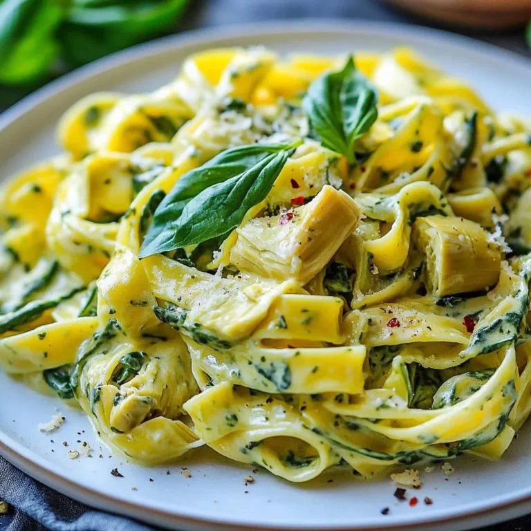 - 8 oz pasta (fettuccine or your choice) - 2 cups fresh spinach, chopped - 1 can (14 oz) artichoke hearts, drained and chopped - 1 cup heavy cream - 1 cup grated Parmesan cheese - 2 cloves garlic, minced - 1 tablespoon olive oil - 1 teaspoon lemon juice - Salt and pepper to taste - 1/4 teaspoon red pepper flakes (optional for heat) - Fresh basil for garnish (optional) The first step in making creamy spinach artichoke pasta is to gather the right ingredients. For the base, you need pasta. I like fettuccine, but any type works. The artichokes bring a unique texture and flavor. Fresh spinach adds a nice color and taste. Heavy cream makes the sauce rich and smooth. Next, for seasoning, you will want Parmesan cheese. It adds a salty and nutty flavor. Garlic is key for aroma and depth. Olive oil is essential for sautéing. Lemon juice adds brightness, while salt and pepper enhance all the flavors. If you like a bit of heat, add red pepper flakes. Fresh basil can give a lovely finish to your dish. Each ingredient plays a role. I love how they come together to create something special. Make sure to use fresh ingredients for the best taste. This pasta dish is great for family dinners or a cozy night in. Enjoy the process of cooking, and let the flavors shine! {{ingredient_image_1}} - Bring salted water to a boil. - Cook pasta according to package instructions until al dente. Start by filling a pot with water and adding salt. This step helps flavor the pasta. Wait until the water bubbles before adding the pasta. Follow the time on the package to know when it’s ready. Remember to save some pasta water for the sauce later! - Heat olive oil in skillet. - Add garlic and sauté until fragrant. - Incorporate chopped spinach. Next, grab a large skillet and pour in the olive oil. Heat it over medium heat. When hot, add minced garlic. Stir it around for about one minute. The smell will be amazing! Now, add the chopped spinach. Cook until it wilts down, mixing it with the garlic. - Add chopped artichoke hearts. - Pour in heavy cream and simmer. - Stir in Parmesan cheese. Once the spinach is ready, add the chopped artichoke hearts. Cook them for a few minutes to warm them through. Then, lower the heat and pour in the heavy cream. Let it simmer gently for a couple of minutes. Now it's time to stir in the grated Parmesan cheese. Keep stirring until it melts into a smooth sauce. If it’s too thick, add some reserved pasta water to thin it out. - Toss drained pasta with sauce. - Season with lemon juice, salt, and pepper. Now, combine the drained pasta with the creamy sauce. Toss it well to coat every piece. Squeeze in some fresh lemon juice for brightness. Don’t forget to add salt and pepper to taste! - Optional: Add red pepper flakes. - Serve garnished with fresh basil. For a little heat, sprinkle in some red pepper flakes. If you like basil, chop some fresh leaves and sprinkle them on top before serving. This last touch adds color and flavor to your dish! How to adjust sauce thickness: If your sauce is too thick, add a little reserved pasta water. Start with just a few tablespoons and mix well. Keep adding until you reach your desired creaminess. If the sauce is too thin, let it simmer longer. This will help it thicken naturally. Best substitutes for heavy cream: You can use half-and-half or whole milk for a lighter option. If you want a dairy-free choice, try coconut milk or cashew cream. These will still give a nice texture, but they will change the flavor a bit. How to achieve al dente pasta: To cook pasta to al dente, follow the package instructions closely. Check the pasta a minute or two before the time is up. It should be firm when you bite into it, not mushy. This will give your dish a better texture. Importance of reserving pasta water: Always save some pasta water before draining. This starchy water enhances the sauce's texture. It helps the sauce stick to the pasta better, making every bite delicious. Complementary side dishes: Serve your creamy spinach artichoke pasta with a light salad. A simple green salad with lemon vinaigrette works well. You can also serve garlic bread for a fun touch. Best wine pairings for the dish: Pair this dish with a crisp white wine, like Pinot Grigio or Sauvignon Blanc. These wines bring out the flavors of the spinach and artichokes nicely. If you prefer red, a light Pinot Noir will also work. Pro Tips Use Fresh Ingredients: Fresh spinach and high-quality artichokes will enhance the flavor and nutrition of your dish. Adjust the Creaminess: For a lighter version, substitute half of the heavy cream with vegetable broth or pasta water. Save Pasta Water: The starchy pasta water is great for adjusting sauce consistency and helping it cling to the pasta. Experiment with Cheese: Mix different cheeses like mozzarella or goat cheese for a unique twist on the classic flavor. {{image_2}} You can make this dish even better by adding more veggies. Try bell peppers, mushrooms, or zucchini for extra flavor and color. These veggies add great texture and nutrition. You can also use different greens like kale or Swiss chard. Both options give a twist to the classic taste. Want to add protein? You can easily mix in cooked chicken or shrimp. Simply sauté them before adding artichokes to the pan. For a meatless option, try chickpeas or lentils. They add protein and pair well with the creamy sauce. Cheese lovers can experiment with different types. Gouda or mozzarella gives a new flavor. You can also use cream cheese for a richer sauce. If you prefer a vegan option, try cashew cheese or nutritional yeast. These substitutes keep your dish tasty and dairy-free. To keep your creamy spinach artichoke pasta fresh, store it in an airtight container. This will help prevent drying out and keep the flavors intact. Place the pasta in the fridge right after it cools. The dish lasts for about 3-4 days in the refrigerator. Make sure to check for any signs of spoilage before eating. If you have leftovers, you can freeze them. First, let the pasta cool to room temperature. Then, place it in a freezer-safe bag or container. Remove as much air as possible to prevent freezer burn. This way, it can last for up to 2-3 months in the freezer. When you're ready to eat your frozen pasta, thaw it overnight in the fridge. You can also use a microwave for quick thawing. To reheat, warm it in a skillet over medium heat. Add a splash of milk or reserved pasta water to keep it creamy. Stir well until heated through, and enjoy! Can I use frozen spinach instead of fresh? Yes, you can use frozen spinach. Just thaw it and squeeze out the water. This keeps your pasta from getting watery. Frozen spinach is handy and works well in this dish. What type of pasta goes best with this dish? Fettuccine is a great choice. It holds the sauce well. You can also try penne or any pasta you like. Just make sure it is a shape that can catch the creamy sauce. What can I use instead of heavy cream? You can use half-and-half or whole milk. For a lighter version, try plain Greek yogurt. It will change the taste slightly but will still be creamy. Alternative ingredients for those with dietary restrictions For a vegan option, use coconut cream or cashew cream. You can skip the cheese or use a vegan cheese. This allows everyone to enjoy this dish! Can I serve this dish cold? While it’s best served hot, you can chill it. It will change the flavor, but it makes a nice pasta salad. Just add some extra lemon juice for freshness. What are the best side dishes to serve with creamy spinach artichoke pasta? A simple salad pairs well. Garlic bread is also a great side. You can even serve roasted veggies for a colorful plate. These sides balance the creaminess of the pasta. In summary, this creamy spinach artichoke pasta combines fresh ingredients and simple steps. Start with pasta, sauté garlic and spinach, then build a rich sauce. Add in your favorite flavors and make it your own. Remember to experiment with variations and serve it well. With these tips, you will impress everyone at the table. Enjoy this delicious dish, and don’t hesitate to share your own twists! The joy of cooking starts with trying new recipes.