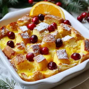 To make this tasty dessert, gather these key ingredients: - 6 cups stale bread (like brioche or challah), cut into 1-inch cubes - 2 cups milk - 1 cup heavy cream - 4 large eggs - 1 cup granulated sugar - 2 teaspoons vanilla extract - Zest of 1 large orange - Juice of 1 large orange - 1 ½ cups fresh or frozen cranberries - 1 teaspoon ground cinnamon - Pinch of salt - Powdered sugar for dusting (optional) These ingredients combine to create a rich and flavorful bread pudding. The stale bread soaks up the mixture, while the cranberries add a burst of tartness. You can customize this recipe with some easy swaps: - Bread: Use any stale bread, like French or white bread. - Milk: Almond or oat milk works well if you need a dairy-free option. - Cream: Substitute with coconut cream for a dairy-free version. - Cranberries: Dried cranberries can work, but soak them in warm water first. - Eggs: Flax eggs can substitute if you prefer a vegan option. Feel free to play around with ingredients to match your taste and needs. Choosing the right bread is key. Here’s how to pick the best one: - Stale Bread: Use bread that is at least a day old. Fresh bread can become too mushy. - Texture: Look for bread with a good crust. This helps hold the pudding together. - Flavor: Choose bread that has a nice flavor, like brioche or challah. This adds depth to your dish. With the right bread, your pudding will be a hit! Enjoy the process of making this delightful treat. {{ingredient_image_1}} Start by preheating your oven to 350°F (175°C). This step is key for even baking. While the oven warms, grease a 9x13-inch baking dish. I like to use butter or cooking spray to prevent sticking. Now, grab a large mixing bowl. Add 6 cups of stale bread cubes. Use bread like brioche or challah for the best flavor. Next, toss in 1 ½ cups of fresh or frozen cranberries. Sprinkle in 1 teaspoon of ground cinnamon. Mix everything gently to coat the bread with cinnamon. In another bowl, whisk together 4 large eggs and 1 cup of granulated sugar. Add 2 teaspoons of vanilla extract, the zest and juice of 1 large orange, and a pinch of salt. Pour in 2 cups of milk and 1 cup of heavy cream. Mix until everything is well combined. Pour the egg mixture over the bread and cranberries. Gently fold the mixture until all the bread is soaked. Let it sit for about 15 minutes. This soaking time helps the bread absorb the flavors fully. Transfer the mixture to your greased baking dish. Spread it out evenly and press down lightly. Bake in the preheated oven for 45-50 minutes. You’ll know it’s done when the top is golden brown and a knife inserted in the center comes out clean. Once it’s baked, let it cool for 10-15 minutes before serving. To get that perfect texture in your cranberry orange bread pudding, focus on the bread. Use stale bread like brioche or challah. Stale bread soaks up the egg mixture well. Cut the bread into 1-inch cubes for even soaking. After mixing, let it sit for 15 minutes. This step helps the bread absorb all the flavors. Serve this dessert warm for the best taste. Dust it with powdered sugar for a nice look. Add fresh cranberries and a slice of orange on top. This gives it a festive feel. For an extra treat, pair it with a scoop of vanilla ice cream. The cold ice cream contrasts nicely with the warm pudding. If you have leftovers, store them in an airtight container. Place it in the fridge for up to three days. You can also freeze the pudding for longer storage. Wrap it tightly in plastic wrap and then in foil. When you’re ready to enjoy it again, thaw it in the fridge overnight. Warm it up in the oven or microwave before serving. This way, it stays delicious and moist. Pro Tips Use Day-Old Bread: Stale bread is ideal for this recipe as it absorbs the custard mixture better, resulting in a richer texture. Customize Your Fruit: Feel free to mix in other fruits like blueberries or chopped apples for a unique twist on flavor. Let it Soak: Allow the bread to sit in the custard mixture for at least 15 minutes to ensure even soaking and a creamy result. Check for Doneness: To ensure your bread pudding is perfectly baked, insert a knife in the center; it should come out clean when done. {{image_2}} You can make your cranberry orange bread pudding more exciting by adding spices. Try adding nutmeg for warmth. A little ginger can add a nice zing. You can also use allspice for a unique flavor twist. Start with a half teaspoon and adjust to your taste. Each spice brings a new layer to the dish, making it special for your guests. While cranberries are a star, other fruits can shine too. You can swap cranberries for blueberries or raspberries. They add sweetness and a pop of color. You can also use lemon or lime juice instead of orange. This change gives a bright, zesty flavor that pairs well with the bread. Feel free to mix and match your favorite fruits! If you have dairy allergies or prefer plant-based options, there are great milk substitutes. Almond milk is a tasty choice, adding a nutty flavor. Oat milk works well too, giving a creamy texture. Coconut milk can add a tropical twist, but it may change the flavor profile. Use any of these options in the same amount as regular milk. It helps everyone enjoy this dessert! If you have leftover cranberry orange bread pudding, store it in the fridge. Place it in an airtight container. It will stay fresh for about 3 to 4 days. Before serving, check for any signs of spoilage. If it smells off or looks strange, throw it out. For longer storage, you can freeze the bread pudding. Cut it into portions and wrap each piece in plastic wrap. Then, place the wrapped pieces in a freezer bag. This way, it will last for about 2 to 3 months. Label the bag with the date, so you know when you froze it. When you're ready to enjoy your bread pudding again, reheating it is easy. You can use either the oven or microwave. To reheat in the oven, preheat it to 350°F (175°C). Place the pudding in a baking dish and cover it with foil. Heat for about 20 to 25 minutes. If using a microwave, place a piece on a microwave-safe plate. Heat it for 30 seconds to 1 minute. Check to see if it's warm throughout. Adjust time as needed. Enjoy your delicious treat! Yes, you can use fresh bread, but stale bread works best. Stale bread soaks up the egg mixture better. It gives the pudding a nice texture. If you use fresh bread, let it sit out for a few hours. This will dry it out a bit. You can tell when the bread pudding is done by checking the top. It should be golden brown. Insert a knife into the center. If it comes out clean, the pudding is ready. The pudding should also feel firm, not jiggly. Yes, you can prepare this pudding ahead of time. Mix the bread and egg mixture the night before. Cover it and place it in the fridge. When you’re ready, bake it the next day. This can save you time for special occasions. This pudding is great on its own. You can serve it warm, dusted with powdered sugar. Add some fresh cranberries or an orange slice for a nice touch. A scoop of vanilla ice cream pairs well with it too. It adds creaminess and extra flavor. Yes, you can make this recipe gluten-free. Use gluten-free bread instead of regular bread. Make sure all other ingredients are gluten-free too. This way, everyone can enjoy this tasty treat! Cranberry orange bread pudding is a delicious treat. We covered key ingredients, helpful baking steps, and cooking tips. You can swap ingredients if needed and choose the right bread for texture. Remember the variations to make it your own. Storing leftovers properly keeps them fresh for later. In the end, this recipe is simple and fun to make. Enjoy your dish and watch it impress your guests!