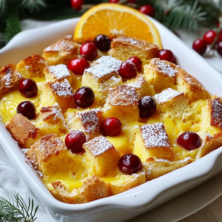 To make this tasty dessert, gather these key ingredients: - 6 cups stale bread (like brioche or challah), cut into 1-inch cubes - 2 cups milk - 1 cup heavy cream - 4 large eggs - 1 cup granulated sugar - 2 teaspoons vanilla extract - Zest of 1 large orange - Juice of 1 large orange - 1 ½ cups fresh or frozen cranberries - 1 teaspoon ground cinnamon - Pinch of salt - Powdered sugar for dusting (optional) These ingredients combine to create a rich and flavorful bread pudding. The stale bread soaks up the mixture, while the cranberries add a burst of tartness. You can customize this recipe with some easy swaps: - Bread: Use any stale bread, like French or white bread. - Milk: Almond or oat milk works well if you need a dairy-free option. - Cream: Substitute with coconut cream for a dairy-free version. - Cranberries: Dried cranberries can work, but soak them in warm water first. - Eggs: Flax eggs can substitute if you prefer a vegan option. Feel free to play around with ingredients to match your taste and needs. Choosing the right bread is key. Here’s how to pick the best one: - Stale Bread: Use bread that is at least a day old. Fresh bread can become too mushy. - Texture: Look for bread with a good crust. This helps hold the pudding together. - Flavor: Choose bread that has a nice flavor, like brioche or challah. This adds depth to your dish. With the right bread, your pudding will be a hit! Enjoy the process of making this delightful treat. {{ingredient_image_1}} Start by preheating your oven to 350°F (175°C). This step is key for even baking. While the oven warms, grease a 9x13-inch baking dish. I like to use butter or cooking spray to prevent sticking. Now, grab a large mixing bowl. Add 6 cups of stale bread cubes. Use bread like brioche or challah for the best flavor. Next, toss in 1 ½ cups of fresh or frozen cranberries. Sprinkle in 1 teaspoon of ground cinnamon. Mix everything gently to coat the bread with cinnamon. In another bowl, whisk together 4 large eggs and 1 cup of granulated sugar. Add 2 teaspoons of vanilla extract, the zest and juice of 1 large orange, and a pinch of salt. Pour in 2 cups of milk and 1 cup of heavy cream. Mix until everything is well combined. Pour the egg mixture over the bread and cranberries. Gently fold the mixture until all the bread is soaked. Let it sit for about 15 minutes. This soaking time helps the bread absorb the flavors fully. Transfer the mixture to your greased baking dish. Spread it out evenly and press down lightly. Bake in the preheated oven for 45-50 minutes. You’ll know it’s done when the top is golden brown and a knife inserted in the center comes out clean. Once it’s baked, let it cool for 10-15 minutes before serving. To get that perfect texture in your cranberry orange bread pudding, focus on the bread. Use stale bread like brioche or challah. Stale bread soaks up the egg mixture well. Cut the bread into 1-inch cubes for even soaking. After mixing, let it sit for 15 minutes. This step helps the bread absorb all the flavors. Serve this dessert warm for the best taste. Dust it with powdered sugar for a nice look. Add fresh cranberries and a slice of orange on top. This gives it a festive feel. For an extra treat, pair it with a scoop of vanilla ice cream. The cold ice cream contrasts nicely with the warm pudding. If you have leftovers, store them in an airtight container. Place it in the fridge for up to three days. You can also freeze the pudding for longer storage. Wrap it tightly in plastic wrap and then in foil. When you’re ready to enjoy it again, thaw it in the fridge overnight. Warm it up in the oven or microwave before serving. This way, it stays delicious and moist. Pro Tips Use Day-Old Bread: Stale bread is ideal for this recipe as it absorbs the custard mixture better, resulting in a richer texture. Customize Your Fruit: Feel free to mix in other fruits like blueberries or chopped apples for a unique twist on flavor. Let it Soak: Allow the bread to sit in the custard mixture for at least 15 minutes to ensure even soaking and a creamy result. Check for Doneness: To ensure your bread pudding is perfectly baked, insert a knife in the center; it should come out clean when done. {{image_2}} You can make your cranberry orange bread pudding more exciting by adding spices. Try adding nutmeg for warmth. A little ginger can add a nice zing. You can also use allspice for a unique flavor twist. Start with a half teaspoon and adjust to your taste. Each spice brings a new layer to the dish, making it special for your guests. While cranberries are a star, other fruits can shine too. You can swap cranberries for blueberries or raspberries. They add sweetness and a pop of color. You can also use lemon or lime juice instead of orange. This change gives a bright, zesty flavor that pairs well with the bread. Feel free to mix and match your favorite fruits! If you have dairy allergies or prefer plant-based options, there are great milk substitutes. Almond milk is a tasty choice, adding a nutty flavor. Oat milk works well too, giving a creamy texture. Coconut milk can add a tropical twist, but it may change the flavor profile. Use any of these options in the same amount as regular milk. It helps everyone enjoy this dessert! If you have leftover cranberry orange bread pudding, store it in the fridge. Place it in an airtight container. It will stay fresh for about 3 to 4 days. Before serving, check for any signs of spoilage. If it smells off or looks strange, throw it out. For longer storage, you can freeze the bread pudding. Cut it into portions and wrap each piece in plastic wrap. Then, place the wrapped pieces in a freezer bag. This way, it will last for about 2 to 3 months. Label the bag with the date, so you know when you froze it. When you're ready to enjoy your bread pudding again, reheating it is easy. You can use either the oven or microwave. To reheat in the oven, preheat it to 350°F (175°C). Place the pudding in a baking dish and cover it with foil. Heat for about 20 to 25 minutes. If using a microwave, place a piece on a microwave-safe plate. Heat it for 30 seconds to 1 minute. Check to see if it's warm throughout. Adjust time as needed. Enjoy your delicious treat! Yes, you can use fresh bread, but stale bread works best. Stale bread soaks up the egg mixture better. It gives the pudding a nice texture. If you use fresh bread, let it sit out for a few hours. This will dry it out a bit. You can tell when the bread pudding is done by checking the top. It should be golden brown. Insert a knife into the center. If it comes out clean, the pudding is ready. The pudding should also feel firm, not jiggly. Yes, you can prepare this pudding ahead of time. Mix the bread and egg mixture the night before. Cover it and place it in the fridge. When you’re ready, bake it the next day. This can save you time for special occasions. This pudding is great on its own. You can serve it warm, dusted with powdered sugar. Add some fresh cranberries or an orange slice for a nice touch. A scoop of vanilla ice cream pairs well with it too. It adds creaminess and extra flavor. Yes, you can make this recipe gluten-free. Use gluten-free bread instead of regular bread. Make sure all other ingredients are gluten-free too. This way, everyone can enjoy this tasty treat! Cranberry orange bread pudding is a delicious treat. We covered key ingredients, helpful baking steps, and cooking tips. You can swap ingredients if needed and choose the right bread for texture. Remember the variations to make it your own. Storing leftovers properly keeps them fresh for later. In the end, this recipe is simple and fun to make. Enjoy your dish and watch it impress your guests!