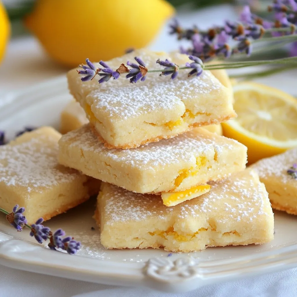 - 1 cup unsalted butter, softened - 2/3 cup powdered sugar - 1 tablespoon culinary lavender, finely chopped - Zest of 1 lemon - 2 tablespoons fresh lemon juice - 2 cups all-purpose flour - 1/4 teaspoon salt - Additional powdered sugar for dusting (optional) To make the Lemon Lavender Shortbread, gather these simple ingredients. The unsalted butter gives the cookies a rich base. You want the butter softened to mix well with the sugar. The powdered sugar adds sweetness and a soft texture. Culinary lavender brings a unique floral taste. Make sure to chop it finely to spread the flavor evenly. The zest of the lemon adds a bright note, while fresh lemon juice adds tang. All-purpose flour makes up the bulk of the dough. The small amount of salt balances the sweetness. If you like, you can use extra powdered sugar to dust the cookies after baking. This adds a nice touch for presentation. These ingredients blend to create a delightful treat that is both simple and elegant. Now that you have your ingredients ready, you're one step closer to enjoying this lovely shortbread! {{ingredient_image_1}} Making Lemon Lavender Shortbread is easy and fun. Start by gathering all your ingredients. You will need unsalted butter, powdered sugar, culinary lavender, lemon zest, lemon juice, all-purpose flour, and salt. Preheat your oven to 350°F (175°C) and line a baking sheet with parchment paper. This step helps the cookies bake evenly. In a large mixing bowl, cream the softened butter with powdered sugar. Use a hand mixer or stand mixer. Mix until the mixture is light and fluffy. Next, add finely chopped lavender, lemon zest, and lemon juice. Mix again until everything combines well. In another bowl, whisk together all-purpose flour and salt. Gradually add this to the butter mixture. Mix until a dough forms. Once your dough is ready, turn it out onto a lightly floured surface. Shape it into a log or rectangle, about 1 inch thick. Wrap the dough in plastic wrap. Chill it in the fridge for 30 minutes. This step firms up the dough, making it easier to slice. After chilling, slice the dough into 1/4-inch thick rounds. Place them on the prepared baking sheet, leaving about 1 inch between each cookie. Now it’s time to bake! Place the baking sheet in the preheated oven. Bake for 12 to 15 minutes. The edges should be lightly golden. Once done, remove the cookies from the oven. Let them cool on the baking sheet for 5 minutes. Then transfer the cookies to a wire rack to cool completely. If you like, dust them with extra powdered sugar for a sweet touch. Enjoy your delightful Lemon Lavender Shortbread! To get the perfect texture in your shortbread, cream the butter and sugar well. This step adds air and makes your cookies light. Use softened butter for ease. Make sure you do not overwork the dough once you add the flour. This keeps your cookies tender. Using fresh ingredients makes a big difference. Opt for unsalted butter to control the saltiness. Choose culinary lavender from a trusted source for the best flavor. Fresh lemons give a bright taste, so use the zest and juice right away. Lemon lavender shortbread pairs well with tea or coffee. You can also enjoy it with fresh fruit or whipped cream. Try serving them with a light lemon glaze for extra zing. A sprinkle of sea salt on top can enhance the flavors too. Pro Tips Use Fresh Ingredients: For the best flavor, use fresh lemon juice and high-quality culinary lavender. Chill the Dough: Chilling the dough helps the cookies maintain their shape while baking. Don't skip this step! Watch the Baking Time: Every oven is different, so keep an eye on the cookies as they bake to avoid over-browning. Perfect Powdered Sugar Dusting: Use a fine mesh sieve to evenly dust the cookies with powdered sugar for a beautiful finish. {{image_2}} You can jazz up your lemon lavender shortbread with fun flavors. Try adding dried rosemary for an earthy twist. Or mix in some vanilla for a warm sweetness. You can also swap lemon for orange zest. This change gives a fresh burst of flavor. Experimenting with these additions makes your cookies unique! If you need a gluten-free option, use almond flour or a gluten-free blend. Almond flour adds a nutty taste that pairs well with lemon and lavender. Make sure to adjust the amount since almond flour is denser. This change allows everyone to enjoy these delightful cookies without worry. Decorating your shortbread can make it even more special. Try dipping half of each cookie in white chocolate. This adds sweetness and a pretty touch. You can also sprinkle dried lavender on top before baking. A dusting of powdered sugar gives a lovely finish. These small touches make your cookies stand out for any occasion! To keep your Lemon Lavender Shortbread fresh, place them in an airtight container. This helps to lock in moisture and flavor. You can layer the cookies with parchment paper to prevent sticking. Keep the container at room temperature, away from direct sunlight. This way, you can enjoy the sweet taste for days. If you want to save some cookies for later, freezing is easy. First, let the cookies cool completely. Then, place them in a single layer on a baking sheet. Freeze them for about an hour until firm. Once frozen, transfer the cookies to a freezer-safe bag. Remove as much air as possible before sealing. They can last up to three months in the freezer. Lemon Lavender Shortbread keeps well for about one week at room temperature. If stored properly in an airtight container, the cookies stay fresh and tasty. For the best flavor, enjoy them within this time frame. If frozen, remember to thaw them in the fridge before enjoying. This keeps them soft and flavorful. Yes, you can use dried lavender. However, make sure it is food-grade. Regular dried lavender may have chemicals or scents that are not safe to eat. Culinary lavender has a better taste for baking. Use about half the amount of dried lavender compared to culinary lavender. Look for a light golden edge on the cookies. They should be firm but not hard. The center may still look a bit soft. The cookies continue to firm up after you take them out. Let them cool on the baking sheet for five minutes before moving them. These cookies are great with tea or coffee. You can also serve them with fresh fruit. A dollop of whipped cream makes a nice touch. Try pairing them with lemon curd for extra zing. Yes, you can make it vegan! Replace the butter with a vegan butter alternative. Use a powdered sugar that contains no bone char. You can also swap the egg with a flax egg if needed. The flavor will still shine through beautifully. In this post, I shared a delightful lemon lavender shortbread recipe. You learned about each key ingredient, from butter to culinary lavender. I provided step-by-step instructions for mixing, chilling, and baking. Tips on texture and ingredient quality helped you achieve the best results. You also found variations and storage advice. Making this treat is fun and rewarding. Enjoy your cookies and share them with friends!