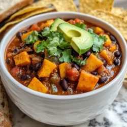 For a hearty and tasty sweet potato black bean chili, gather these key items: - 2 large sweet potatoes, peeled and diced - 1 can (15 oz) black beans, drained and rinsed - 1 can (14 oz) diced tomatoes with green chilies - 1 medium onion, chopped - 3 cloves garlic, minced - 1 red bell pepper, chopped - 1 green bell pepper, chopped - 2 tablespoons olive oil - 2 teaspoons ground cumin - 1 teaspoon smoked paprika - 1 teaspoon chili powder - 1/2 teaspoon cayenne pepper (adjust for heat preference) - 2 cups vegetable broth - Salt and pepper to taste You can add these optional ingredients to boost the taste and texture: - Fresh cilantro, for garnish - Avocado slices, for topping - Lime juice, for extra zest - Corn, for sweetness and crunch - Jalape&ntilde;os, for more heat This chili is not just tasty; it is also healthy. Here are a few key points: - Sweet Potatoes: Rich in fiber and vitamins A and C. They help boost your immune system. - Black Beans: Packed with protein and iron, they keep you full longer. - Bell Peppers: High in vitamins and antioxidants, they add color and crunch. - Olive Oil: Provides healthy fats, good for your heart. This chili is a great choice for a satisfying meal. Each bowl is full of flavor and good nutrition. {{ingredient_image_1}} To start, gather all your ingredients. You will need two large sweet potatoes, a can of black beans, a can of diced tomatoes with green chilies, one onion, three garlic cloves, and two bell peppers. You will also need olive oil, ground cumin, smoked paprika, chili powder, cayenne pepper, vegetable broth, salt, and pepper. 1. First, peel and dice the sweet potatoes. 2. Next, chop the onion and bell peppers. 3. Mince the garlic. 4. Rinse and drain the black beans. This prep makes cooking easier and faster. Now, let&rsquo;s cook! 1. Heat two tablespoons of olive oil in a large pot over medium heat. 2. Add the chopped onion and saut&eacute; it for about five minutes. You want it soft and clear. 3. Stir in the minced garlic and cook for one more minute. You will smell a wonderful aroma. 4. Add the diced sweet potatoes and bell peppers. Stir well and saut&eacute; them for five minutes. 5. Next, sprinkle in the ground cumin, smoked paprika, chili powder, and cayenne pepper. Mix everything to coat the veggies in spices. 6. Pour in the diced tomatoes with their juices, black beans, and vegetable broth. Stir to combine. 7. Bring the mixture to a boil. 8. Once it boils, reduce the heat to low. Cover the pot and let it simmer for 25-30 minutes. Stir occasionally to prevent sticking. 9. Check that the sweet potatoes are tender. If they are, season with salt and pepper to taste. 10. Remove the pot from the heat. Let it sit for a few minutes to thicken before you serve. To get the right chili texture, follow these tips: - If your chili is too thick, add more vegetable broth. - If it&rsquo;s too thin, let it simmer longer without the lid. - Stir often to keep it from sticking to the bottom. This chili should be hearty and thick but not dry. Enjoy your tasty creation! To make your sweet potato black bean chili truly shine, use a few smart techniques. Start by saut&eacute;ing the onions until they are soft. This step builds a rich base for your chili. Add the garlic next. Cooking garlic just until fragrant adds depth. Don&rsquo;t skip the spices! When you add cumin, smoked paprika, and chili powder, let them cook with the veggies. This helps release their oils and boosts flavor. You can even toast the spices in the pot for a minute before adding other ingredients. A few common mistakes can ruin your chili. First, don&rsquo;t rush the cooking. If you don&rsquo;t let the sweet potatoes cook long enough, they won&rsquo;t be tender. Aim for a simmer of 25-30 minutes to get them just right. Second, be careful with salt. Always taste your chili before adding more. The black beans and broth can add saltiness. Lastly, don&rsquo;t forget to stir occasionally. This prevents the chili from sticking to the pot and burning. This chili pairs well with many sides. Serve it with crusty bread or warm tortilla chips for a great crunch. You can also add a simple salad on the side for freshness. If you want extra creaminess, top your chili with avocado slices. Fresh cilantro adds a lovely pop of color and flavor too! Feel free to get creative with your pairings. Each side can enhance the flavors of your chili and make your meal even better. Pro Tips Adjust the Spice Level: If you prefer a milder chili, reduce the cayenne pepper or omit it altogether. You can always add hot sauce later for those who like it spicy! Use Fresh Ingredients: Fresh sweet potatoes and vegetables will enhance the flavor and texture of your chili compared to canned or frozen options. Let it Sit: Allowing the chili to sit for a few minutes after cooking helps the flavors meld together, making it even tastier when served. Experiment with Toppings: Consider adding cheese, sour cream, or diced jalape&ntilde;os as toppings for added flavor and texture. Don't shy away from creativity! {{image_2}} Sweet Potato Black Bean Chili is naturally vegan, so it suits everyone. You don&rsquo;t need to change much. Ensure you use vegetable broth, not chicken broth. For a heartier meal, add more beans or lentils. This chili is gluten-free. All the main ingredients are safe. Just check the labels on canned goods. Some brands may add gluten. If you avoid gluten, stick with brands you trust. You can adjust ingredients based on your needs. If you dislike sweet potatoes, use regular potatoes or squash. If you want more protein, add quinoa or chickpeas. For spice lovers, add jalape&ntilde;os or hot sauce. If you need a milder dish, skip the cayenne pepper. Feel free to get creative with toppings too! Instead of avocado, try cashew cream or a dollop of vegan yogurt. Each change can make this dish your own. To keep your sweet potato black bean chili fresh, let it cool first. Then, transfer it to an airtight container. Make sure to seal it tightly. This method prevents air from spoiling the dish. Store the chili in the fridge if you plan to eat it soon. It will stay good for about 3 to 4 days. Reheat chili on the stove for best results. Pour it into a pot over medium heat. Stir often to avoid burning. You can also microwave it. Place a bowl in the microwave and heat it for 2 to 3 minutes. Stir halfway through to heat evenly. Make sure it&rsquo;s hot throughout before serving. To freeze chili, first let it cool completely. Then, use freezer-safe bags or containers. Remove as much air as possible to avoid freezer burn. Label the bags with the date. Your chili will last up to 3 months in the freezer. When you want to eat it, thaw it overnight in the fridge. Reheat it on the stove or in the microwave. Enjoy it like it&rsquo;s fresh! Sweet Potato Black Bean Chili stays fresh for about 4 to 5 days in the fridge. Store it in an airtight container to keep it safe. Always check for any signs of spoilage before eating. If you see any mold or if it smells off, throw it away. You can easily make this chili spicier. Just add more cayenne pepper or chili powder. You can also include fresh jalape&ntilde;os for extra heat. For a smoky flavor, consider adding chipotle peppers. Taste as you go so you can find the perfect heat level for you. There are many great options to serve with this chili. You can pair it with crusty bread or tortilla chips for a crunchy bite. A side salad works well to add freshness. If you want to make it heartier, serve it with rice or quinoa. Don&rsquo;t forget to top it with avocado slices or fresh cilantro for added flavor. In this blog post, we explored the key ingredients for making Sweet Potato Black Bean Chili. You learned about essential and optional ingredients, and their health benefits. We walked through the step-by-step process to prepare and cook the chili just right. I shared tips to enhance flavor and avoid common mistakes. We even discussed tasty variations and proper storage methods. Remember, experimenting with flavors can lead to your perfect chili. Enjoy the process and make it your own!