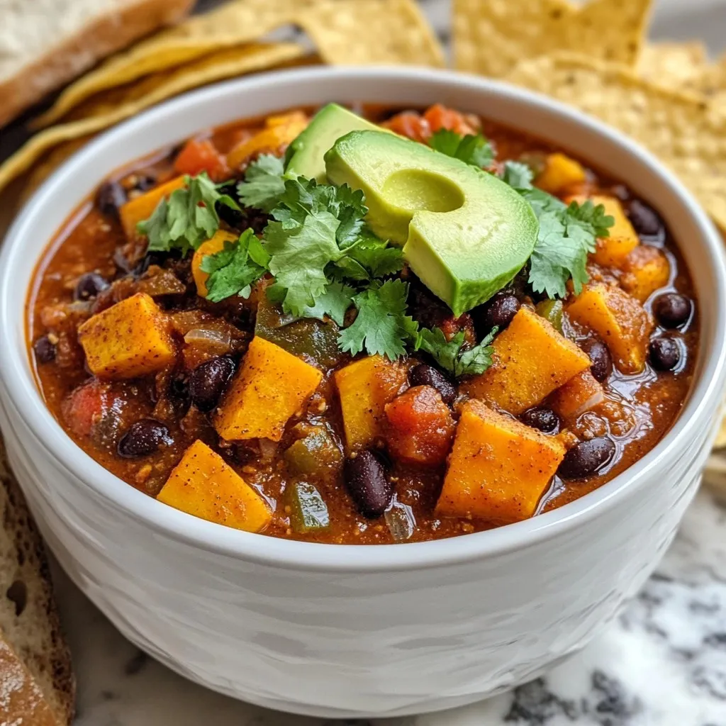 For a hearty and tasty sweet potato black bean chili, gather these key items: - 2 large sweet potatoes, peeled and diced - 1 can (15 oz) black beans, drained and rinsed - 1 can (14 oz) diced tomatoes with green chilies - 1 medium onion, chopped - 3 cloves garlic, minced - 1 red bell pepper, chopped - 1 green bell pepper, chopped - 2 tablespoons olive oil - 2 teaspoons ground cumin - 1 teaspoon smoked paprika - 1 teaspoon chili powder - 1/2 teaspoon cayenne pepper (adjust for heat preference) - 2 cups vegetable broth - Salt and pepper to taste You can add these optional ingredients to boost the taste and texture: - Fresh cilantro, for garnish - Avocado slices, for topping - Lime juice, for extra zest - Corn, for sweetness and crunch - Jalapeños, for more heat This chili is not just tasty; it is also healthy. Here are a few key points: - Sweet Potatoes: Rich in fiber and vitamins A and C. They help boost your immune system. - Black Beans: Packed with protein and iron, they keep you full longer. - Bell Peppers: High in vitamins and antioxidants, they add color and crunch. - Olive Oil: Provides healthy fats, good for your heart. This chili is a great choice for a satisfying meal. Each bowl is full of flavor and good nutrition. {{ingredient_image_1}} To start, gather all your ingredients. You will need two large sweet potatoes, a can of black beans, a can of diced tomatoes with green chilies, one onion, three garlic cloves, and two bell peppers. You will also need olive oil, ground cumin, smoked paprika, chili powder, cayenne pepper, vegetable broth, salt, and pepper. 1. First, peel and dice the sweet potatoes. 2. Next, chop the onion and bell peppers. 3. Mince the garlic. 4. Rinse and drain the black beans. This prep makes cooking easier and faster. Now, let’s cook! 1. Heat two tablespoons of olive oil in a large pot over medium heat. 2. Add the chopped onion and sauté it for about five minutes. You want it soft and clear. 3. Stir in the minced garlic and cook for one more minute. You will smell a wonderful aroma. 4. Add the diced sweet potatoes and bell peppers. Stir well and sauté them for five minutes. 5. Next, sprinkle in the ground cumin, smoked paprika, chili powder, and cayenne pepper. Mix everything to coat the veggies in spices. 6. Pour in the diced tomatoes with their juices, black beans, and vegetable broth. Stir to combine. 7. Bring the mixture to a boil. 8. Once it boils, reduce the heat to low. Cover the pot and let it simmer for 25-30 minutes. Stir occasionally to prevent sticking. 9. Check that the sweet potatoes are tender. If they are, season with salt and pepper to taste. 10. Remove the pot from the heat. Let it sit for a few minutes to thicken before you serve. To get the right chili texture, follow these tips: - If your chili is too thick, add more vegetable broth. - If it’s too thin, let it simmer longer without the lid. - Stir often to keep it from sticking to the bottom. This chili should be hearty and thick but not dry. Enjoy your tasty creation! To make your sweet potato black bean chili truly shine, use a few smart techniques. Start by sautéing the onions until they are soft. This step builds a rich base for your chili. Add the garlic next. Cooking garlic just until fragrant adds depth. Don’t skip the spices! When you add cumin, smoked paprika, and chili powder, let them cook with the veggies. This helps release their oils and boosts flavor. You can even toast the spices in the pot for a minute before adding other ingredients. A few common mistakes can ruin your chili. First, don’t rush the cooking. If you don’t let the sweet potatoes cook long enough, they won’t be tender. Aim for a simmer of 25-30 minutes to get them just right. Second, be careful with salt. Always taste your chili before adding more. The black beans and broth can add saltiness. Lastly, don’t forget to stir occasionally. This prevents the chili from sticking to the pot and burning. This chili pairs well with many sides. Serve it with crusty bread or warm tortilla chips for a great crunch. You can also add a simple salad on the side for freshness. If you want extra creaminess, top your chili with avocado slices. Fresh cilantro adds a lovely pop of color and flavor too! Feel free to get creative with your pairings. Each side can enhance the flavors of your chili and make your meal even better. Pro Tips Adjust the Spice Level: If you prefer a milder chili, reduce the cayenne pepper or omit it altogether. You can always add hot sauce later for those who like it spicy! Use Fresh Ingredients: Fresh sweet potatoes and vegetables will enhance the flavor and texture of your chili compared to canned or frozen options. Let it Sit: Allowing the chili to sit for a few minutes after cooking helps the flavors meld together, making it even tastier when served. Experiment with Toppings: Consider adding cheese, sour cream, or diced jalapeños as toppings for added flavor and texture. Don't shy away from creativity! {{image_2}} Sweet Potato Black Bean Chili is naturally vegan, so it suits everyone. You don’t need to change much. Ensure you use vegetable broth, not chicken broth. For a heartier meal, add more beans or lentils. This chili is gluten-free. All the main ingredients are safe. Just check the labels on canned goods. Some brands may add gluten. If you avoid gluten, stick with brands you trust. You can adjust ingredients based on your needs. If you dislike sweet potatoes, use regular potatoes or squash. If you want more protein, add quinoa or chickpeas. For spice lovers, add jalapeños or hot sauce. If you need a milder dish, skip the cayenne pepper. Feel free to get creative with toppings too! Instead of avocado, try cashew cream or a dollop of vegan yogurt. Each change can make this dish your own. To keep your sweet potato black bean chili fresh, let it cool first. Then, transfer it to an airtight container. Make sure to seal it tightly. This method prevents air from spoiling the dish. Store the chili in the fridge if you plan to eat it soon. It will stay good for about 3 to 4 days. Reheat chili on the stove for best results. Pour it into a pot over medium heat. Stir often to avoid burning. You can also microwave it. Place a bowl in the microwave and heat it for 2 to 3 minutes. Stir halfway through to heat evenly. Make sure it’s hot throughout before serving. To freeze chili, first let it cool completely. Then, use freezer-safe bags or containers. Remove as much air as possible to avoid freezer burn. Label the bags with the date. Your chili will last up to 3 months in the freezer. When you want to eat it, thaw it overnight in the fridge. Reheat it on the stove or in the microwave. Enjoy it like it’s fresh! Sweet Potato Black Bean Chili stays fresh for about 4 to 5 days in the fridge. Store it in an airtight container to keep it safe. Always check for any signs of spoilage before eating. If you see any mold or if it smells off, throw it away. You can easily make this chili spicier. Just add more cayenne pepper or chili powder. You can also include fresh jalapeños for extra heat. For a smoky flavor, consider adding chipotle peppers. Taste as you go so you can find the perfect heat level for you. There are many great options to serve with this chili. You can pair it with crusty bread or tortilla chips for a crunchy bite. A side salad works well to add freshness. If you want to make it heartier, serve it with rice or quinoa. Don’t forget to top it with avocado slices or fresh cilantro for added flavor. In this blog post, we explored the key ingredients for making Sweet Potato Black Bean Chili. You learned about essential and optional ingredients, and their health benefits. We walked through the step-by-step process to prepare and cook the chili just right. I shared tips to enhance flavor and avoid common mistakes. We even discussed tasty variations and proper storage methods. Remember, experimenting with flavors can lead to your perfect chili. Enjoy the process and make it your own!