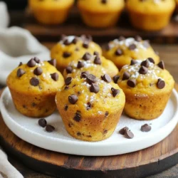 To make delicious chocolate chip pumpkin muffins, you need some key ingredients. Start with 1 cup of canned pumpkin puree. This gives the muffins their moist texture and rich flavor. Next, you will use 1/2 cup of vegetable oil. This helps keep the muffins soft. You will also need 1/2 cup of brown sugar and 1/4 cup of granulated sugar for sweetness. Two large eggs add structure and richness. Don't forget 1 teaspoon of vanilla extract for extra flavor. Now for the dry ingredients: you will use 1 1/2 cups of all-purpose flour. This helps the muffins rise. You need 1 teaspoon of baking powder and 1/2 teaspoon of baking soda to help with leavening. Spices like 1/2 teaspoon of ground cinnamon and 1/4 teaspoon of nutmeg give warmth and depth to the taste. Lastly, add 1/4 teaspoon of salt to balance the sweetness and enhance the flavors. For a special touch, fold in 1 cup of semi-sweet chocolate chips to create that gooey, sweet surprise. To bake these muffins, you will need a few important tools. First, grab a muffin tin. You can use one that holds 12 muffins. Next, prepare some paper liners or cooking spray to prevent sticking. A large mixing bowl is essential for combining wet ingredients, while a second bowl will hold your dry ingredients. Use a whisk for mixing the dry components. A spatula helps gently fold in the chocolate chips. Lastly, keep a toothpick handy for checking if your muffins are done baking. If you need to adapt this recipe, there are easy options. For a dairy-free version, swap the vegetable oil with melted coconut oil. To make it gluten-free, use a gluten-free flour blend instead of all-purpose flour. You can also replace the eggs with flaxseed meal or applesauce for a vegan option. If you want less sugar, consider using a natural sweetener like maple syrup or honey. Just note that this may change the texture a bit. These substitutions keep the muffins tasty while meeting your dietary needs. {{ingredient_image_1}} 1. First, preheat your oven to 350°F (175°C). This makes sure the muffins bake evenly. 2. Line a muffin tin with paper liners. You can also grease it with cooking spray. 3. In a large bowl, mix together the pumpkin puree, vegetable oil, brown sugar, granulated sugar, eggs, and vanilla extract. Blend until the mix is smooth and combined. 4. In a separate bowl, whisk the all-purpose flour, baking powder, baking soda, ground cinnamon, nutmeg, and salt. This helps to evenly distribute the dry ingredients. 5. Slowly add the dry mix to the wet mix. Stir gently until just combined. Avoid overmixing to keep the muffins soft. 6. Next, fold in the semi-sweet chocolate chips. Make sure they are evenly mixed into the batter. 1. Now, divide the batter into the muffin cups. Fill each cup about 2/3 full for best results. 2. Bake the muffins in the preheated oven for 18 to 20 minutes. Use a toothpick to check if they are done. It should come out clean. 3. When they are done, take them out of the oven and let them cool in the pan for about 5 minutes. 1. After 5 minutes, transfer the muffins to a wire rack to cool completely. This helps keep them from getting soggy. 2. For a nice touch, sprinkle a few extra chocolate chips on top before baking. This makes them look even better. 3. Serve the muffins on a rustic wooden platter. You can also dust them lightly with powdered sugar for extra sweetness. Enjoy! For the best muffin texture, follow these tips. Use room temperature eggs. This helps the batter mix well. Avoid overmixing your batter. Stir just until combined. Lumps are okay! They make your muffins light and fluffy. Use a light hand when folding in the chocolate chips. This keeps the batter airy. To keep your muffins fresh, store them in an airtight container. This prevents them from drying out. You can also use a zip-lock bag. If you want to keep them longer, freeze them. Wrap each muffin in plastic wrap. Then, place them in a freezer bag. They can last up to three months in the freezer. One common mistake is using cold ingredients. Make sure your eggs and pumpkin are at room temperature. Another mistake is skipping the lining of the muffin tin. This can lead to sticking. Don't rush the cooling process. Let them cool in the pan for about five minutes before moving them. This helps set their shape. Pro Tips Use Fresh Pumpkin Puree: If you want a richer flavor, consider making your own pumpkin puree using fresh pumpkins instead of canned. Roast the pumpkin, scoop out the flesh, and blend until smooth. Don’t Overmix the Batter: When combining wet and dry ingredients, mix just until combined. Overmixing can lead to dense muffins, so be gentle. Experiment with Spices: Feel free to customize the spices according to your taste. Adding ginger or cloves can give your muffins an extra flavor boost. Check for Doneness: Ovens vary, so keep an eye on your muffins. A toothpick inserted should come out clean or with a few moist crumbs, but not wet batter. {{image_2}} You can change the flavor of these muffins easily. Try adding nuts like walnuts or pecans. They give a nice crunch and flavor. Dried fruits like cranberries or raisins can work too. Just fold them in with the chocolate chips. This adds sweetness and texture. If you need a gluten-free option, use gluten-free flour. It works well in this recipe. For a vegan version, swap the eggs for flax eggs. Just mix one tablespoon of ground flaxseed with three tablespoons of water. Let it sit for five minutes to thicken. Use a plant-based oil and a dairy-free chocolate chip. These changes keep the muffins tasty and moist. Get creative with seasonal flavors! In fall, add chopped apples or pears. A pinch of allspice or ginger can also enhance the taste. During winter, try adding peppermint extract or crushed candy canes for a festive touch. Each season offers a chance to change the muffins and keep them exciting. To keep your chocolate chip pumpkin muffins fresh, store them in an airtight container. This method prevents moisture loss and keeps them soft. Place a paper towel at the bottom of the container to absorb excess moisture. You can also wrap each muffin in plastic wrap for extra protection. Store them at room temperature for up to three days. Freezing muffins is a great way to enjoy them later. Allow the muffins to cool completely before freezing. Place them in a freezer-safe bag or container, and remove as much air as possible. They can last up to three months in the freezer. To reheat, take a muffin out and let it thaw at room temperature. For a warm treat, microwave it for about 15-20 seconds. You can also bake it in a preheated oven at 350°F for 5-10 minutes. When stored properly, chocolate chip pumpkin muffins can last up to three days at room temperature. If you choose to refrigerate them, they can last up to a week, but they may dry out. Freezing extends their life to three months, making them a perfect treat to have on hand. Enjoy them fresh for the best flavor and texture! Yes, you can use fresh pumpkin. To do this, start by roasting or steaming pumpkin. After cooking, scoop out the flesh and blend it until smooth. This method gives a great flavor. You will need about 1 cup of fresh puree. Just make sure it is not too watery. The texture can change the muffins. You can make these muffins healthier in several ways. First, swap some all-purpose flour for whole wheat flour. This adds fiber and nutrients. You can also reduce the sugars. Use only 1/4 cup of brown sugar and skip the granulated sugar. Lastly, add some chopped nuts or seeds for healthy fats and crunch. If you want to replace vegetable oil, use applesauce or melted coconut oil. Applesauce keeps the muffins moist without adding fat. If you choose coconut oil, it will add a nice flavor. Use the same amount as the recipe calls for, 1/2 cup. Both options work well and keep the muffins tasty. You learned about the key ingredients, tools, and steps to bake delicious muffins. We discussed how to adapt recipes for dietary needs and suggest great mix-ins. You also got tips on storage, cooling, and avoiding common baking mistakes. Remember, practice makes perfect. Enjoy using these ideas to create your own tasty treats. Happy baking!