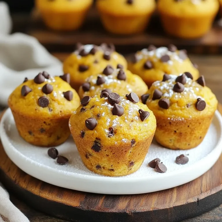 To make delicious chocolate chip pumpkin muffins, you need some key ingredients. Start with 1 cup of canned pumpkin puree. This gives the muffins their moist texture and rich flavor. Next, you will use 1/2 cup of vegetable oil. This helps keep the muffins soft. You will also need 1/2 cup of brown sugar and 1/4 cup of granulated sugar for sweetness. Two large eggs add structure and richness. Don't forget 1 teaspoon of vanilla extract for extra flavor. Now for the dry ingredients: you will use 1 1/2 cups of all-purpose flour. This helps the muffins rise. You need 1 teaspoon of baking powder and 1/2 teaspoon of baking soda to help with leavening. Spices like 1/2 teaspoon of ground cinnamon and 1/4 teaspoon of nutmeg give warmth and depth to the taste. Lastly, add 1/4 teaspoon of salt to balance the sweetness and enhance the flavors. For a special touch, fold in 1 cup of semi-sweet chocolate chips to create that gooey, sweet surprise. To bake these muffins, you will need a few important tools. First, grab a muffin tin. You can use one that holds 12 muffins. Next, prepare some paper liners or cooking spray to prevent sticking. A large mixing bowl is essential for combining wet ingredients, while a second bowl will hold your dry ingredients. Use a whisk for mixing the dry components. A spatula helps gently fold in the chocolate chips. Lastly, keep a toothpick handy for checking if your muffins are done baking. If you need to adapt this recipe, there are easy options. For a dairy-free version, swap the vegetable oil with melted coconut oil. To make it gluten-free, use a gluten-free flour blend instead of all-purpose flour. You can also replace the eggs with flaxseed meal or applesauce for a vegan option. If you want less sugar, consider using a natural sweetener like maple syrup or honey. Just note that this may change the texture a bit. These substitutions keep the muffins tasty while meeting your dietary needs. {{ingredient_image_1}} 1. First, preheat your oven to 350°F (175°C). This makes sure the muffins bake evenly. 2. Line a muffin tin with paper liners. You can also grease it with cooking spray. 3. In a large bowl, mix together the pumpkin puree, vegetable oil, brown sugar, granulated sugar, eggs, and vanilla extract. Blend until the mix is smooth and combined. 4. In a separate bowl, whisk the all-purpose flour, baking powder, baking soda, ground cinnamon, nutmeg, and salt. This helps to evenly distribute the dry ingredients. 5. Slowly add the dry mix to the wet mix. Stir gently until just combined. Avoid overmixing to keep the muffins soft. 6. Next, fold in the semi-sweet chocolate chips. Make sure they are evenly mixed into the batter. 1. Now, divide the batter into the muffin cups. Fill each cup about 2/3 full for best results. 2. Bake the muffins in the preheated oven for 18 to 20 minutes. Use a toothpick to check if they are done. It should come out clean. 3. When they are done, take them out of the oven and let them cool in the pan for about 5 minutes. 1. After 5 minutes, transfer the muffins to a wire rack to cool completely. This helps keep them from getting soggy. 2. For a nice touch, sprinkle a few extra chocolate chips on top before baking. This makes them look even better. 3. Serve the muffins on a rustic wooden platter. You can also dust them lightly with powdered sugar for extra sweetness. Enjoy! For the best muffin texture, follow these tips. Use room temperature eggs. This helps the batter mix well. Avoid overmixing your batter. Stir just until combined. Lumps are okay! They make your muffins light and fluffy. Use a light hand when folding in the chocolate chips. This keeps the batter airy. To keep your muffins fresh, store them in an airtight container. This prevents them from drying out. You can also use a zip-lock bag. If you want to keep them longer, freeze them. Wrap each muffin in plastic wrap. Then, place them in a freezer bag. They can last up to three months in the freezer. One common mistake is using cold ingredients. Make sure your eggs and pumpkin are at room temperature. Another mistake is skipping the lining of the muffin tin. This can lead to sticking. Don't rush the cooling process. Let them cool in the pan for about five minutes before moving them. This helps set their shape. Pro Tips Use Fresh Pumpkin Puree: If you want a richer flavor, consider making your own pumpkin puree using fresh pumpkins instead of canned. Roast the pumpkin, scoop out the flesh, and blend until smooth. Don’t Overmix the Batter: When combining wet and dry ingredients, mix just until combined. Overmixing can lead to dense muffins, so be gentle. Experiment with Spices: Feel free to customize the spices according to your taste. Adding ginger or cloves can give your muffins an extra flavor boost. Check for Doneness: Ovens vary, so keep an eye on your muffins. A toothpick inserted should come out clean or with a few moist crumbs, but not wet batter. {{image_2}} You can change the flavor of these muffins easily. Try adding nuts like walnuts or pecans. They give a nice crunch and flavor. Dried fruits like cranberries or raisins can work too. Just fold them in with the chocolate chips. This adds sweetness and texture. If you need a gluten-free option, use gluten-free flour. It works well in this recipe. For a vegan version, swap the eggs for flax eggs. Just mix one tablespoon of ground flaxseed with three tablespoons of water. Let it sit for five minutes to thicken. Use a plant-based oil and a dairy-free chocolate chip. These changes keep the muffins tasty and moist. Get creative with seasonal flavors! In fall, add chopped apples or pears. A pinch of allspice or ginger can also enhance the taste. During winter, try adding peppermint extract or crushed candy canes for a festive touch. Each season offers a chance to change the muffins and keep them exciting. To keep your chocolate chip pumpkin muffins fresh, store them in an airtight container. This method prevents moisture loss and keeps them soft. Place a paper towel at the bottom of the container to absorb excess moisture. You can also wrap each muffin in plastic wrap for extra protection. Store them at room temperature for up to three days. Freezing muffins is a great way to enjoy them later. Allow the muffins to cool completely before freezing. Place them in a freezer-safe bag or container, and remove as much air as possible. They can last up to three months in the freezer. To reheat, take a muffin out and let it thaw at room temperature. For a warm treat, microwave it for about 15-20 seconds. You can also bake it in a preheated oven at 350°F for 5-10 minutes. When stored properly, chocolate chip pumpkin muffins can last up to three days at room temperature. If you choose to refrigerate them, they can last up to a week, but they may dry out. Freezing extends their life to three months, making them a perfect treat to have on hand. Enjoy them fresh for the best flavor and texture! Yes, you can use fresh pumpkin. To do this, start by roasting or steaming pumpkin. After cooking, scoop out the flesh and blend it until smooth. This method gives a great flavor. You will need about 1 cup of fresh puree. Just make sure it is not too watery. The texture can change the muffins. You can make these muffins healthier in several ways. First, swap some all-purpose flour for whole wheat flour. This adds fiber and nutrients. You can also reduce the sugars. Use only 1/4 cup of brown sugar and skip the granulated sugar. Lastly, add some chopped nuts or seeds for healthy fats and crunch. If you want to replace vegetable oil, use applesauce or melted coconut oil. Applesauce keeps the muffins moist without adding fat. If you choose coconut oil, it will add a nice flavor. Use the same amount as the recipe calls for, 1/2 cup. Both options work well and keep the muffins tasty. You learned about the key ingredients, tools, and steps to bake delicious muffins. We discussed how to adapt recipes for dietary needs and suggest great mix-ins. You also got tips on storage, cooling, and avoiding common baking mistakes. Remember, practice makes perfect. Enjoy using these ideas to create your own tasty treats. Happy baking!