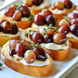 - 1 baguette, sliced into 1/2-inch thick rounds - 2 cups seedless grapes (red or green) - 2 tablespoons balsamic vinegar - 2 tablespoons olive oil - 4 ounces goat cheese, softened - 2 tablespoons honey - Fresh thyme leaves, for garnish - Salt and pepper to taste You can swap the goat cheese for cream cheese or ricotta for a different taste. For a vegan option, try using cashew cheese or a plant-based spread. If you want a sweeter touch, maple syrup can replace honey. You can also use any bread type, like sourdough or ciabatta, to add a unique flavor. Choose ripe, plump grapes for the best taste. Look for grapes that are firm and free from bruises. For the baguette, pick a fresh one with a crisp crust. Select high-quality balsamic vinegar; it should be thick and sweet. Use extra virgin olive oil for the best flavor. When selecting goat cheese, aim for a creamy texture and a fresh smell. Fresh thyme should look vibrant and fragrant, with no wilting. {{ingredient_image_1}} First, preheat your oven to 400&deg;F (200&deg;C). This step is key for roasting the grapes. Next, take your seedless grapes and place them on a baking sheet. Drizzle them with two tablespoons of balsamic vinegar and two tablespoons of olive oil. The vinegar adds flavor, and the oil helps them roast well. Add salt and pepper to taste. Toss the grapes gently to coat them fully. This helps ensure every grape gets the delicious balsamic flavor. While the grapes roast, we&rsquo;ll prepare the baguette. Slice your baguette into 1/2-inch thick rounds. Lay them on a separate baking sheet. Brush each slice lightly with olive oil. This will make them crispy and golden. Once the grapes have roasted for about 10 minutes, place the baguette in the oven. Toast for 5-7 minutes until they turn golden brown. Keep an eye on them to avoid burning. Now comes the fun part: assembling the crostini! In a small bowl, mix 4 ounces of softened goat cheese with 2 tablespoons of honey. Stir until creamy. This mixture adds a sweet and tangy touch. Once the grapes are roasted, remove them from the oven and let them cool for a minute. Spread a generous layer of the goat cheese mixture on each toasted baguette slice. Top each with a spoonful of the roasted grapes. Finally, sprinkle fresh thyme leaves on top for a burst of flavor. Serve these crostini warm for the best taste! To roast grapes just right, start by using fresh, ripe grapes. Red or green grapes work well. Make sure to wash them and remove any stems. Toss the grapes with balsamic vinegar and olive oil. Add salt and pepper for flavor. Spread them evenly on a baking sheet. Roast at 400&deg;F for about 15-20 minutes. Look for a slight shrivel and caramelization. This brings out their natural sweetness. Let them cool a bit before using. For perfect crostini, choose a fresh baguette. Slice it into &frac12;-inch rounds. Brush each side with olive oil. This helps them crisp up nicely. Toast the slices in the oven at 400&deg;F for 5-7 minutes. Keep an eye on them to avoid burning. You want them golden and crunchy. A good crostini should hold the toppings well without getting soggy. Balsamic roasted grapes pair well with creamy cheeses. Goat cheese is a great choice. It adds a tangy flavor that complements the sweet grapes. You can also try ricotta or cream cheese. Fresh herbs like thyme add a bright note. For a kick, drizzle some hot honey on top. This adds a sweet and spicy contrast. Pair with a glass of white wine or sparkling water for a refreshing drink. Pro Tips Choose the Right Grapes: Opt for seedless grapes for a smoother texture and ease of eating. Red grapes add a beautiful color contrast, while green grapes provide a refreshing tartness. Toast the Baguette Perfectly: Keep an eye on the baguette slices while toasting; they can go from golden to burnt quickly. Consider using a broiler for a quicker toast, but watch closely! Elevate with Additional Toppings: Add a sprinkle of crushed red pepper flakes for a hint of heat or some toasted walnuts for a crunchier texture that complements the creamy goat cheese. Make Ahead Components: You can roast the grapes and prepare the honey-goat cheese mixture ahead of time. Assemble the crostini just before serving for the best texture. {{image_2}} You can swap goat cheese for other cheeses. Cream cheese gives a rich taste. Ricotta adds a light, fluffy texture. For a sharp bite, try feta cheese. Each cheese changes the flavor profile. Feel free to mix and match! This crostini is great for seasonal changes. In fall, add cinnamon to your cheese mix. For spring, mix in lemon zest for a fresh twist. You can even fold in herbs like basil in summer. These seasonal swaps keep things exciting and tasty! You can make this dish vegan. Use cashew cheese or a nut-based spread. To sweeten, try maple syrup instead of honey. Choose a hearty bread for the base. These changes keep the flavor rich and satisfying for everyone. To keep your leftover crostini fresh, store them in a single layer. Use a plate or a baking sheet. If you stack them, they may become soggy. Place a paper towel under the crostini to absorb moisture. Wrap them loosely with plastic wrap. This helps keep them crisp for a short time. Use an airtight container for longer storage. Glass or plastic containers work well. Make sure they are completely cool before sealing. This prevents steam from building up inside. If you want to keep the grapes, store them separately. They can go in a small container with a lid. To reheat, preheat your oven to 350&deg;F (175&deg;C). Place the crostini on a baking sheet. Heat them for about 5-7 minutes. This will make them crispy again. For the grapes, warm them in the microwave for 15-20 seconds. This brings back their flavor. Enjoy your tasty snack! You can prep some parts ahead. Roast the grapes a few hours early. Let them cool and store them in the fridge. You can also toast the baguette slices in advance. Just keep them in an airtight container. When you are ready, spread the goat cheese and add the grapes. This keeps the crostini fresh and tasty. Balsamic roasted grape crostini pairs well with many items. Try serving them with a fresh salad. A simple arugula salad adds a nice touch. You can also pair these crostini with cured meats like prosciutto. A cheese board with different cheeses makes a great match too. Don&rsquo;t forget a glass of crisp white wine for a complete experience. Roasted grapes stay good for about three days. Store them in a covered container in the fridge. Use them in salads or as a topping for yogurt. They can add flavor to many dishes after the crostini. Just reheat them slightly before using for the best taste. In this blog post, we covered the essentials for making Balsamic Roasted Grape Crostini. We explored ingredients, step-by-step instructions, and tips for perfecting your dish. You also learned about variations and storage. Each step is simple and fun, making it easy to impress your guests. Remember to choose quality ingredients for the best flavor. Enjoy experimenting with new twists and flavors. Happy cooking, and savor every bite!