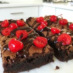To make Chocolate Covered Cherry Brownies, gather these items: - 1 cup unsalted butter (2 sticks) - 2 cups granulated sugar - 4 large eggs - 1 teaspoon vanilla extract - 1 cup all-purpose flour - 1 cup unsweetened cocoa powder - 1/2 teaspoon baking powder - 1/4 teaspoon salt - 1 cup maraschino cherries, drained and halved - 1 cup semi-sweet chocolate chips - 1/2 cup heavy cream You can swap some ingredients for different flavors or dietary needs: - Use coconut oil instead of unsalted butter for a dairy-free option. - Replace granulated sugar with brown sugar for a richer taste. - You can try egg substitutes like applesauce or flaxseed meal for a vegan version. - Use almond flour for a gluten-free option instead of all-purpose flour. - Swap semi-sweet chocolate chips for dark chocolate chips for a bolder flavor. Accurate measuring is key to great brownies: - Use a kitchen scale for precise measurements, especially for flour and cocoa. - When measuring flour, fluff it first, then spoon it into your cup. Avoid packing it down. - For sticky ingredients like butter, use a measuring cup that has a non-stick surface. - Use a liquid measuring cup for the heavy cream to get an accurate amount. - Always level off dry ingredients with a straight edge for consistency. This careful approach ensures your brownies turn out perfectly every time! {{ingredient_image_1}} Start by preheating your oven to 350&deg;F (175&deg;C). Grab a 9x13-inch baking dish and grease it. This helps the brownies come out easily after baking. In a medium saucepan, melt 1 cup of unsalted butter over low heat. Once it is fully melted, take it off the heat. Add 2 cups of granulated sugar and mix well. This is where the magic begins! Next, add 4 large eggs, one at a time. Stir well after each egg. Finally, mix in 1 teaspoon of vanilla extract for that warm flavor. In a separate bowl, whisk together 1 cup of all-purpose flour, 1 cup of unsweetened cocoa powder, 1/2 teaspoon of baking powder, and 1/4 teaspoon of salt. This dry mix is key for the brownie structure. Gradually add it to your butter and egg mixture. Stir until just combined. Be careful not to overmix. Now, gently fold in half of the 1 cup of maraschino cherries, which adds a burst of flavor. Pour the thick batter into your greased baking dish, spreading it evenly. Place your brownie batter in the oven. Bake for about 25 to 30 minutes. You can check if they are done by inserting a toothpick in the center. If it comes out with a few moist crumbs, your brownies are perfect! After baking, remove them from the oven. Let them cool in the dish for about 10 minutes. This cooling time helps them set and makes cutting easier. While the brownies cool, let&rsquo;s make the chocolate ganache. In a small saucepan, combine 1 cup of semi-sweet chocolate chips with 1/2 cup of heavy cream. Heat over low, stirring until the chocolate is fully melted. The mixture should be smooth and shiny. Once your brownies have cooled, pour the ganache over the top. Spread it evenly, making sure to cover every corner. For a beautiful touch, top with the remaining halved cherries. Let the brownies set at room temperature. You can also refrigerate them for 30 minutes to an hour for a firmer texture. Cut into squares and enjoy your delightful treat! To get the best brownies, I focus on a few key steps. First, always use fresh ingredients. Make sure your butter, eggs, and baking powder are not expired. This helps the brownies rise and taste great. Next, measure your flour and cocoa powder carefully. Too much can make them dry. When mixing the batter, stir just until combined. Over-mixing can lead to tough brownies. I like to fold in the cherries gently. This keeps them whole and juicy. Finally, keep an eye on the baking time. I check for doneness by inserting a toothpick. It should come out with a few moist crumbs. This shows they are fudgy but not underbaked. Making chocolate ganache is simple but requires care. Use good-quality chocolate chips for rich flavor. I prefer semi-sweet chips, but dark chocolate works too. Heat the cream slowly over low heat. Don&rsquo;t let it boil, as this can make the ganache grainy. Once melted, stir gently until smooth. If it seems too thick, add a splash more cream. Let the ganache cool slightly before pouring it over the brownies. This helps it set nicely without running off. For a glossy finish, spread it evenly with a spatula. To make your brownies extra special, serve them with flair. I love using a decorative plate. Drizzle extra ganache over the top for a rich look. Garnish with whole cherries for color. You can even add whipped cream or a scoop of vanilla ice cream. This makes each bite a treat. Lastly, cut the brownies into squares before serving. This way, each piece has that perfect blend of brownie and ganache. Enjoy every bite! Pro Tips Use Room Temperature Ingredients: For the best texture, ensure your eggs and butter are at room temperature before mixing. This helps create a smooth and well-blended batter. Don&rsquo;t Overmix the Batter: Once you add the dry ingredients, mix just until combined. Overmixing can lead to dense brownies instead of a nice, fudgy texture. Chill for Firmer Brownies: For cleaner cuts and a firmer texture, refrigerate the brownies for 30 minutes after adding the ganache. This makes slicing easier and enhances the flavors. Garnish Creatively: Elevate presentation by garnishing with fresh mint leaves or edible flowers alongside the cherries for a pop of color and freshness. {{image_2}} You can easily mix flavors in these brownies. Adding nuts gives a nice crunch. Try walnuts or pecans for a richer taste. If you love fruit, mix in raspberries or blueberries. These fruits add a burst of flavor. You can also swirl in peanut butter for a creamy touch. Each combo makes the brownies unique and fun. If you need gluten-free brownies, use almond flour instead of all-purpose flour. This change keeps the taste rich and moist. For vegan brownies, replace eggs with flaxseed meal. Mix 1 tablespoon of flaxseed with 3 tablespoons of water. Let it sit for a few minutes to thicken. Use plant-based butter to replace the regular butter. These swaps make it easy for everyone to enjoy. Make your brownies look fancy with a few simple tricks. Serve them on a colorful plate for a pop of color. Drizzle extra ganache on top for a glossy finish. Add whole cherries or mint leaves for a fresh touch. You can even sprinkle some sea salt to balance the sweetness. These small details make a big impact on how your brownies look and taste. To store leftover brownies, let them cool completely. Place them in an airtight container. You can keep them at room temperature for up to three days. If you want them to last longer, store them in the fridge. They will stay fresh for about a week in the fridge. For longer storage, freezing is a great option. First, cut the brownies into squares. Wrap each square tightly in plastic wrap. Then, place the wrapped brownies in a freezer-safe bag. You can freeze them for up to three months. When you're ready to enjoy, just thaw them in the fridge overnight. To reheat brownies, preheat your oven to 350&deg;F (175&deg;C). Place the brownies on a baking sheet. Heat them for about 10 minutes. This warms them up without making them dry. You can also microwave them for about 15-20 seconds per square. Enjoy them warm for a soft and gooey treat! To make brownies more fudgy, use less flour. You can also add an extra egg. Another tip is to bake them for less time. Check them at 20 minutes. If a toothpick comes out with wet batter, they need more time. Remember, a little gooiness is perfect for fudgy brownies! Yes, you can use fresh cherries! Just pit and chop them into smaller pieces. Fresh cherries give a nice tart flavor. They also add a juicy texture. Make sure to reduce the liquid in the recipe a bit. This keeps the brownies from getting too watery. To check if brownies are done, insert a toothpick in the center. If it comes out with a few moist crumbs, they are ready. If it comes out clean, they may be overbaked. Every oven is different, so keep an eye on them around the 25-minute mark. The edges should look set while the center remains soft. This blog post covered key steps to make delicious brownies. We reviewed ingredients, measuring tips, and shared easy substitutions. You learned how to bake brownies and make a rich ganache. I shared helpful tips for perfect results and tasty variations for every diet. You also found out how to store leftovers and reheat them well. In short, making brownies can be simple and fun. Enjoy the process, and happy baking!
