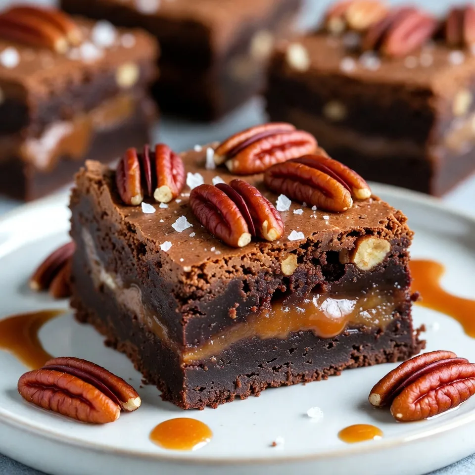 To make these brownies, gather the following ingredients: - 1 cup unsalted butter, melted - 1 ½ cups granulated sugar - 3 large eggs - 1 teaspoon vanilla extract - 1 cup all-purpose flour - ½ cup unsweetened cocoa powder - ½ teaspoon baking powder - ½ teaspoon salt - 1 cup pecans, roughly chopped - 1 cup caramel sauce (store-bought or homemade) - Flaky sea salt for garnish You can swap some ingredients based on your needs: - Butter: Use coconut oil for a dairy-free option. - Granulated sugar: Brown sugar adds a richer flavor and moisture. - Eggs: Use flax eggs (1 tablespoon of ground flaxseed with 3 tablespoons of water) for a vegan option. - All-purpose flour: Almond flour works well for a gluten-free choice. - Pecans: Walnuts or hazelnuts can be a great substitute. Choosing the right brands enhances your brownies: - Butter: I recommend using European-style butter like Kerrygold for its rich taste. - Caramel Sauce: Look for brands like Stonewall Kitchen or Smucker’s for a great balance of sweet and salty. - Cocoa Powder: Use Dutch-processed cocoa from brands like Valrhona for deeper chocolate flavor. - Pecans: Select fresh, high-quality pecans for the best crunch and flavor. These tips will help you create the most delicious caramel pecan brownies. Enjoy the rich and sweet experience! {{ingredient_image_1}} Start by preheating your oven to 350°F (175°C). Grease an 8x8-inch baking pan with butter. Line it with parchment paper, letting the edges hang over the sides. This helps when you remove the brownies later. In a large bowl, mix 1 cup of melted butter and 1 ½ cups of granulated sugar. Whisk them together until the mixture looks smooth and shiny. Add 3 large eggs one at a time. Make sure to whisk well after each egg. Finally, stir in 1 teaspoon of vanilla extract. In another bowl, sift 1 cup of all-purpose flour, ½ cup of cocoa powder, ½ teaspoon of baking powder, and ½ teaspoon of salt. Gradually add the dry mix to the wet ingredients. Use a spatula to fold them together gently. Be careful not to mix too much. Then, fold in 1 cup of roughly chopped pecans, saving some for later. Pour half of the brownie batter into the prepared pan. Spread it out evenly. Drizzle half of the caramel sauce over this layer. Next, spoon the rest of the brownie batter on top. Spread it gently, then drizzle the remaining caramel sauce over this layer. Use a knife to swirl the caramel lightly into the batter. Sprinkle the reserved pecans on top of the batter. Add a pinch of flaky sea salt for extra flavor. Bake in your preheated oven for 25-30 minutes. When done, a toothpick should come out with a few moist crumbs. Let the brownies cool completely in the pan. Use the parchment paper to lift them out and cut them into squares. To get the best texture in your brownies, you need to mix well but not too much. Start by whisking the melted butter and sugar until they are smooth. When you add the eggs, whisk each one in fully. This keeps your brownies moist. When you add the dry ingredients, fold them in gently. This way, you avoid tough brownies. Use a spatula to mix in the pecans last; this adds great bites of flavor. Swirling caramel can be tricky but fun. After you pour in the first layer of batter, drizzle half the caramel sauce over it. Then, use a knife or a toothpick to swirl it in gently. Don't go too deep or mix too much. You want to see those beautiful swirls. For the top layer, repeat this process with the remaining batter and caramel. This creates a lovely marbled effect. A good garnish makes your brownies pop. After baking, let them cool completely. When ready to serve, sprinkle some chopped pecans on top. This adds texture and crunch. A pinch of flaky sea salt enhances the flavor too. For an extra treat, drizzle more caramel sauce over the brownies. You can also add a scoop of vanilla ice cream on the side. This not only looks great but tastes amazing! Pro Tips Use Quality Ingredients: The flavor of your brownies will greatly depend on the quality of the butter, cocoa powder, and caramel sauce. Opt for high-quality products for the best results. Don’t Overmix: When combining the dry and wet ingredients, mix just until incorporated to ensure your brownies remain fudgy and not cakey. Check for Doneness: Every oven is different, so start checking your brownies a few minutes before the recommended bake time. A toothpick should come out with a few moist crumbs, not wet batter. Cool Completely: Allow your brownies to cool completely in the pan before cutting. This helps them set and makes for cleaner cuts. {{image_2}} You can switch up the nuts in your brownies. Try walnuts or almonds for a fun twist. Each nut brings a unique crunch and flavor. If you love chocolate, mix in dark chocolate chips or chunks. This will boost the chocolate flavor. You can also use milk or white chocolate for a different taste. The options are endless, so feel free to mix and match! If you want gluten-free brownies, swap the all-purpose flour for almond flour or a gluten-free blend. This change keeps the texture rich while making it safe for gluten-sensitive eaters. For a vegan version, use flax eggs instead of regular eggs. To make flax eggs, mix one tablespoon of ground flaxseed with three tablespoons of water. Let it sit until thick. Replace the butter with coconut oil or vegan butter. These swaps keep the brownies moist and delicious. Adding espresso powder boosts the chocolate flavor. Just one teaspoon mixed into the dry ingredients makes a big difference. You can also sprinkle flaky sea salt on top. This adds a nice contrast to the sweetness. Another option is to mix in a teaspoon of almond or mint extract. These flavors can surprise your taste buds and make the brownies even more special. To keep your brownies fresh, store them in an airtight container. This will keep them moist and tasty. Place a piece of parchment paper between layers to avoid sticking. Keep the container at room temperature for up to four days. If you want them to last longer, consider freezing them. Freezing is a great way to save leftover brownies. First, let the brownies cool completely. Then, cut them into squares. Wrap each square in plastic wrap, and place them in a freezer-safe bag. Try to remove as much air as possible. You can freeze them for up to three months. When you want a treat, just thaw them in the fridge overnight. To enjoy warm brownies, reheat them in the oven. Preheat your oven to 350°F (175°C). Place the brownies on a baking sheet and cover them with foil. Heat for about 10 minutes. This will make them soft and gooey again. You can also use the microwave. Heat a square for 15-20 seconds. Just be careful not to overheat them! Yes, you can use store-bought caramel sauce. It saves time and works well in the recipe. Look for a thick, rich sauce for the best flavor. If you want, you can make your own caramel too. Homemade caramel adds a special touch. If your brownies turn out dry, don’t worry! You can fix this. Serve them warm with a scoop of ice cream. The ice cream adds moisture and creaminess. Another option is to drizzle extra caramel sauce on top. This adds sweetness and keeps them moist. These brownies last about 3 to 5 days at room temperature. Store them in an airtight container to keep them fresh. If you want them to last longer, you can freeze them. They freeze well for up to 3 months. Just thaw them in the fridge when ready to eat. You’ve learned how to make delicious caramel pecan brownies. We covered the best ingredients, smart tips, and cool variations. You now know how to prep, bake, and store your treats too. Remember, perfect texture comes from mixing well and using fresh ingredients. Enjoy your baking journey! Brownies can be fun and easy, so get creative and share your results. Your friends and family will love these sweet treats!