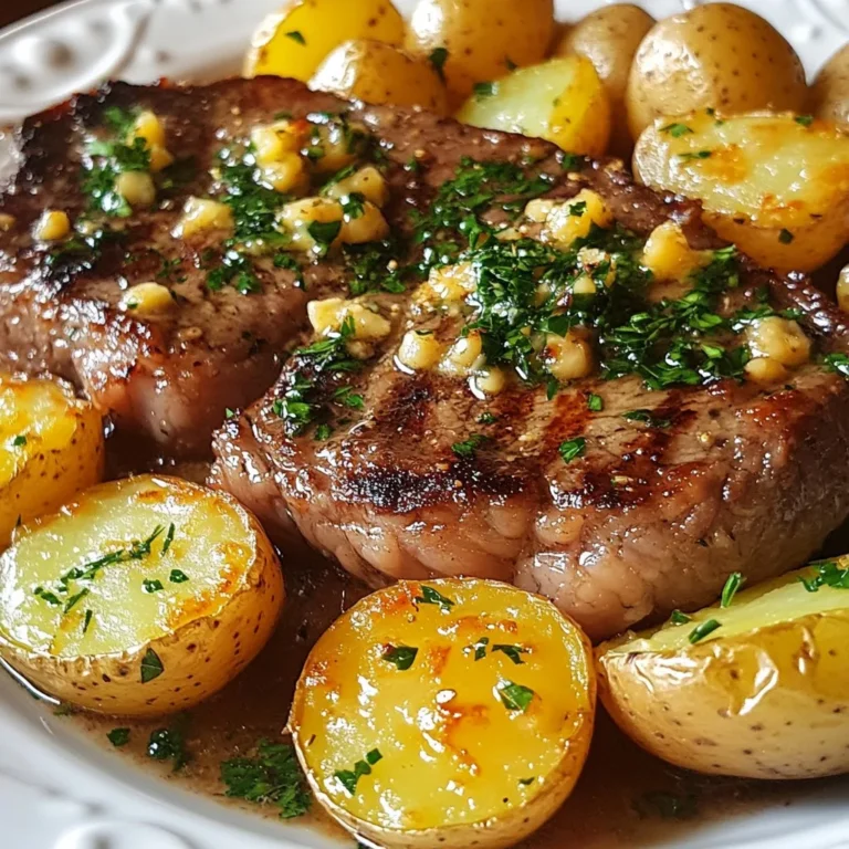 - 2 ribeye steaks (about 1 inch thick) - 4 medium-sized baby potatoes, halved - 4 tablespoons unsalted butter - 4 cloves garlic, minced Ribeye steaks bring rich flavor and tenderness to the dish. They cook well in a skillet, giving a nice sear. Choose steaks about one inch thick for the best results. Baby potatoes add a hearty bite. Halving them helps them cook evenly. Unsalted butter is key for that creamy garlic sauce. It melts beautifully and enhances flavors. Fresh garlic gives a strong, fragrant taste that pairs perfectly with steak. Always use fresh garlic for the best flavor. - 1 teaspoon fresh rosemary, chopped - 1 teaspoon fresh thyme, chopped - Salt and black pepper to taste - 1 tablespoon olive oil Fresh rosemary and thyme add a touch of earthiness. They bring a lovely aroma to your dish. Seasoning with salt and black pepper is crucial. It boosts the natural flavors of the steak and potatoes. Olive oil helps achieve a perfect sear on the steaks. - Fresh parsley, chopped Fresh parsley brightens up the dish. It adds color and a hint of freshness. You can sprinkle it on just before serving for that extra pop. It makes the meal look inviting and delicious. {{ingredient_image_1}} Start by boiling water in a large pot. Add salt to the water for flavor. When the water is boiling, add the halved baby potatoes. Cook them for about 10-12 minutes. You want them fork-tender but not mushy. After cooking, drain the potatoes well and set them aside. This step helps to keep the potatoes firm and ready for the next stage. While the potatoes are boiling, season your ribeye steaks. Use a generous amount of salt and black pepper on both sides. This enhances the flavor. In a large skillet, heat olive oil over medium-high heat. When the oil is hot, add the steaks. Sear each steak for 4-5 minutes on each side for medium-rare. Adjust the time for your preferred doneness. Once done, remove the steaks and let them rest on a cutting board. This resting time helps keep the juices in. In the same skillet, reduce the heat to medium. Add 2 tablespoons of unsalted butter and let it melt. Once melted, add minced garlic, chopped rosemary, and thyme. Sauté this mixture for about one minute. Lowering the heat is key because it prevents burning. You want the aroma to fill your kitchen without the garlic getting bitter. Now, add the cooked baby potatoes back into the skillet. Toss them gently in the garlic herb butter. This step ensures the potatoes soak up all that rich flavor. Cook them for an additional 3-4 minutes. You want the potatoes to be heated through and slightly crispy on the outside. This texture adds a nice crunch to the dish. Next, stir in the remaining 2 tablespoons of butter. Let it melt and coat the potatoes. While this happens, slice the rested steaks against the grain. This method helps keep the meat tender. Add the sliced steaks back into the skillet, gently mixing everything together. This step allows all the flavors to blend perfectly. Transfer your steak and potatoes to a large serving platter. Drizzle any remaining garlic butter from the skillet over the top. This adds extra flavor and makes the dish look appealing. Finally, sprinkle fresh parsley on top for a pop of color. Enjoy your delicious garlic butter steak and potatoes skillet! For this dish, ribeye steaks shine. They have great fat content, giving flavor. When picking ribeye, look for a thickness of about one inch. This thickness helps the steak cook evenly. Thinner steaks may dry out quickly. To make your potatoes crispy, boil them first. Cook them in salted water for about 10-12 minutes. This softens them, allowing for a crispy outside when cooked in the skillet. After boiling, you can also roast them for a different texture. Roasting adds a nice golden color and crunch. Add fresh herbs for more taste. Besides rosemary and thyme, try adding oregano or basil. These herbs blend well with garlic and butter. For a twist, add a pinch of red pepper flakes for heat. You can also sprinkle some smoked paprika for a richer flavor. Experiment to find what fits your taste! Pro Tips Let the Steaks Rest: After searing, let the steaks rest for at least 5 minutes to allow the juices to redistribute, ensuring a juicy and tender bite. Use a Meat Thermometer: For perfect doneness, use a meat thermometer to check the internal temperature. Aim for 130°F (54°C) for medium-rare. Choose Fresh Herbs: Fresh herbs like rosemary and thyme elevate the flavor of the garlic butter. Consider using other herbs like parsley or oregano for variation. Get Crispy Potatoes: Ensure the skillet is hot enough before adding potatoes to get a nice crispy texture. Don’t overcrowd the pan to allow even cooking. {{image_2}} You can switch up the ribeye for other cuts. Sirloin, flank, or tenderloin work well. Each offers a unique taste and texture. If you want a vegetarian option, try using mushrooms. Portobello or cremini mushrooms can mimic the heartiness of steak. Just season and cook them in the same way. If you want a twist, use sweet potatoes instead. They add a sweet flavor and vibrant color. You can also try making mashed potatoes. Boil them until soft, then mash with butter and garlic. This creamy version pairs nicely with the steak. For a flavor boost, try different garlic types. Black garlic offers a sweet, rich taste. You can also add spicy elements like red pepper flakes. This adds a nice kick to your dish. Experiment with these options to find your favorite mix! To keep your garlic butter steak and potatoes fresh, you need to store them right. First, let the dish cool down to room temperature. Then, place it in an airtight container. This helps to seal in the flavor. You can store leftovers in the fridge for about 3 to 4 days. After that, the taste may fade, and the texture might change. When it’s time to enjoy your leftovers, reheating them properly is key. The best method is to use a skillet. Heat it on low and add a bit of butter or oil. This helps keep the steak juicy and the potatoes crispy. You can also use a microwave, but be careful. Heat in short bursts to avoid overcooking. Stir occasionally to warm evenly. Enjoy your meal like it’s fresh off the stove! Cooking garlic butter steak and potatoes takes about 30 minutes. You need 10 minutes to prep. The cooking time is about 20 minutes. Yes, you can prep some parts in advance. Cook the potatoes and store them in the fridge. Sear the steaks just before serving. This keeps the meat juicy and tasty. You can serve a fresh salad or steamed veggies. A simple green salad works well. Roasted broccoli or asparagus adds color and nutrition. Yes, this recipe is flexible. Use gluten-free soy sauce for a gluten-free option. You can substitute butter with olive oil for a dairy-free version. For low-carb, skip the potatoes and use cauliflower. This blog post covered how to make garlic butter steak and potatoes. We explored the main and seasoning ingredients, plus garnishes that boost flavor. I shared step-by-step instructions for cooking the potatoes and searing the steaks. We also discussed tips for choosing the right steak and enhancing flavor with herbs. Ultimately, this dish is delicious and adaptable for many diets. With the right techniques, you can impress anyone at the dinner table. Enjoy your cooking adventure!