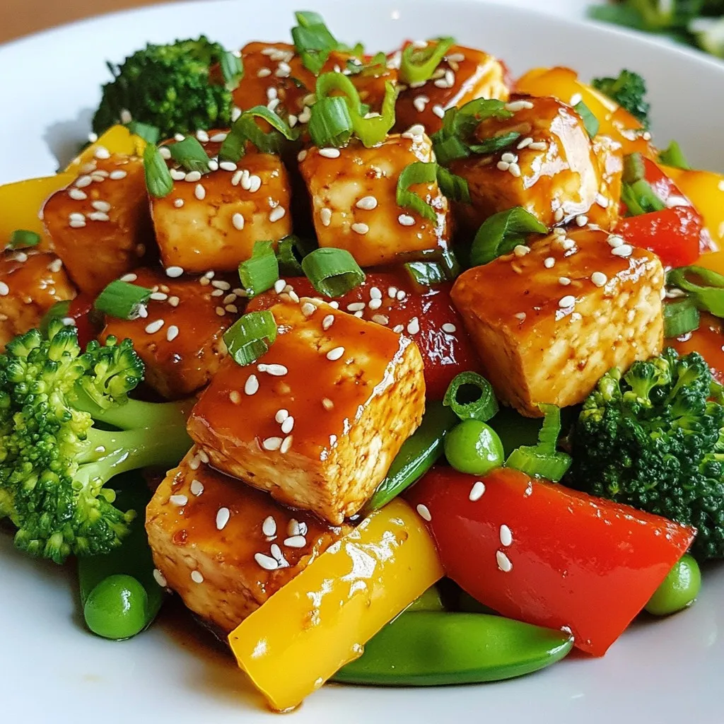 - 14 oz firm tofu, drained and pressed - 2 tablespoons cornstarch - 1 tablespoon vegetable oil - 1 bell pepper (red or yellow), sliced - 1 cup broccoli florets - 1 cup snap peas - 2 green onions, chopped - 3 garlic cloves, minced - 1 inch ginger, minced - ½ cup low-sodium teriyaki sauce - 1 tablespoon sesame seeds - Salt and pepper to taste The main ingredients make this dish shine. Firm tofu gives a nice texture. The cornstarch helps achieve that crispy finish. The bell pepper, broccoli, and snap peas add color and crunch. Garlic and ginger bring a wonderful aroma. The teriyaki sauce ties everything together with its sweet and savory flavor. You might want to serve your stir-fry with: - Cooked rice or quinoa - Extra sesame seeds for garnish - Additional green onions for a fresh touch These items add more flavor and texture. Rice or quinoa helps balance the meal. Extra garnishes make your dish look great! If you need substitutes, here are some ideas: - Use extra-firm tofu for a firmer texture. - Swap bell pepper with zucchini or carrots. - Replace low-sodium teriyaki sauce with a homemade version. These substitutes keep the dish tasty and fun. Adjust based on what you have at home. You can still enjoy a great meal! {{ingredient_image_1}} Start by cutting your firm tofu into bite-sized cubes. Make sure to press the tofu first. This helps remove extra water. Next, toss the tofu cubes with cornstarch. This will help them get crispy when cooked. Heat vegetable oil in a large skillet or wok over medium-high heat. Once the oil is hot, add the tofu cubes. Cook them for 5 to 7 minutes. Turn them occasionally. You want them golden and crispy. After they are crispy, take them out of the skillet and set them aside. Now, add the sliced bell pepper, broccoli florets, and snap peas to the same skillet. Stir-fry the veggies for about 3 to 4 minutes. You want them vibrant and tender-crisp. After that, add minced garlic and ginger to the pan. Stir for another 1 to 2 minutes until they smell great. Return the crispy tofu to the skillet. Pour in the teriyaki sauce over everything. Gently toss the tofu and veggies together. Cook for about 2 to 3 minutes, just until everything is hot and coated in sauce. Add salt and pepper to taste. Finally, remove the skillet from heat. Garnish your dish with chopped green onions and sesame seeds. You now have a tasty Teriyaki Glazed Tofu Stir-Fry ready to enjoy! To get crispy tofu, start with firm tofu. Drain and press it well. This removes extra moisture, which can make it soggy. Cut the tofu into bite-sized cubes. Next, coat the cubes in cornstarch. This gives them a nice crunch. Heat vegetable oil in a skillet over medium-high heat. Add the tofu once the oil is hot. Cook for 5-7 minutes, turning them until golden brown. This step is key for achieving that crispy texture. You can use any veggies you like in this stir-fry. Bell peppers, broccoli, and snap peas are great choices, but feel free to mix it up. Try adding carrots, zucchini, or mushrooms. Just remember to cut the veggies into similar sizes. This helps them cook evenly. Stir-fry them for 3-4 minutes until they are bright and tender-crisp. You want them to be colorful and fresh. While teriyaki sauce adds great flavor, you can boost it even more. Add a splash of soy sauce for extra depth. A bit of chili paste can add a kick if you like spice. You might also try a sprinkle of five-spice powder for a unique twist. Garlic and ginger are must-haves for this dish, but don’t shy away from other herbs. Try adding fresh cilantro or basil when serving for extra aroma. These small changes can take your dish to the next level! Pro Tips Press Tofu Well: Make sure to press the tofu for at least 30 minutes to remove excess moisture, which helps achieve a firmer texture when cooking. Use High Heat: Stir-frying at a high temperature allows the vegetables to remain crisp and vibrant while ensuring the tofu gets that perfect golden crust. Customize Vegetables: Feel free to swap in your favorite seasonal vegetables or whatever you have on hand for a personalized touch to this stir-fry. Add Heat: If you enjoy a spicy kick, consider adding red pepper flakes or a splash of sriracha to the teriyaki sauce for an extra layer of flavor. {{image_2}} If you want to switch up the protein in your stir-fry, there are many options. You can use tempeh for a nutty flavor and firm texture. Seitan works well, too, as it absorbs flavors nicely. For a non-plant option, try chicken or shrimp. Just make sure to adjust the cooking time for these proteins. Feel free to get creative with your veggies! Carrots add a nice crunch and sweetness. Zucchini slices can bring a fresh taste. You can also use mushrooms for their earthy flavor. Snap peas are great, but you can swap them for green beans or bok choy. Aim for a mix of colors for a vibrant dish! To add some heat, mix in chili paste or red pepper flakes. Start with a small amount and taste as you go. You can also use sriracha for a flavorful kick. Just remember that too much heat can overpower the teriyaki glaze, so balance is key. Enjoy experimenting! To store your teriyaki glazed tofu stir-fry, let it cool first. Place it in an airtight container. You can keep it in the fridge for up to three days. Make sure to store it away from direct light and heat to maintain freshness. When you’re ready to eat your leftovers, use a skillet for the best texture. Heat it on medium heat. Add a splash of water or broth to prevent sticking. Stir gently for about 5-7 minutes until heated through. You can also use a microwave. Heat it in a microwave-safe bowl, covered, for about 2-3 minutes. Stir halfway through to ensure even heating. If you want to save your stir-fry for later, freezing is a great option. Portion the dish into freezer-safe bags or containers. Remove as much air as possible to prevent freezer burn. It will last for about one month in the freezer. To reheat, let it thaw overnight in the fridge. Then, follow the reheating instructions above. Yes, you can use firm tofu. It will work well, but the texture will be softer. Extra firm tofu holds its shape better during cooking. If you use firm tofu, be careful when stirring to avoid breaking it apart. To make this dish gluten-free, use gluten-free teriyaki sauce. Many brands offer gluten-free options. Also, check your vegetable oil and cornstarch, as they are often gluten-free. You can serve this stir-fry with rice or quinoa. Noodles also make a great side. For a light meal, serve it with a fresh salad. You can add some sesame seeds on top for a nice crunch. Cooking tofu takes about 5-7 minutes. You want it to be golden and crispy. Make sure to turn the tofu occasionally for even cooking. If you want a firmer texture, press it longer before cooking. This blog post shared a simple way to make Teriyaki Glazed Tofu Stir-Fry. We covered key ingredients, step-by-step cooking guides, and tips for perfect tofu. I also shared variations and storage tips to help you enjoy your dish long after cooking. You can swap proteins, mix veggies, or spice things up. Remember, making this dish can be fun and easy. With these tips, you'll cook like a pro. Enjoy your tasty stir-fry!