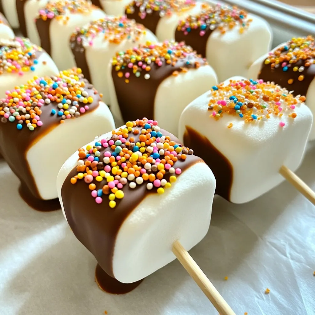- Large Marshmallows - Semi-Sweet Chocolate Chips - Coconut Oil - Colorful Sprinkles or Crushed Nuts - Lollipop Sticks or Wooden Skewers - Optional Ingredients for Variations To make Chocolate Dipped Marshmallow Pops, gather these simple ingredients. You will need ten large marshmallows. These fluffy treats form the base of your pops. Next, get one cup of semi-sweet chocolate chips. This chocolate adds a rich flavor that pairs well with the marshmallows. You will also need one tablespoon of coconut oil. The oil helps the chocolate melt smoothly and adds a nice shine. For decoration, prepare half a cup of colorful sprinkles or crushed nuts. These toppings make your pops look fun and inviting. Don't forget about the lollipop sticks or wooden skewers. They are essential for holding your pops. If you want to get creative, you can use optional ingredients. For a s’mores twist, try adding a quarter cup of crushed graham crackers. This step adds a delicious crunch and flavor. With these ingredients ready, you can start making your delightful treats! {{ingredient_image_1}} To start, grab your marshmallows. Insert a lollipop stick into each one, pushing it halfway through. This keeps them stable for dipping. Next, arrange the marshmallows on a baking sheet lined with parchment paper. This helps with cleanup later. Now, let’s melt the chocolate. In a microwave-safe bowl, combine the chocolate chips and coconut oil. The coconut oil makes the chocolate smooth. Microwave the bowl in 30-second bursts. After each burst, stir the chocolate. Keep doing this until it is fully melted and smooth. Grab a marshmallow pop by the stick. Dip it into the melted chocolate. Swirl it around to coat it evenly. Let any extra chocolate drip off. Now, it’s time to add toppings! Sprinkle colorful sprinkles or crushed graham crackers on the chocolate. Do this while the chocolate is still wet. Then, place the dipped marshmallow back on the baking sheet. Once all the marshmallows are dipped, it’s time to set them. Place the baking sheet in the refrigerator. Let the pops chill for about 30 minutes. This helps the chocolate harden properly. When the chocolate is firm, it’s time to serve! Arrange your Chocolate Dipped Marshmallow Pops on a decorative platter. For a fun twist, you can also mix and match toppings. These treats are perfect for parties or family gatherings! Using Coconut Oil Coconut oil helps chocolate melt smoothly. It also adds a nice shine. Mix one tablespoon of coconut oil with your chocolate chips. This makes it easier to dip your marshmallows. Avoiding Seizing Seizing happens when water gets into chocolate. Even a tiny bit can ruin your chocolate. To avoid this, ensure all your tools are dry. Only use a microwave-safe bowl for melting. Even Coating To coat your marshmallow pop evenly, dip it straight into the chocolate. Swirl it gently. Move it up and down to cover all sides. This helps create a nice, thick layer of chocolate. Draining Excess Chocolate After dipping, lift the marshmallow out slowly. Hold it over the bowl for a few seconds. This lets extra chocolate drip off. You want a smooth finish, not a puddle. Best Ways to Store Store your chocolate dipped marshmallow pops in a cool place. Keep them in an airtight container. This helps prevent them from getting sticky. If it's warm, refrigerate them for longer freshness. How to Keep Pops Fresh To keep your pops fresh, avoid stacking them. Place parchment paper between layers if you need to stack. This keeps the chocolate from sticking. Enjoy your treats within a week for the best taste! Pro Tips Use Quality Chocolate: For the best flavor and texture, opt for high-quality chocolate chips. They melt smoothly and provide a rich taste. Customize Your Toppings: Get creative with toppings! Try using crushed cookies, nuts, or even drizzle with white chocolate for added flair. Chill Before Serving: Allow the chocolate to fully set in the refrigerator. This ensures that the pops hold their shape and are easier to handle. Perfect Dipping Technique: For an even coat, dip the marshmallow straight down and pull it up at an angle, allowing excess chocolate to drip off before adding toppings. {{image_2}} You can have fun with toppings! Sprinkles add color and crunch. You can use colorful sprinkles or go for crushed nuts. Both options make your pops look great. For a flavor twist, try adding peppermint or caramel toppings. These flavors mix well with chocolate. Think about how you want each pop to taste! Want to make a s'mores treat? Use crushed graham crackers on top. This twist adds a fun texture. After dipping the marshmallow in chocolate, sprinkle the graham crackers right away. It gives you that campfire feel! The combination of chocolate and marshmallows makes it a classic favorite. This twist is sure to please everyone! You can customize these pops for any season! For Christmas, use red and green sprinkles. For Halloween, try orange and black colors. You can even shape marshmallows like ghosts or pumpkins. This makes them perfect for parties or events. Make each pop special for your theme. Your guests will love these creative treats! To keep your chocolate dipped marshmallow pops fresh, you have two main options: room temperature or refrigeration. - Room Temperature: If you plan to eat them within a day, you can store them at room temperature. Place them in an airtight container to avoid air exposure. Keep them in a cool, dry spot away from direct sunlight. - Refrigeration: For longer storage, refrigerate the pops. Place them in an airtight container. This method helps maintain freshness and keeps the chocolate firm. However, be careful when removing them, as condensation can form on the chocolate. You can also freeze these treats for later enjoyment. Freezing is a great option if you want to make them ahead of time. - How to Freeze Effectively: First, let the pops cool completely after chocolate sets. Then, arrange them in a single layer on a baking sheet. Freeze them for about an hour. Once firm, transfer them to a freezer-safe container or bag. This prevents them from sticking together. - Thawing before Serving: When you are ready to serve, take them out of the freezer. Place them in the fridge for a few hours to thaw. Avoid thawing at room temperature, as this can make the chocolate too soft. Enjoy your pops after they've warmed up slightly in the fridge! Yes, you can use milk chocolate. It will taste sweeter and creamier. The melting process is similar. You just need to melt it slowly to avoid burning. Use a microwave in short bursts, stirring often. You can store them for about one week. Keep them in an airtight container at room temperature. If they look dry or have a strange smell, throw them away. Yes, you can prepare these pops one day ahead. Just dip and decorate them. Store them in the fridge to keep the chocolate firm and fresh. You can use wooden skewers or even pretzel sticks. Wooden skewers are longer and sturdy. Pretzel sticks add a nice crunch. However, they may break easier than lollipop sticks. You've learned how to make delicious chocolate-dipped marshmallow pops. This treat is fun, easy, and allows for many creative twists. From choosing toppings to storing pops, each step adds joy to your creation. Try different flavors and themes to match any occasion. Enjoy making your pops with friends and family. Share your unique designs and flavors. The fun is in the making, so dive in and start today!