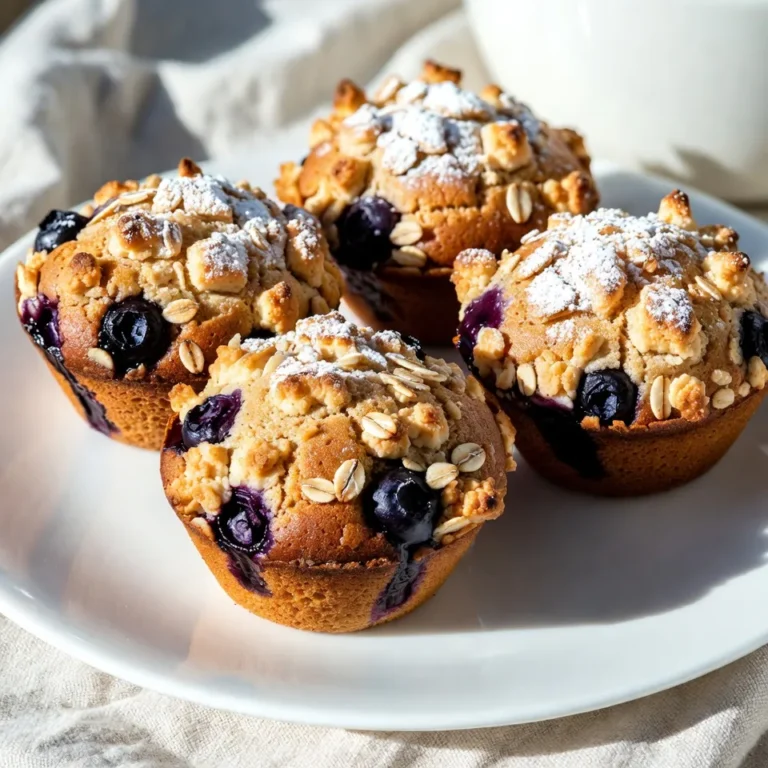 - 1 cup fresh blueberries - 1 ½ cups all-purpose flour - ½ cup granulated sugar - ½ cup brown sugar - 1 teaspoon baking powder - ½ teaspoon baking soda - ¼ teaspoon salt - ½ cup unsalted butter, melted - 2 large eggs - ½ cup milk - 1 teaspoon vanilla extract - ½ teaspoon cinnamon - ½ cup rolled oats (for crumble topping) - ¼ cup all-purpose flour (for crumble topping) - ¼ cup brown sugar (for crumble topping) - 3 tablespoons cold butter, cubed (for crumble topping) - ½ teaspoon cinnamon (for crumble topping) Each ingredient plays a key role. The flour gives the muffins structure. Sugar adds sweetness and moisture. Baking powder and baking soda help the muffins rise. Butter adds richness, while eggs bind everything together. Fresh blueberries bring a burst of flavor and color. The crumble topping adds a crunchy texture that contrasts with the soft muffin. You can play with flavors! Try adding lemon zest for a citrusy zing. You might also add nuts for crunch. If you love spices, a pinch of nutmeg can bring warmth. Feel free to mix and match based on what you have at home. This flexibility makes these muffins even more fun to make! {{ingredient_image_1}} First, preheat your oven to 350°F (175°C). Line a muffin tin with paper liners or grease them lightly. This step makes it easy to pop out the muffins later. In a medium bowl, mix together the dry ingredients. You need flour, granulated sugar, brown sugar, baking powder, baking soda, salt, and cinnamon. Stir them well, so they blend nicely. In another bowl, whisk the wet ingredients. Combine melted butter, eggs, milk, and vanilla extract. Mix until smooth. Next, pour the wet mix into the dry mix. Stir gently until just combined. It’s okay to have some lumps. Finally, fold in fresh blueberries carefully, ensuring they spread evenly. Now, it’s time to fill the muffin tin. Divide the batter evenly among the cups, filling each about two-thirds full. Then, make the crumble topping. In a small bowl, mix oats, flour, brown sugar, cubed cold butter, and cinnamon. Use a fork or your fingers to blend until it looks like coarse crumbs. Sprinkle this topping generously over each muffin. Bake for 18 to 20 minutes. To check if they are done, insert a toothpick into the center. If it comes out clean, they are ready! Let the muffins cool in the pan for five minutes. After that, transfer them to a wire rack to cool completely. Enjoy the sweet smell as they cool! When making blueberry crumble muffins, a few mistakes can ruin your bake. First, avoid overmixing the batter. This makes muffins tough. Mix until just blended. Second, be careful with the blueberries. If you mash them, the muffins will turn blue. Gently fold them in to keep them whole. Lastly, check your oven temperature. An oven that is too hot can burn the muffins. For moist blueberry muffins, use melted butter instead of solid butter. The melted butter adds richness and keeps them soft. Also, do not skip the milk. It adds moisture and flavor. Use fresh blueberries if you can. They add juiciness. Another great tip is to let the batter rest for a few minutes before baking. This helps the muffins rise better. Blueberry crumble muffins taste best fresh from the oven. Serve them warm for a delightful treat. Dust with powdered sugar for a sweet touch. You can also add a dollop of whipped cream on the side. Pair them with tea or coffee for a cozy snack. They make a great breakfast or afternoon delight too! Pro Tips Use Fresh Blueberries: For the best flavor and texture, always opt for fresh blueberries. Frozen ones may work, but they can make the batter too watery. Don’t Overmix: When combining wet and dry ingredients, mix until just combined to avoid tough muffins. A few lumps are perfectly fine. Crumble Consistency: Ensure your crumble topping has a coarse texture, resembling breadcrumbs. This will give your muffins a delightful crunch. Cool Before Serving: Allow muffins to cool on a wire rack for optimal texture. This prevents them from becoming soggy in the pan. {{image_2}} You can swap blueberries for other fruits. Raspberries, strawberries, or blackberries work great. Each fruit gives a unique taste. This keeps your muffins fresh and exciting. Try mixing two fruits for fun flavors. Just remember to keep the fruit's moisture in mind. While the crumble topping is tasty, you can change it up. Try nuts like walnuts or almonds for crunch. You can also add coconut flakes for a tropical twist. If you want a sweeter finish, drizzle honey or maple syrup on top. These changes make your muffins stand out. To make gluten-free muffins, use almond or oat flour. Both work well and taste great. For a vegan version, replace eggs with flaxseed meal or applesauce. Use almond milk instead of regular milk. These swaps keep the muffins soft and moist while staying true to your diet. To keep your blueberry muffins fresh, store them in an airtight container at room temperature. This method helps the muffins stay moist. You can also wrap them in plastic wrap for extra protection. If you want to keep them longer, consider refrigerating them. Just remember to let them cool completely first. If you have extra muffins, freezing them is a great option. First, let the muffins cool down. Then, wrap each muffin in plastic wrap. After that, place them in a freezer-safe bag. Make sure to press out as much air as possible. Label the bag with the date. Frozen muffins can last up to three months. Blueberry muffins are best enjoyed fresh. They usually stay good for about 2 to 3 days at room temperature. If stored in the fridge, they can last about a week. To check for freshness, look for any signs of mold or a change in smell. If they feel dry, it is time to toss them. Enjoying them while still soft and moist is the best way to savor their flavor! Yes, you can use frozen blueberries in this recipe. Just make sure they are not clumped together. Frozen blueberries can make your muffins very moist. They may also turn the batter a bit purple. This is normal and still tastes amazing! You can make these muffins healthier by using whole wheat flour instead of all-purpose flour. You can also cut down on sugar. Try using half the amount or switch to honey or maple syrup. Adding in some chia seeds or flaxseeds can boost nutrition too. You can even replace the butter with applesauce for a lighter option. You can use mashed bananas or unsweetened applesauce as an egg substitute. Each banana or ¼ cup of applesauce works for one egg. You can also use flaxseed meal. Mix 1 tablespoon of flaxseed meal with 2.5 tablespoons of water. Let it sit for a few minutes to thicken. This works well in muffins and adds a nice nutty flavor. In this blog post, we explored the key ingredients and steps to make delicious muffins. You learned about measurements, optional ingredients, and how to avoid common mistakes. I shared tips for moist muffins and creative serving ideas. We also discussed variations for different tastes, storage methods, and answered some FAQs. Baking muffins can be fun and easy. With practice, you can create tasty treats to enjoy or share!
