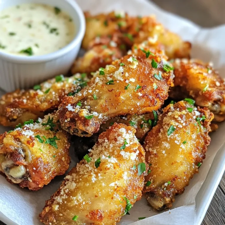 - 2 pounds chicken wings - 3 tablespoons olive oil - 4 cloves garlic, minced - 1 teaspoon garlic powder - 1 teaspoon onion powder - 1 teaspoon smoked paprika - 1 teaspoon salt - ½ teaspoon black pepper - ½ cup grated Parmesan cheese These main ingredients make the wings rich and tasty. Chicken wings are the star of the show. They get crispy and golden in the air fryer. Olive oil helps the wings brown nicely. Fresh garlic adds a punch of flavor. The seasonings give depth to each bite. - Red pepper flakes - 2 tablespoons chopped fresh parsley For some heat, you can add red pepper flakes. They give a spicy kick that many love. Fresh parsley is great for a garnish. It makes the dish look bright and fresh. - Dipping sauces like ranch or blue cheese - Serve on a large platter with parchment paper Dipping sauces are a must. They add extra flavor and fun. Serve the wings on a large platter. This makes it easy for everyone to grab some. You can also add some extra parsley on top to make it pretty. {{ingredient_image_1}} To start, you need to marinate the chicken wings. In a large bowl, mix the chicken wings with olive oil, minced garlic, garlic powder, onion powder, smoked paprika, salt, and black pepper. This mix gives the wings great flavor. Toss everything well so each wing is coated evenly. If you have time, let them marinate for at least 15 minutes. For even better taste, marinate for up to 2 hours in the fridge. Next, preheat your air fryer to 400°F (200°C). This step is key for crispy wings. Let it heat for about 5 minutes. After that, arrange the marinated wings in the air fryer basket. Make sure they fit in a single layer. Do not overcrowd them; this lets hot air flow around each wing. You might need to cook in batches. Cook the wings for 25-30 minutes. Remember to shake the basket halfway through. This helps them crisp up evenly. Once cooked, take the wings out. They should look golden brown and crispy. Place them in a large bowl. Immediately sprinkle the grated Parmesan cheese over the hot wings. Toss them well to coat. If you like spice, add some red pepper flakes for a kick. For a nice touch, garnish with fresh parsley before serving. Serve them on a large platter lined with parchment paper. Add a bowl of your favorite dipping sauce, like ranch or blue cheese, for a complete dish. To get crispy wings, space them out in the air fryer. If they touch, they won’t crisp well. Arrange them in a single layer. This helps the hot air flow freely. Shake the basket halfway through cooking. This allows all sides to cook evenly. Both tips make a big difference in texture. Want more flavor? You can add spices like cayenne pepper or smoked paprika. Fresh herbs like thyme or oregano also work well. If your wings are larger, adjust the cooking time. Larger wings may need a few extra minutes. Smaller wings will cook faster. Keep an eye on them to avoid overcooking. For the best taste, marinate your wings for at least 15 minutes. If you have time, let them sit in the fridge for up to 2 hours. This gives the flavors time to soak in. When storing wings before cooking, use an airtight container. This keeps them fresh and safe. If marinating overnight, be sure to cover them well. Pro Tips Marinate for Maximum Flavor: Let the wings marinate for at least 15 minutes, but for the best results, refrigerate for up to 2 hours. This enhances the flavor and tenderness of the wings. Don't Overcrowd the Air Fryer: Arrange the wings in a single layer in the air fryer basket. Overcrowding can lead to uneven cooking and less crispy results. Check for Crispiness: Use a meat thermometer to ensure the internal temperature of the wings reaches 165°F (75°C) and check for golden brown color for optimal crispiness. Add Extra Seasoning: Feel free to customize the seasoning by adding your favorite spices or herbs to the mix. A dash of cayenne pepper or lemon zest can elevate the flavor profile. {{image_2}} You can make your wings even more exciting. For a spicy twist, try spicy garlic Parmesan wings. Just add red pepper flakes to the seasoning. This gives your wings a nice kick. Another great option is lemon herb garlic wings. Simply add fresh lemon juice and herbs like thyme and rosemary. This brightens the flavor and adds a lovely aroma. If you don’t have an air fryer, you can still enjoy these wings. Baking in the oven is a great choice. Preheat your oven to 400°F (200°C). Place the wings on a baking sheet and cook for about 40-45 minutes. Flip them halfway through for even cooking. You can also use a conventional fryer. Heat oil to 375°F (190°C) and fry the wings for about 8-10 minutes. This method gives you crispy wings but requires more hands-on attention. For those needing gluten-free options, use gluten-free soy sauce or tamari in your marinade. Always check labels on your seasonings. If you want a healthier version, try low-sodium seasoning alternatives. Use less salt and spices that pack flavor without the extra sodium. This way, you keep the taste without the added health risks. To keep your Air Fryer Garlic Parmesan Wings fresh, store them in the fridge. Place the wings in an airtight container. This helps to lock in flavor and moisture. It is best to eat them within 3 days for the best taste. You can reheat the wings in two ways: the microwave or the oven. The microwave is quick but may make the wings soggy. The oven keeps them crispy. To reheat in the oven, set it to 350°F (175°C). Bake the wings for about 10-15 minutes. Check them often to avoid drying out. If you want to freeze cooked wings, let them cool first. Place them in a freezer-safe bag or container. Make sure to remove as much air as possible. They can stay fresh for up to 3 months. To thaw, move them to the fridge for a few hours or overnight. Reheat them in the oven as mentioned above to keep them crispy. Cook chicken wings in an air fryer for 25 to 30 minutes at 400°F (200°C). This timing helps the wings turn golden brown and crispy. Shake the basket halfway through for even cooking. Yes, you can use frozen chicken wings. However, cooking from frozen takes longer. Increase the cooking time by about 5 to 10 minutes. Ensure you shake the basket often for best results. To get crispy wings, space them out in the air fryer. Avoid overcrowding the basket. Shaking the basket during cooking helps air circulate and enhances crispiness. Wings are done when they reach an internal temperature of 165°F (74°C). Use a meat thermometer to check. This ensures they are safe to eat and still juicy. In this post, I covered how to make crispy chicken wings using an air fryer. We discussed the main ingredients like chicken, olive oil, and garlic, plus optional add-ons for flavor. The step-by-step guide helped you prep, cook, and serve the wings perfectly. I also included tips for crispiness and storage info to keep leftovers fresh. You can enjoy many wing variations to suit your taste. With these steps, you can impress your family and friends with delicious wings. Enjoy your cooking!