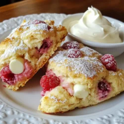 - 2 cups all-purpose flour - 1/4 cup granulated sugar - 1 tablespoon baking powder - 1/2 teaspoon salt - 1/4 cup unsalted butter, cold and cubed - 1/2 cup heavy cream - 1 large egg - 1 teaspoon vanilla extract - 1 cup fresh raspberries - 1/2 cup white chocolate chips To make perfect scones, measure your ingredients carefully. Use a dry measuring cup for flour and sugar. Spoon the flour into the cup and level it off with a knife. This helps avoid packing too much flour. For the butter, it should be cold. If you don't have unsalted butter, you can use salted butter but cut back on the added salt. For heavy cream, the best option is real cream. If you want a lighter scone, you can use milk, but the scones may be less rich. Fresh raspberries add a tart flavor, but you can use frozen if fresh ones aren&rsquo;t available. Just remember to use them straight from the freezer to avoid mushiness. White chocolate chips give a sweet touch. You can swap them for dark chocolate or even nuts to mix things up. {{ingredient_image_1}} 1. Preheat oven and prepare baking sheet First, set your oven to 400&deg;F (200&deg;C). Line a baking sheet with parchment paper. This helps the scones not stick. 2. Mixing dry and wet ingredients In a large bowl, whisk together the flour, sugar, baking powder, and salt. Mix until they are well blended. In another bowl, whisk the heavy cream, egg, and vanilla extract. This mix will add moisture and flavor. 3. Combining dough and folding in raspberries and chocolate chips Add the cold, cubed butter into the flour mix. Use your fingers or a pastry cutter to blend it in. You want it to look like coarse crumbs. Pour the wet mix into the flour and butter. Gently fold until just combined. Don't overmix! Then, carefully add in the raspberries and white chocolate chips, folding them in gently to keep the raspberries intact. 1. Shaping the dough and cutting scones Turn the dough out onto a floured surface. Knead it gently a few times until it holds together. Pat the dough into a circle about 1 inch thick. Use a knife to cut it into wedges. Place the wedges on your baking sheet. 2. Baking time and temperature Bake the scones for 15-20 minutes. Look for a light golden color on top. This means they are ready. 1. Cooling instructions Let the scones cool slightly on the baking sheet. After a few minutes, move them to a wire rack. This helps them cool evenly. 2. Presentation tips and serving ideas Serve the scones warm. You can dust them with powdered sugar for a sweet touch. Pair them with clotted cream or lemon curd. These add a nice flavor contrast and make your scones look elegant! To make great scones, cold butter is key. It helps create a flaky texture. When you mix the butter with flour, it should stay in small pieces. This keeps the scones light and airy. Avoid overmixing the dough. Mix just until everything is combined. Overmixing makes the scones tough. Gently fold in the raspberries and chocolate chips to keep their shape. You can add spices or citrus zest to boost flavor. A little lemon zest brightens the taste. Cinnamon or nutmeg adds warmth. Try different chocolate and fruit variations. Swap raspberries for blueberries or strawberries. You can also use dark chocolate instead of white. These changes give your scones a unique twist. Pro Tips Use Cold Ingredients: Make sure your butter and cream are cold to achieve flaky scones. This helps create steam in the oven, leading to a lighter texture. Mix Gently: When combining the wet and dry ingredients, mix just until incorporated. Overmixing can lead to tough scones. Fresh Raspberries: Use fresh raspberries for the best flavor and texture. If frozen, be sure to thaw and drain them before adding to the dough. Perfect Baking Time: Keep an eye on your scones while they bake. They should be lightly golden; overbaking can dry them out. {{image_2}} You can have fun with seasonal ingredients. Instead of raspberries, try different berries like blueberries or strawberries. Each berry brings a new flavor. Blueberries add a sweet burst, while strawberries give a soft texture. You can also mix in nuts or spices for extra crunch and warmth. Chopped pecans or walnuts can add a nutty taste. Spices like cinnamon or nutmeg work well, too. Just a pinch can change the whole flavor profile. If you need gluten-free options, use a gluten-free flour blend. This keeps the scones tender and light. You can also check for recipes that use almond flour or coconut flour for a twist. For vegan substitutions, replace the heavy cream with almond or coconut milk. Use a flax egg instead of the large egg. Mix one tablespoon of ground flaxseed with three tablespoons of water. Allow it to sit for a few minutes to thicken. These adjustments keep the scones delicious and inclusive for everyone at your table. To keep your Raspberry White Chocolate Scones fresh, store them at room temperature. Place them in an airtight container. This helps maintain their soft texture. If you have leftovers, consider freezing them. Wrap each scone in plastic wrap. Then, place them in a freezer bag. This protects them from freezer burn. They will stay fresh for up to three months. Fresh scones taste best within two days. After that, they may start to dry out. If you want to enjoy them later, freezing is a great option. To reheat scones, preheat your oven to 350&deg;F (175&deg;C). Place the scones on a baking sheet. Heat them for about 10 minutes. This warms them up and brings back their soft texture. You can also microwave them for about 15-20 seconds. Just be careful not to overheat, or they will become tough. Enjoy your scones warm for the best flavor! What can I substitute for heavy cream? You can use whole milk or half-and-half as a substitute for heavy cream. If you want a richer texture, add a bit of butter to the milk. This mix will help keep your scones moist. How do I know when scones are done baking? Scones are done when they turn a light golden color. They should feel firm to the touch. You can also insert a toothpick in the center. If it comes out clean, your scones are ready! Can I make the dough ahead of time? Yes, you can make the dough ahead of time. After mixing, wrap it tightly and store it in the fridge for up to 24 hours. When ready to bake, just cut and bake as usual. Now you know how to make delicious scones with fresh raspberries and white chocolate. We covered the key ingredients and how to measure them accurately. The step-by-step instructions guide you through mixing and baking. Plus, we shared tips for perfect scones, variations for every season, and storage info. With these simple steps, you can enjoy tasty scones anytime. Happy baking, and enjoy the treats with friends or family!