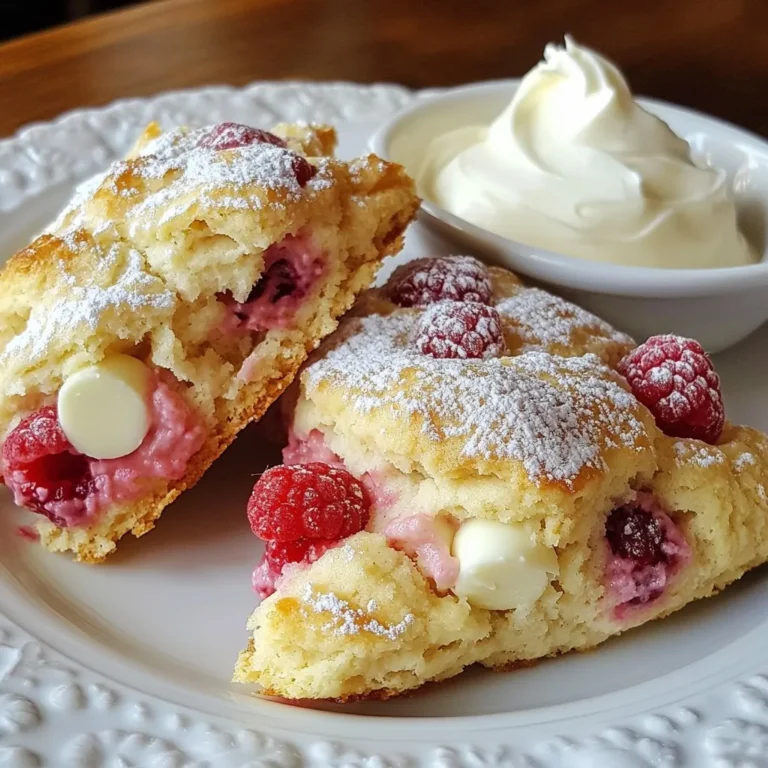 - 2 cups all-purpose flour - 1/4 cup granulated sugar - 1 tablespoon baking powder - 1/2 teaspoon salt - 1/4 cup unsalted butter, cold and cubed - 1/2 cup heavy cream - 1 large egg - 1 teaspoon vanilla extract - 1 cup fresh raspberries - 1/2 cup white chocolate chips To make perfect scones, measure your ingredients carefully. Use a dry measuring cup for flour and sugar. Spoon the flour into the cup and level it off with a knife. This helps avoid packing too much flour. For the butter, it should be cold. If you don't have unsalted butter, you can use salted butter but cut back on the added salt. For heavy cream, the best option is real cream. If you want a lighter scone, you can use milk, but the scones may be less rich. Fresh raspberries add a tart flavor, but you can use frozen if fresh ones aren’t available. Just remember to use them straight from the freezer to avoid mushiness. White chocolate chips give a sweet touch. You can swap them for dark chocolate or even nuts to mix things up. {{ingredient_image_1}} 1. Preheat oven and prepare baking sheet First, set your oven to 400°F (200°C). Line a baking sheet with parchment paper. This helps the scones not stick. 2. Mixing dry and wet ingredients In a large bowl, whisk together the flour, sugar, baking powder, and salt. Mix until they are well blended. In another bowl, whisk the heavy cream, egg, and vanilla extract. This mix will add moisture and flavor. 3. Combining dough and folding in raspberries and chocolate chips Add the cold, cubed butter into the flour mix. Use your fingers or a pastry cutter to blend it in. You want it to look like coarse crumbs. Pour the wet mix into the flour and butter. Gently fold until just combined. Don't overmix! Then, carefully add in the raspberries and white chocolate chips, folding them in gently to keep the raspberries intact. 1. Shaping the dough and cutting scones Turn the dough out onto a floured surface. Knead it gently a few times until it holds together. Pat the dough into a circle about 1 inch thick. Use a knife to cut it into wedges. Place the wedges on your baking sheet. 2. Baking time and temperature Bake the scones for 15-20 minutes. Look for a light golden color on top. This means they are ready. 1. Cooling instructions Let the scones cool slightly on the baking sheet. After a few minutes, move them to a wire rack. This helps them cool evenly. 2. Presentation tips and serving ideas Serve the scones warm. You can dust them with powdered sugar for a sweet touch. Pair them with clotted cream or lemon curd. These add a nice flavor contrast and make your scones look elegant! To make great scones, cold butter is key. It helps create a flaky texture. When you mix the butter with flour, it should stay in small pieces. This keeps the scones light and airy. Avoid overmixing the dough. Mix just until everything is combined. Overmixing makes the scones tough. Gently fold in the raspberries and chocolate chips to keep their shape. You can add spices or citrus zest to boost flavor. A little lemon zest brightens the taste. Cinnamon or nutmeg adds warmth. Try different chocolate and fruit variations. Swap raspberries for blueberries or strawberries. You can also use dark chocolate instead of white. These changes give your scones a unique twist. Pro Tips Use Cold Ingredients: Make sure your butter and cream are cold to achieve flaky scones. This helps create steam in the oven, leading to a lighter texture. Mix Gently: When combining the wet and dry ingredients, mix just until incorporated. Overmixing can lead to tough scones. Fresh Raspberries: Use fresh raspberries for the best flavor and texture. If frozen, be sure to thaw and drain them before adding to the dough. Perfect Baking Time: Keep an eye on your scones while they bake. They should be lightly golden; overbaking can dry them out. {{image_2}} You can have fun with seasonal ingredients. Instead of raspberries, try different berries like blueberries or strawberries. Each berry brings a new flavor. Blueberries add a sweet burst, while strawberries give a soft texture. You can also mix in nuts or spices for extra crunch and warmth. Chopped pecans or walnuts can add a nutty taste. Spices like cinnamon or nutmeg work well, too. Just a pinch can change the whole flavor profile. If you need gluten-free options, use a gluten-free flour blend. This keeps the scones tender and light. You can also check for recipes that use almond flour or coconut flour for a twist. For vegan substitutions, replace the heavy cream with almond or coconut milk. Use a flax egg instead of the large egg. Mix one tablespoon of ground flaxseed with three tablespoons of water. Allow it to sit for a few minutes to thicken. These adjustments keep the scones delicious and inclusive for everyone at your table. To keep your Raspberry White Chocolate Scones fresh, store them at room temperature. Place them in an airtight container. This helps maintain their soft texture. If you have leftovers, consider freezing them. Wrap each scone in plastic wrap. Then, place them in a freezer bag. This protects them from freezer burn. They will stay fresh for up to three months. Fresh scones taste best within two days. After that, they may start to dry out. If you want to enjoy them later, freezing is a great option. To reheat scones, preheat your oven to 350°F (175°C). Place the scones on a baking sheet. Heat them for about 10 minutes. This warms them up and brings back their soft texture. You can also microwave them for about 15-20 seconds. Just be careful not to overheat, or they will become tough. Enjoy your scones warm for the best flavor! What can I substitute for heavy cream? You can use whole milk or half-and-half as a substitute for heavy cream. If you want a richer texture, add a bit of butter to the milk. This mix will help keep your scones moist. How do I know when scones are done baking? Scones are done when they turn a light golden color. They should feel firm to the touch. You can also insert a toothpick in the center. If it comes out clean, your scones are ready! Can I make the dough ahead of time? Yes, you can make the dough ahead of time. After mixing, wrap it tightly and store it in the fridge for up to 24 hours. When ready to bake, just cut and bake as usual. Now you know how to make delicious scones with fresh raspberries and white chocolate. We covered the key ingredients and how to measure them accurately. The step-by-step instructions guide you through mixing and baking. Plus, we shared tips for perfect scones, variations for every season, and storage info. With these simple steps, you can enjoy tasty scones anytime. Happy baking, and enjoy the treats with friends or family!