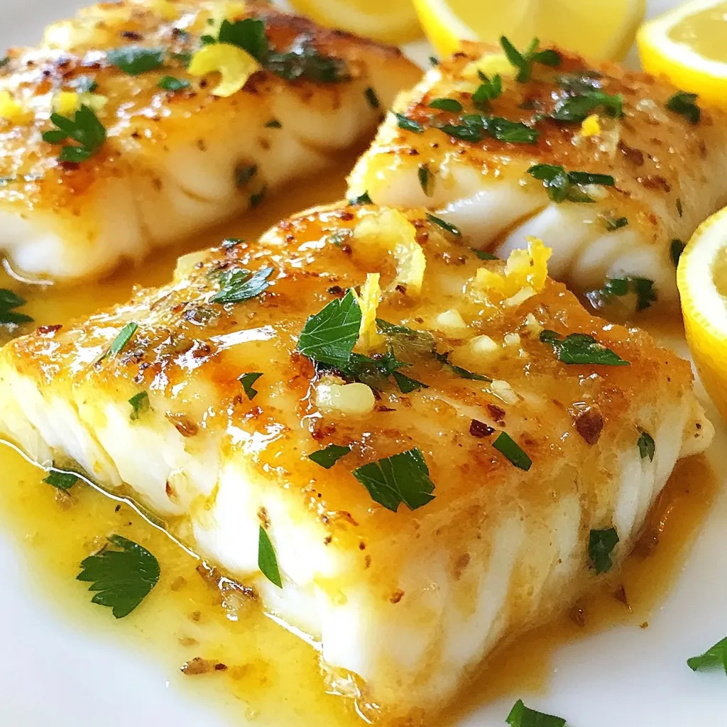 - 4 cod fillets (about 6 oz each) - 4 tablespoons unsalted butter - 4 cloves garlic, minced - 1 lemon, zested and juiced - 1 teaspoon fresh thyme leaves (or ½ teaspoon dried thyme) - Salt and pepper to taste The main ingredients for this Lemon Garlic Butter Cod are simple yet flavorful. Cod fillets are mild and flaky. They soak up the rich lemon and garlic flavors well. Unsalted butter gives the dish a creamy texture. Fresh garlic adds a warm, savory punch. The lemon juice and zest brighten the dish, making it zesty and fresh. Thyme brings a nice herbal note. Don’t forget the salt and pepper to taste; they enhance all the flavors. - Fresh parsley - Lemon wedges For garnishes, I suggest fresh parsley. It adds a pop of color and freshness. Lemon wedges are also great for serving. They let you squeeze more lemon juice over the fish if you like it tangy. These garnishes make the dish look beautiful and inviting. Plus, they add extra flavor for those who want it! {{ingredient_image_1}} First, get your cod fillets. Use paper towels to pat them dry. This step helps remove excess moisture. Next, season both sides with salt and pepper. Use enough to add good flavor. Now, it's time to cook the cod. Carefully place the seasoned fillets in a hot skillet. Cook each side for about 4-5 minutes. You want them golden brown and flaky. Be gentle when you flip them. This way, the fillets stay intact. Start by melting butter in a large skillet over medium heat. Use 2 tablespoons of unsalted butter for this part. Once the butter melts, add minced garlic. Sauté the garlic for about one minute. You want it fragrant but not brown. Now, add the cod fillets to the skillet. Make sure they lay flat in the pan. Cook them for about 4-5 minutes on the first side. When you flip, use a spatula carefully. This helps prevent breaking the fillets. Cook for the same time on the other side. Once done, the cod should flake easily with a fork. After the cod cooks, it's time for the finishing touches. Add the remaining 2 tablespoons of butter to the skillet. Then squeeze in fresh lemon juice and add lemon zest. Toss in fresh thyme leaves too. Gently spoon the melted butter mix over the cod. This infuses great flavors into the fish. Finally, remove the skillet from heat. Serve the cod hot, drizzled with the lemon garlic butter. Garnish with fresh parsley and lemon wedges on the side. This gives a fresh look and taste. Enjoy! To make sure your cod cooks just right, follow these tips. Cook the cod for about 4-5 minutes on each side over medium heat. This gives you a nice golden brown color. When you flip the cod, be gentle. Use a spatula and slide it under the fillet. This helps prevent breaking. To check if the cod is done, look for a few signs. The fish should flake easily with a fork. Also, the color should turn opaque. If it still looks shiny or translucent, give it a bit more time. Want to boost the taste of your cod? Start by adjusting the seasoning. You can add more salt or pepper to suit your taste. If you like a kick, try adding red pepper flakes for heat. You can also mix in fresh herbs or spices. Fresh basil or dill works well with lemon. A pinch of smoked paprika can give a nice depth, too. Experiment with what you enjoy! Each herb can change the flavor and make it unique. Pro Tips Tip: Use Fresh Ingredients: Fresh cod and freshly minced garlic will enhance the overall flavor of the dish significantly. Tip: Don't Overcook: Cod cooks quickly; check for doneness around the 4-minute mark to ensure it remains tender and moist. Tip: Customize the Herbs: Feel free to substitute thyme with dill or parsley for a different flavor profile. Tip: Serve with Sides: Pair the cod with a fresh salad or steamed vegetables to balance the richness of the lemon garlic butter. {{image_2}} You can change how you cook cod to get new flavors. Baking is one great way to do this. When you bake cod, it cooks evenly. It keeps the fish moist and tender. Preheat your oven to 400°F. Place the seasoned cod in a baking dish. Drizzle with lemon and butter. Bake for about 12-15 minutes. Check if it flakes easily with a fork. Frying is another method. It gives a nice, crispy outside. Heat oil in a pan over medium-high heat. Add your cod fillets. Cook for 3-4 minutes on each side. This adds a crunchy texture. Just be careful not to overcook it! Grilling cod fillets is also fun. It adds a smoky flavor. Brush the fish with oil and season well. Place the fillets on a hot grill. Cook for about 4-5 minutes per side. The grill marks look great and taste even better. You can get creative with your fish choice. Cod is tasty, but other fish work too. Try using halibut or haddock. They have similar textures and flavors. You can also consider salmon for a richer taste. Switching up the herbs or fruits can give new life to the dish. Instead of thyme, use dill or basil. Both add fresh and bright notes. You can swap lemon for lime for a different twist. Citrus fruits bring a zing that wakes up the flavor. Experimenting with these swaps lets you make unique meals. It also helps you use what you have on hand. Enjoy discovering new combos! To keep your Lemon Garlic Butter Cod fresh, let it cool first. Place the cod in an airtight container. This stops air from getting in and keeps the fish tasty. You can store it in the fridge for up to three days. If you won’t eat it soon, freeze it. Wrap the cod tightly in plastic wrap, then place it in a freezer bag. This way, it can last for about three months. When you’re ready to eat the leftovers, you want them warm and moist. The best way to reheat cod is in a skillet. Heat a little butter over medium heat. Add the cod and cover the pan. This keeps the moisture in. Cook for about three to four minutes on each side. If you prefer, you can use the oven. Preheat it to 350°F (175°C). Place the cod in a baking dish with a splash of water or broth. Cover with foil and heat for about 10 minutes. Enjoy your delicious cod just like the first time! You can serve Lemon Garlic Butter Cod with many tasty sides. Here are some great options: - Steamed vegetables like broccoli or green beans - Garlic mashed potatoes for a creamy touch - Quinoa for a healthy grain option - Rice, either white or brown, to soak up the sauce - A fresh green salad for a light contrast Yes, you can use frozen cod fillets. Just remember to thaw them first. Place the fillets in the fridge overnight. If you need them quick, put them in a sealed bag and run under cold water for about 30 minutes. This helps keep the fish tender and prevents it from cooking unevenly. The cod is done when it flakes easily with a fork. It should be opaque and no longer translucent. You can also use a food thermometer to check the inside temperature. It should reach 145°F (63°C) for safe eating. Yes, you can make this dish dairy-free. Instead of butter, you can use olive oil or a dairy-free butter substitute. This will still give you a rich flavor without the dairy. Cod is a healthy fish choice. Here are some benefits: - High in protein, which helps build muscle - Low in calories, making it great for weight loss - Rich in omega-3 fatty acids, good for heart health - Contains vitamins B6 and B12, important for energy - A good source of selenium, which boosts immunity This blog post showed you how to cook Lemon Garlic Butter Cod. We discussed main ingredients like cod fillets, butter, and garlic. You learned step-by-step instructions, plus tips for perfect cooking. Variations let you try new flavors or methods. Lastly, storage tips ensure leftovers stay fresh. Enjoy making this tasty dish. With these tips, you can impress anyone at your table!