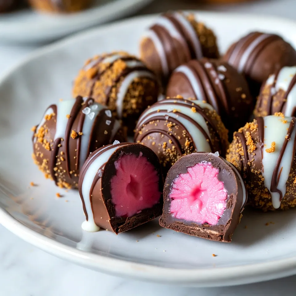 For this recipe, you need 1 cup of fresh strawberries. Make sure they are ripe and hulled. This means you remove the green tops and any leaves. Fresh strawberries add a sweet and fruity flavor that makes these truffles special. You will need 1 cup of dark chocolate chips or chopped chocolate. Dark chocolate gives a rich taste that balances the sweetness of the strawberries. You will also need 1/2 cup of white chocolate chips for the drizzle. This adds a creamy touch and a nice look. Gather 1 cup of sweetened condensed milk. This makes the truffles creamy and smooth. You will also need 1 teaspoon of vanilla extract for extra flavor. Lastly, use 1 cup of graham cracker crumbs to roll the truffles in. This gives them a crunchy texture. Don't forget to add a pinch of sea salt on top for that perfect finish! {{ingredient_image_1}} Start by hulling the fresh strawberries. This means removing the green tops. After that, place the strawberries in a blender. Blend them until they turn smooth. You want about 3/4 cup of strawberry puree. This adds great flavor to the truffles. Next, grab a microwave-safe bowl. Combine the dark chocolate chips and sweetened condensed milk in it. Microwave this mixture in 30-second bursts. Stir the mix in between each burst. Keep going until it is fully melted and smooth. This will be the base for your truffles. Then, add the vanilla extract and strawberry puree. Stir well to combine everything. Now it’s time to chill the mixture. Cover the bowl with plastic wrap. Place it in the fridge for about 1 to 2 hours. Once the mixture is firm, use a small cookie scoop to form balls. Aim for about 1 inch in diameter. Roll the balls in graham cracker crumbs for added texture. For decoration, melt the white chocolate chips in another bowl. Use the same method as before. After melting, drizzle the white chocolate over the truffles. While the white chocolate is still wet, sprinkle a tiny pinch of sea salt on each truffle. Finally, chill the truffles on a parchment-lined sheet for about 30 minutes. This helps the chocolate set perfectly. To get the right texture for your truffles, start with the chocolate mixture. Heat the dark chocolate chips and sweetened condensed milk slowly. Stir often to avoid burning the chocolate. Once melted, mix in your strawberry puree. The mixture should be smooth and thick. If it feels too runny, chill it longer. This helps it firm up and makes scooping easier. I recommend using dark chocolate chips for the best flavor. Dark chocolate gives a rich taste that pairs well with strawberries. You can also use chopped dark chocolate if you prefer. If you like sweeter truffles, feel free to use milk chocolate. Just remember, the type of chocolate affects the taste. Choose one that you love! To keep your truffles fresh, store them in the fridge. Place them in an airtight container. This keeps them safe from odors and moisture. If you want to keep them longer, you can freeze the truffles. Just wrap each one in plastic wrap and place them in a freezer bag. They last up to three months frozen. When ready to eat, let them thaw in the fridge for a few hours. Pro Tips Use Ripe Strawberries: Make sure your strawberries are ripe for the best flavor. Sweet, juicy strawberries will enhance the taste of your truffles significantly. Chill Thoroughly: Allow the chocolate mixture to chill completely before forming the truffles. This ensures they hold their shape well and are easier to handle. Quality Chocolate Matters: Use high-quality chocolate for coating and drizzling. It makes a big difference in taste and texture, making your truffles more decadent. Experiment with Toppings: Feel free to get creative with toppings! Consider using crushed nuts, coconut flakes, or different types of sprinkles for added flavor and texture. {{image_2}} You can change the taste of your truffles. Adding flavors makes them unique. Try mixing in 1-2 tablespoons of your favorite fruit puree. You can use raspberry or mango for a fruity twist. Or, add a splash of almond or orange extract for a new taste. You might also consider adding a bit of cream cheese for a cheesecake flavor. This adds a nice tang to your truffles. While graham cracker crumbs give a nice crunch, you can try other coatings too. Roll your truffles in crushed nuts like almonds or hazelnuts for a nutty flavor. Shredded coconut can add a tropical touch. If you want something sweeter, use crushed cookies or even rainbow sprinkles. Each coating changes the texture and look of your truffles. Instead of just white chocolate, you can get creative with your drizzles. Use colored chocolate melts for a fun design. You can create patterns by drizzling back and forth. Another option is to use caramel or even peanut butter for a different taste. This adds richness and a fun look to your truffles. Store your chocolate covered strawberry truffles in the fridge. Place them in an airtight container. This keeps them fresh and prevents them from drying out. You can layer parchment paper between truffles to avoid sticking. Make sure to consume them within a week for the best taste. Want to keep them longer? You can freeze the truffles! First, let them chill in the fridge until firm. Then, place them in a single layer on a baking sheet. Freeze for about an hour. After that, transfer them to a freezer-safe bag or container. They can last up to three months in the freezer. These truffles are best enjoyed fresh. In the fridge, they last about a week. If frozen, they stay good for three months. However, the texture may change slightly after thawing. Always check for any signs of spoilage before eating. You can store chocolate-covered strawberry truffles in the fridge for up to one week. Keep them in an airtight container to keep them fresh. If you want to save them longer, you can freeze them for up to three months. Just make sure to separate each truffle with parchment paper to prevent sticking. Yes, you can use milk chocolate. Milk chocolate will make the truffles sweeter and creamier. Just follow the same melting process. Keep in mind that the taste will be different, but still delicious! - Not chilling the mixture enough: Chilling helps set the truffles. If it’s too soft, you can’t scoop well. - Overheating the chocolate: Heat it slowly to avoid seizing. Stir often while melting. - Skipping the sea salt: Adding a pinch on top enhances flavor. Don't forget it! - Not rolling in crumbs: This adds texture. Don’t skip this fun step! In this blog post, we explored how to make chocolate-covered strawberry truffles. We covered the right ingredients, step-by-step instructions, and useful tips. You learned about variations to try and how to store your truffles for freshness. These tasty treats are easy to make and fun to share. Enjoy experimenting with flavors and coatings. With practice, you’ll make perfect truffles every time. Happy baking!