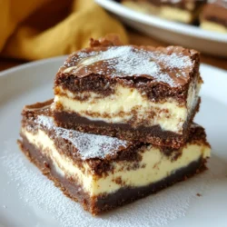 To make Eggnog Cheesecake Brownies, you need a few key ingredients: - 1 cup semi-sweet chocolate chips - 1/2 cup unsalted butter - 1 cup granulated sugar - 2 large eggs - 1 teaspoon vanilla extract - 1/2 cup all-purpose flour - 1/4 teaspoon salt - 1/4 teaspoon baking powder - 1 cup cream cheese, softened - 1/3 cup powdered sugar - 1/4 cup eggnog - 1/2 teaspoon ground nutmeg - 1/2 teaspoon ground cinnamon These ingredients create a rich, chocolatey base with a creamy eggnog layer. You can swap some ingredients if needed. Here are a few ideas: - Use dark chocolate chips for a richer flavor. - Substitute coconut oil for butter for a dairy-free option. - For a gluten-free treat, replace all-purpose flour with almond flour or a gluten-free blend. - You can use a dairy-free cream cheese if you want a vegan version. These swaps can help you cater to different diets without losing taste. Choosing the right ingredients makes a big difference. Here&rsquo;s what I recommend: - Look for high-quality semi-sweet chocolate chips for the best flavor. - Select fresh eggs; they should feel heavy and have clean shells. - Use pure vanilla extract, not imitation, for a deeper taste. - Pick cream cheese that is full-fat for a creamy texture. - Choose eggnog that has no added preservatives for the best flavor. When you use quality ingredients, you ensure your brownies taste amazing. {{ingredient_image_1}} To start, preheat your oven to 350&deg;F (175&deg;C). Grease a 9x9-inch baking pan or line it with parchment paper. In a medium saucepan, melt 1/2 cup of unsalted butter and 1 cup of semi-sweet chocolate chips over low heat. Stir continuously until the mixture is smooth. Once melted, remove it from heat and let it cool slightly. In a mixing bowl, whisk together 1 cup of granulated sugar and 2 large eggs until light and fluffy. Stir in 1 teaspoon of vanilla extract. Carefully fold the chocolate mixture into the egg mixture until combined. Sift together 1/2 cup of all-purpose flour, 1/4 teaspoon of salt, and 1/4 teaspoon of baking powder. Fold this dry mix into the chocolate mixture. Be careful not to overmix! Next, pour half of the brownie batter into your prepared pan. Spread it evenly across the bottom. In another bowl, beat 1 cup of softened cream cheese until smooth. Add 1/3 cup of powdered sugar, 1/4 cup of eggnog, 1/2 teaspoon of ground nutmeg, and 1/2 teaspoon of ground cinnamon. Mix until well combined. Now, spoon the cream cheese mixture over the brownie layer in dollops. Use a knife or toothpick to gently swirl it into the brownie batter. This creates a lovely marbled effect. Pour the remaining brownie batter over the cream cheese layer. Spread it evenly. Bake in the preheated oven for about 30-35 minutes. A toothpick inserted should come out mostly clean; a few moist crumbs are okay. After baking, remove the pan from the oven. Let it cool on a wire rack before cutting into squares. Enjoy the deliciousness! To create a stunning swirl, use a toothpick or knife. After you add the cream cheese mix, gently drag it through the brownie batter. Don't mix too much. You want to see both colors. This gives your brownies a marbled look that is eye-catching. For moist and fudgy brownies, don&rsquo;t overbake them. Bake until a toothpick comes out with a few moist crumbs. Also, let the brownies cool in the pan. This keeps them soft and chewy. Using good quality chocolate chips adds richness, too. Serve these brownies on a festive plate for a special touch. Dust them with powdered sugar and sprinkle some nutmeg on top. Add a dollop of whipped cream beside each brownie. This extra creaminess makes them even more delicious and festive. Pro Tips Use Quality Chocolate: Opt for high-quality semi-sweet chocolate chips for a richer flavor in your brownies. Don&rsquo;t Overmix: When combining the brownie and cream cheese mixtures, mix until just combined to keep the brownies fudgy and tender. Chill Before Serving: For best results, let the brownies chill in the fridge for a couple of hours after baking; this enhances the flavors and makes them easier to cut. Add Extra Spice: Feel free to adjust the amount of nutmeg and cinnamon to your taste for a more pronounced holiday flavor. {{image_2}} You can easily change up these eggnog cheesecake brownies. Adding chocolate chunks can make them richer. Just fold in a cup of semi-sweet chocolate chunks before baking. You can also drizzle caramel on top. This adds a nice sweet touch. Simply heat some caramel sauce and drizzle it over the cooled brownies. Your guests will love the extra flavor! If you need a gluten-free option, it&rsquo;s simple to adapt this recipe. Swap out the all-purpose flour for a gluten-free flour blend. Many blends work well in baking. Make sure to check the mix for a good texture. This way, everyone can enjoy these festive treats without worry! To make a vegan version, you can replace a few key ingredients. Use dairy-free butter and vegan cream cheese. For eggs, mix one tablespoon of ground flaxseed with three tablespoons of water. Let it sit for a few minutes to thicken. You can also use plant-based eggnog. These swaps keep the creamy cheesecake and rich brownie flavors intact while making them vegan-friendly! After you make these brownies, let them cool completely. Cut them into squares. Place the squares in an airtight container. Store them at room temperature for up to three days. If you want them to last longer, keep them in the fridge. They will stay fresh for about a week in the fridge. If you want to freeze your brownies, wrap each square tightly in plastic wrap. Then, place them in a freezer bag. You can freeze them for up to three months. When you want to eat them, take them out and let them thaw. Leave them at room temperature for a few hours. You can also warm them in the oven for a few minutes for that fresh-baked taste. Cream cheese desserts need special care. Always store them in the fridge. Make sure they are in a sealed container to avoid drying out. If you have leftovers, consume them within a week for the best flavor. This way, you can enjoy the creamy goodness of your eggnog cheesecake brownies! Yes, you can use homemade eggnog. It adds a personal touch to your brownies. Just make sure it is creamy and not too thick. Homemade eggnog often has richer flavors than store-bought. This can make your brownies taste even better! To make these brownies more festive, try these tips: - Add holiday sprinkles on top for color. - Use peppermint extract instead of vanilla for a minty twist. - Top with crushed candy canes for a crunchy finish. - Serve with a sprinkle of cinnamon or nutmeg on top. These simple changes can brighten your dessert and wow your guests! Yes, it is best to let the brownies cool. Cooling helps them set and makes cutting easier. If you cut too soon, they may fall apart. I recommend waiting at least 20 minutes. This gives them time to firm up and hold their shape. Enjoy them warm or at room temp! In this post, we explored how to make delicious Eggnog Cheesecake Brownies. We covered key ingredients, helpful substitutions, and tips for choosing quality items. I guided you through step-by-step instructions for making the batter and cream cheese mix. You learned tricks for perfect swirls and moist brownies, along with festive serving ideas. We also discussed fun variations, storage tips, and answered common questions. With these insights, you can create tasty treats that impress everyone. Enjoy baking and sharing your festive brownies with friends and family!