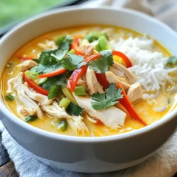 - 1 tablespoon coconut oil - 1 onion, thinly sliced - 3 cloves garlic, minced - 1 tablespoon fresh ginger, grated - 2 stalks lemongrass, trimmed and smashed - 4 cups chicken broth - 1 can (13.5 oz) coconut milk - 1 pound chicken breast, thinly sliced - 1 red bell pepper, julienned - 1 cup mushrooms, sliced - 2-3 Thai bird's eye chilies, sliced (adjust to taste) - 2 tablespoons fish sauce - 2 tablespoons lime juice - Fresh cilantro leaves, for garnish - Sliced green onions, for garnish - Cooked jasmine rice (optional, for serving) Each ingredient plays a key role in the soup. The coconut oil gives a rich base. Onions add sweetness. Garlic and ginger bring warmth. Lemongrass adds a unique flavor. Chicken broth makes it hearty. Coconut milk gives creaminess. Chicken provides protein. The bell pepper and mushrooms add texture. Thai chilies give heat, while fish sauce adds umami. Lime juice brightens it all up. Cilantro and green onions are for garnish and freshness. You can swap coconut oil for olive oil if needed. Any onion works, but yellow or white are best. If you don&rsquo;t have lemongrass, use a bit of lime zest. Chicken broth can be replaced with vegetable broth for a lighter option. For a dairy-free choice, ensure your coconut milk is pure. If you can&rsquo;t find Thai chilies, use jalape&ntilde;os for some spice. Fish sauce can be replaced by soy sauce for a vegan version. {{ingredient_image_1}} To start, gather all your ingredients. You need coconut oil, onion, garlic, ginger, lemongrass, chicken broth, coconut milk, chicken breast, red bell pepper, mushrooms, Thai chilies, fish sauce, lime juice, cilantro, and green onions. You can get everything ready in about 15 minutes. 1. Slice the onion thinly. 2. Mince the garlic. 3. Grate the ginger. 4. Trim and smash the lemongrass. 5. Julienne the red bell pepper. 6. Slice the mushrooms. These steps help to save time and make cooking easier. Now let&rsquo;s cook the soup. It takes about 20 minutes to make, and it&rsquo;s so worth it. 1. Heat the coconut oil in a large pot over medium heat. 2. Add the sliced onion and saut&eacute; for 3-4 minutes until it softens. 3. Stir in the minced garlic, grated ginger, and smashed lemongrass. Saut&eacute; for another 2 minutes until it smells great. 4. Pour in the chicken broth and bring it to a gentle boil. 5. Add the coconut milk, thinly sliced chicken breast, red bell pepper, mushrooms, and Thai chilies. Stir well. 6. Simmer this mixture for about 10-12 minutes until the chicken is cooked through. 7. Season the soup with fish sauce and lime juice. Taste it and adjust if needed. 8. Remove the lemongrass stalks before serving. Now for the best part&mdash;serving! - Ladle the soup into bowls. - Garnish with fresh cilantro and sliced green onions. - Serve hot. You can add cooked jasmine rice on the side if you want. This soup is a warm hug in a bowl. Enjoy every spoonful! When making Thai coconut chicken soup, avoid using too much heat. Cooking on high can burn the garlic and ginger. This makes your soup bitter. Also, don't skip the fish sauce. It adds depth to the dish. If you forget to remove the lemongrass stalks before serving, diners may bite into them. That ruins the experience! To boost flavors, use fresh ingredients. Fresh herbs like cilantro and lime juice make a big difference. Try adding a splash of coconut milk at the end for creaminess. If you like it spicy, add more bird's eye chilies. Taste as you cook, and adjust to your liking. A little sugar can balance the heat and acidity too. Using the right tools makes cooking easier. A sharp knife helps slice the chicken and veggies thinly. A large pot allows for even cooking. A wooden spoon works best for stirring without scratching your pot. If you have a whisk, it helps mix the soup well. Lastly, have a ladle ready for easy serving! Pro Tips Use Fresh Ingredients: Fresh herbs and spices will enhance the flavor of the soup significantly, so opt for fresh ginger, cilantro, and chilies when possible. Adjust the Spice Level: Thai bird's eye chilies can be quite hot; start with a smaller amount and gradually add more to reach your desired spice level. Simmer for Flavor: Allow the soup to simmer longer if you have time; this will deepen the flavors as the ingredients meld together. Garnish Generously: Don't skip the garnish! Fresh cilantro and green onions add a burst of freshness and color to the soup. {{image_2}} You can make this soup vegetarian. Replace chicken with tofu or tempeh. Use vegetable broth instead of chicken broth. Add more veggies like zucchini or carrots for extra texture. This way, you keep the soup creamy and flavorful. Want more heat? Add extra Thai bird's eye chilies. Start with one and taste as you go. You can also use chili paste for a different flavor. If you prefer mild soup, remove the chilies. You can also add coconut sugar to balance the spice. Get creative with your soup! Add bok choy for crunch or snap peas for sweetness. Try adding corn for a sweet pop. Fresh lime leaves can enhance the aroma. You can also mix in different mushrooms for unique flavors. Each addition brings a new twist to this classic soup! To keep your Thai Coconut Chicken Soup fresh, let it cool first. Then, transfer it to an airtight container. You can store it in the fridge for up to three days. Make sure to seal it well to avoid any odors from other foods. If you want to save it for later, freezing works great too! Pour the soup into freezer-safe containers. Leave some space at the top for expansion. It can stay in the freezer for up to three months. Just remember to label your container with the date you froze it. When you&rsquo;re ready to enjoy your soup again, thaw it overnight in the fridge. Then, pour it into a pot and heat on low. Stir gently until it&rsquo;s hot. If it seems too thick, add a splash of chicken broth or water to reach your desired consistency. Enjoy your warm, comforting bowl! You can enjoy this soup with many tasty sides. Cooked jasmine rice pairs well with the soup. It helps soak up the rich coconut broth. You can also serve it with crispy spring rolls. A light salad with fresh veggies adds a nice crunch. For added flavor, try some Thai chili sauce on the side. To turn up the heat, add more Thai bird's eye chilies. You can also use a spicy chili paste. Adding a splash of sriracha before serving works great, too. Remember to taste as you go. This way, you can find your perfect spice level! Yes, you can use frozen chicken! Just make sure to thaw it before cooking. If you add it frozen, it may take longer to cook through. Always check that the chicken reaches 165&deg;F for safety. This ensures you get juicy and safe chicken in your soup. We covered the key parts of making Thai Coconut Chicken Soup. You learned the main ingredients, measurements, and substitutions. I showed you how to prepare and cook the soup step-by-step. Tips and tricks helped you avoid common mistakes. You also discovered variations, storage info, and FAQs. This soup is flexible and tasty. Make it your own and enjoy the rich flavors. Now, grab your ingredients and start cooking!