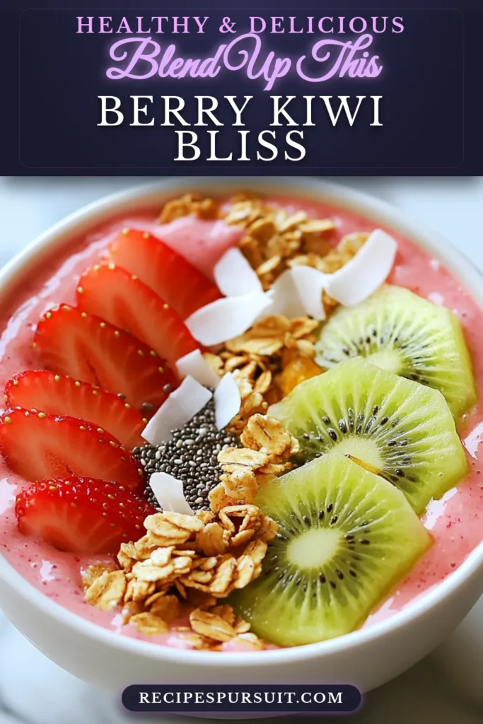 Indulge in a deliciously refreshing strawberry kiwi smoothie bowl that is perfect for breakfast or a snack! This healthy smoothie bowl recipe is not only vegan but also packed with fresh fruit flavors. With easy smoothie bowl toppings like granola and chia seeds, it's a fun way to enjoy your greens. Blend up this colorful masterpiece in just 10 minutes! Save this recipe for a fruity treat you'll love! #SmoothieBowl #HealthyEating #VeganRecipes #BreakfastIdeas