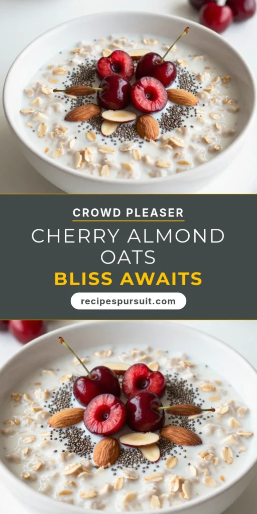 Start your day with delicious Cherry Almond Overnight Oats! This easy breakfast oats recipe combines rolled oats, chia seeds, almond milk, and sweet cherries for a nutritious meal ready to grab and go. Perfect for a healthy overnight oats recipe, these overnight oats with fruit are sure to satisfy your morning cravings. Try this Cherry Almond Bliss recipe for a tasty start! Save this post for your breakfast ideas! #OvernightOats #HealthyBreakfast #ChiaSeedOatmeal #CherryAlmondOats