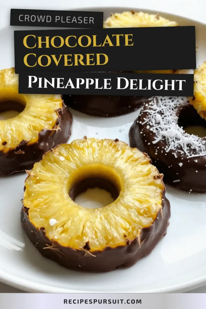 Indulge in this easy chocolate dessert with our delicious chocolate covered pineapple rings recipe. Fresh pineapple rings are dipped in rich dark chocolate and can be customized with sea salt, shredded coconut, or crushed nuts. These tropical fruit snacks are not just a treat but a perfect way to enjoy healthy fruit. Try making these chocolate covered pineapple delights today and impress your friends! #ChocolateCoveredPineapple #EasyChocolateDessert #TropicalFruitSnacks #PineappleRingsRecipe