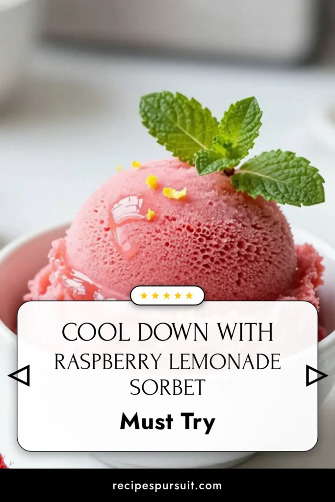 Beat the heat with this delicious raspberry lemonade sorbet! This homemade sorbet recipe combines fresh raspberries and zesty lemon for a truly refreshing summer dessert. Perfect for warm days, this easy fruit sorbet is sure to impress. Ready in just a few hours, it's the ultimate lemon raspberry dessert for any occasion. Try it today and enjoy the burst of fruity flavor! Don&rsquo;t forget to pin for later. #RaspberryLemonadeSorbet #SummerDesserts #FruitSorbet #HomemadeDesserts