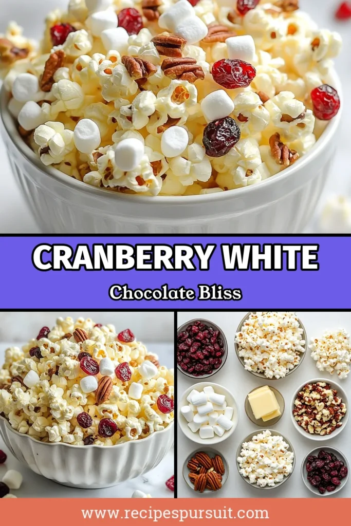 Indulge in this delicious Cranberry White Chocolate Popcorn, the perfect blend of sweet and salty for your next gathering! This easy dessert popcorn recipe combines crunchy popcorn with creamy white chocolate, tangy dried cranberries, and optional pecans for a gourmet popcorn treat. Perfect for holiday snack ideas or as gifts, you'll want to save this recipe! Try it today! #CranberryWhiteChocolatePopcorn #HolidaySnacks #GourmetPopcorn #EasyDessert