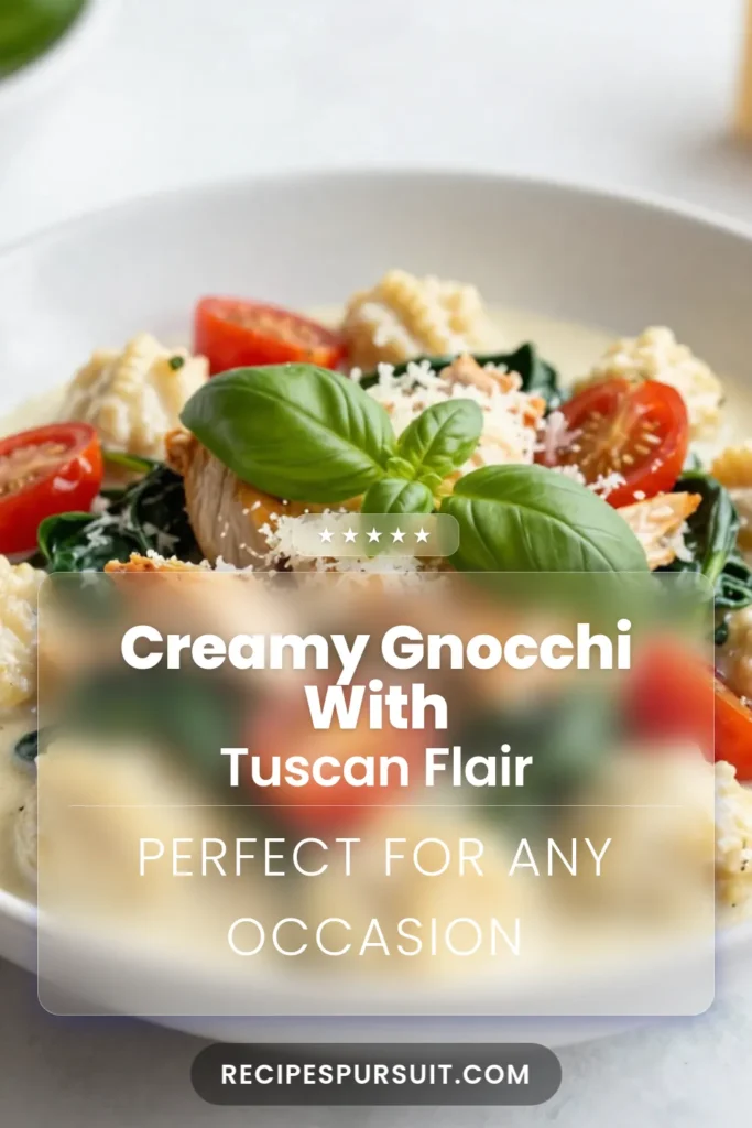 Indulge in this delicious Creamy Tuscan Chicken Gnocchi that's perfect for a quick weeknight meal! This easy gnocchi recipe combines tender chicken, saut&eacute;ed garlic, and fresh spinach in a creamy sauce, creating a satisfying one-pan gnocchi dish your family will love. Ready in just 30 minutes, it's a fantastic quick chicken dinner option. Don't forget to save this Tuscan chicken pasta recipe for later! #CreamyTuscanChickenGnocchi #EasyGnocchiRecipe #QuickChickenDinner #OnePanGnocchiDish