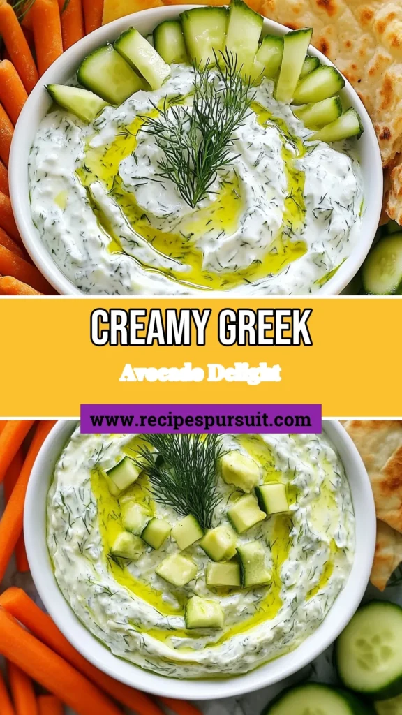Looking for a delicious and healthy dip? Try this Greek avocado dip that combines creamy avocado with tangy Greek yogurt in an easy tzatziki dip recipe. This Mediterranean avocado tzatziki is perfect for parties or as a nutritious snack. Serve it with pita bread or fresh veggies for a refreshing treat. Don&rsquo;t miss out on this must-try tzatziki avocado recipe. Save it now! #GreekAvocadoDip #HealthyDip #MediterraneanRecipes #TzatzikiDip