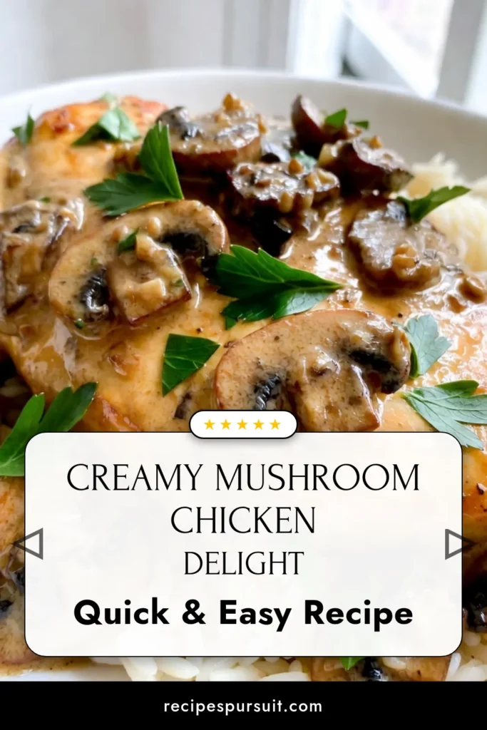 Indulge in the deliciousness of Creamy Garlic Mushroom Chicken, an Easy Chicken Dinner that promises comfort and flavor! This Garlic Mushroom Chicken Recipe is perfect for busy weeknights and can be made in just one pan. Enjoy tender chicken in a rich, creamy sauce with saut&eacute;ed mushrooms and garlic. Ready in 30 minutes, it&rsquo;s a must-try comfort food chicken dish! Save this recipe for your next family meal! #EasyDinner #OnePanRecipe #ComfortFood #ChickenDinner