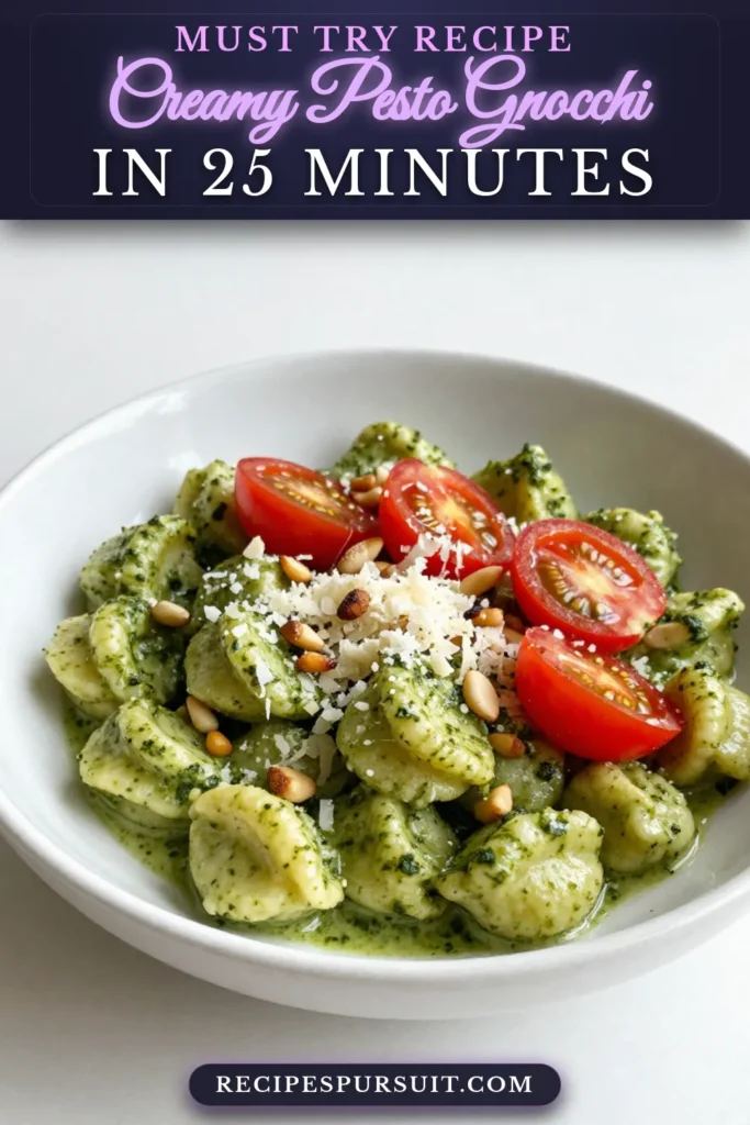 Indulge in the rich flavors of Creamy Pesto Gnocchi, a delightful vegetarian pasta dish perfect for a quick dinner recipe! This easy gnocchi recipe features a luscious basil pesto sauce made from fresh basil, pine nuts, and creamy goodness. In just 25 minutes, you can enjoy a comforting bowl garnished with cherry tomatoes. Try this delicious dish tonight and save for later! #CreamyPestoGnocchi #GnocchiRecipe #VegetarianPastaDish #QuickDinnerRecipe