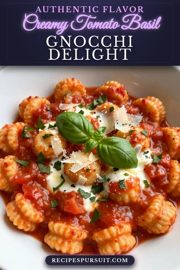 Indulge in this creamy tomato basil gnocchi, a delightful dish that's perfect for any night! With easy gnocchi recipes like this, you'll impress your family in no time. This homemade gnocchi sauce combines rich tomatoes and creamy goodness, making it a go-to for creamy pasta dishes. Enjoy a vegetarian twist with this delicious meal. Try it today and save for later! #CreamyTomatoBasilGnocchi #EasyGnocchiRecipes #VegetarianTomatoRecipes #CreamyPastaDishes