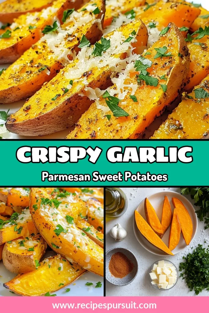 Savor the flavor of these Garlic Parmesan Sweet Potatoes! This Sweet Potato Wedge Recipe transforms simple ingredients into crispy sweet potato wedges that are perfect for a healthy garlic Parmesan snack. Baked to perfection, these delicious sweet potato fries make for an irresistible side dish or appetizer. Try them today and enjoy a guilt-free treat! Save this recipe for later and impress your friends! #GarlicParmesan #SweetPotatoWedges #HealthySnacks #BakedFries