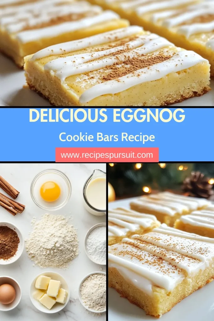 Indulge in the festive spirit with these delicious Eggnog Cookie Bars! This easy Christmas cookies recipe combines the classic flavors of eggnog into a chewy sugar cookie bars recipe that's perfect for your holiday gatherings. Whether for a cozy night in or a party treat, these Eggnog Cookie Bars are a must-try among holiday cookie recipes. Make these festive desserts today! Save this recipe for a delightful Christmas! #EggnogCookieBars #HolidayBaking #SugarCookieBarsRecipe #FestiveDesserts