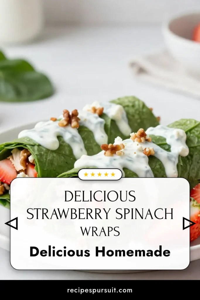 Discover the delightful taste of Strawberry Spinach Chicken Wraps, a healthy chicken wrap recipe that&rsquo;s perfect for a nutritious lunch. Packed with fresh spinach, juicy strawberries, and a creamy Greek yogurt dressing for wraps, these easy spinach wrap recipes come together in just 15 minutes. Try them for your next meal and enjoy a burst of flavor. Save this recipe for quick and healthy lunches! #HealthyEats #LunchIdeas #WrapRecipe #CleanEating