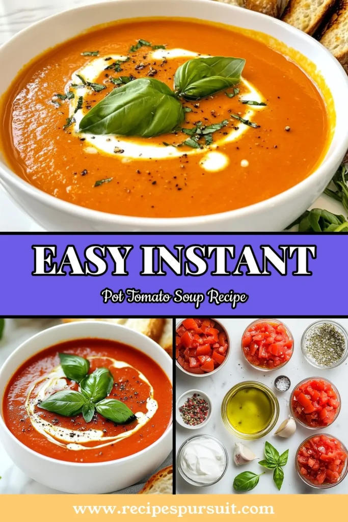 Discover the ultimate comfort food with this Instant Pot creamy tomato soup recipe! Perfect for quick meals, this easy tomato soup Instant Pot version is not only delicious but also offers a dairy-free option for those who need it. In just 30 minutes, you can enjoy a rich, creamy tomato soup that&rsquo;s perfect for any occasion. Save this quick creamy soup recipe for a cozy night in! #InstantPotTomatoSoup #CreamyTomatoSoupRecipe #DairyFreeTomatoSoup #QuickSoupRecipe
