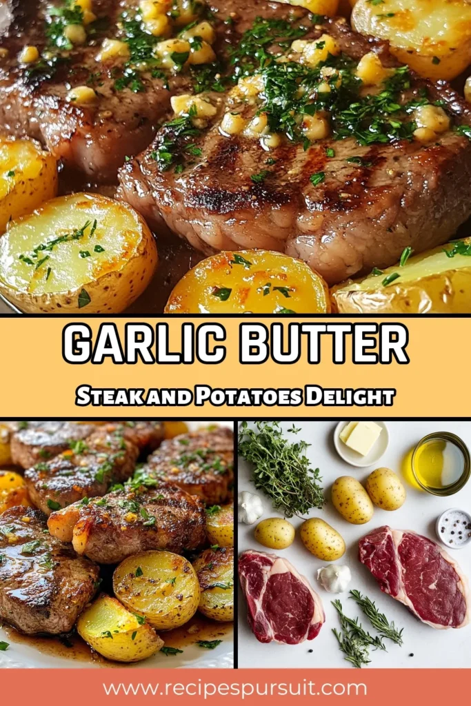 Indulge in this delicious Garlic Butter Steak & Potatoes Skillet, the perfect easy steak and potatoes dish that combines tender ribeye steak with flavorful garlic herb potatoes. This garlic butter steak recipe is quick to make and ideal for busy nights. Enjoy a mouthwatering skillet dinner that&rsquo;s sure to impress! Save this recipe for your next meal idea. #GarlicButterSteak #SkilletDinner #SteakAndPotatoes #EasyDinnerRecipe