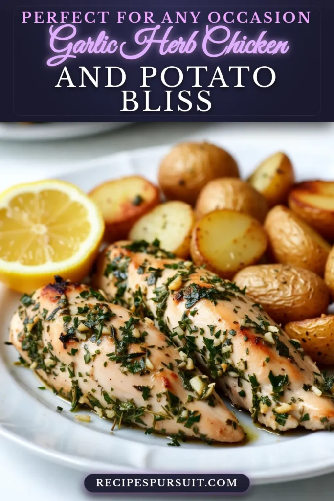 Discover the deliciousness of this Garlic Herb Chicken recipe paired with perfectly roasted chicken and potatoes for an easy chicken dinner that your family will love. This baked garlic chicken is packed with flavor from fresh herbs and lemon, making it a standout dish. Perfect for any night of the week! Try this lemon herb chicken recipe and elevate your dinner game. Save this recipe for your next meal! #GarlicHerbChicken #EasyDinner #BakedChicken #ChickenRecipes