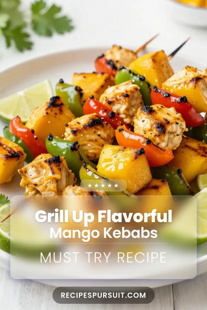 Try this easy mango chicken recipe for your summer grilling! These Mango Lime Chicken Kebabs are bursting with flavor and make perfect healthy summer grilled chicken skewers. The grilled chicken kabobs recipe features marinated chicken, juicy mango, and vibrant bell peppers for a delicious meal. Perfect for any gathering! Save this recipe to impress your guests today! #MangoLimeChickenKebabs #GrilledChickenKabobs #EasyMangoChickenRecipe #HealthyLimeChickenMarinade
