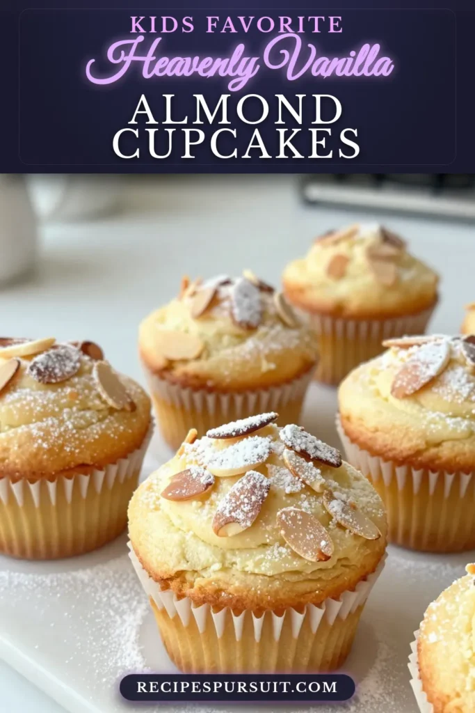 Indulge in these delightful vanilla almond cupcakes, bursting with nutty flavor thanks to almond extract. This easy cupcake recipe is perfect for any occasion and can be whipped up in just 35 minutes! Enjoy homemade vanilla cupcakes that are fluffy, tender, and garnished with sliced almonds. Elevate your dessert game with these delicious treats! Save this recipe for later! #VanillaAlmondCupcakes #EasyCupcakeRecipes #NuttyFlavorDesserts #AlmondExtractCupcakes