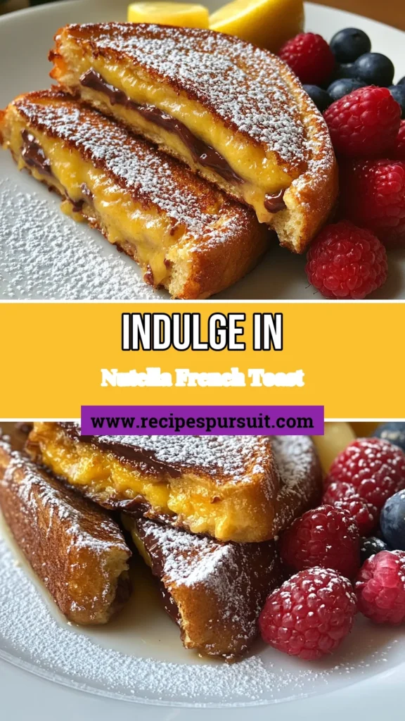 Indulge in this easy Nutella French toast recipe that&rsquo;s perfect for a delicious start to your day. This stuffed French toast with Nutella combines thick slices of bread with rich chocolate for a breakfast treat everyone will love. In just 20 minutes, you can savor this indulgent French toast recipe topped with powdered sugar and fresh berries. Click to make this chocolate French toast a morning favorite! #NutellaFrenchToast #EasyBreakfast #ChocolateLovers #IndulgentTreats
